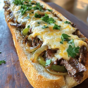 - 1 large French baguette - 1 pound ribeye steak, thinly sliced against the grain - 1 tablespoon olive oil - 1 small onion, thinly sliced - 1 green bell pepper, thinly sliced - 2 cloves garlic, minced - 1 teaspoon Worcestershire sauce - Salt and freshly ground black pepper to taste - 1 cup provolone cheese, shredded - 1 cup mozzarella cheese, shredded - Fresh parsley, chopped, for garnish Gathering the right ingredients is key for this dish. The French baguette serves as the perfect base. It has a nice crunch outside and a soft center. Ribeye steak is the star. It gives the cheesy bread that rich flavor. Slice it against the grain to keep it tender. Next, we add olive oil, onion, and green bell pepper. These ingredients provide sweetness and crunch. Garlic and Worcestershire sauce bring in depth. Don’t forget salt and black pepper to taste—these enhance all the flavors. Finally, we need cheese. Provolone and mozzarella combine for a melty, gooey effect. Top it all with fresh parsley for color and a hint of freshness. This recipe is a blend of flavors and textures. Trust me, you will want to make this dish again and again. For the full recipe, check the details included above. 1. First, preheat your oven to 375°F (190°C). This heat will make the cheesy bread perfect. 2. Next, heat a large skillet over medium-high heat. Add 1 tablespoon of olive oil. 3. Once the oil is hot, add the thinly sliced onion and green bell pepper. Cook them for about 5-7 minutes. Stir often until they soften and turn golden. 4. After that, add 2 cloves of minced garlic. Cook for 1 more minute. This will make your kitchen smell amazing! 5. Set the veggies aside on a plate. In the same skillet, add 1 pound of thinly sliced ribeye steak. Season it with salt, black pepper, and 1 teaspoon of Worcestershire sauce. 6. Cook the steak for about 3-5 minutes. Stir it often so it cooks evenly. It should be browned but not overcooked. 7. Finally, add the sautéed vegetables back into the skillet. Mix everything well and heat it through. 1. Carefully slice the French baguette in half lengthwise. Place the halves cut side up on a baking sheet. 2. Spoon the tasty steak and veggie mix evenly over the cut sides of the baguette. Make sure it is well-distributed for the best flavor. 3. Now, sprinkle 1 cup of provolone cheese and 1 cup of mozzarella cheese over the top. Cover it well to ensure gooey cheese in every bite. 1. Place the baking sheet in your preheated oven. Bake for 10-12 minutes. You want the cheese to melt and bubble. 2. Once it’s golden and delicious, take it out of the oven. Let it cool for a few minutes. 3. Before serving, drizzle fresh chopped parsley on top. This adds color and flavor. Enjoy your cheesy bread! For the full recipe, you can refer back to the ingredients and instructions listed above. To make the best Philly cheesesteak cheesy bread, slicing the ribeye steak right is key. Always cut against the grain. This keeps the meat tender. Use a sharp knife for clean, thin slices. Aim for about 1/8 inch thick. This thickness cooks quickly and stays juicy. For cooking times, sauté the onions and bell peppers for about 5-7 minutes. You want them soft and lightly caramelized. When cooking the ribeye, aim for 3-5 minutes just until it’s browned. Stir often for even cooking. For cheese, a blend of provolone and mozzarella works best. Provolone adds a nice sharpness. Mozzarella keeps it creamy and gooey. You can also try cheddar for a tangy twist. If you prefer a dairy-free option, use cashew cheese or a vegan mozzarella. These options melt well and keep the flavor rich. To elevate your cheesy bread, serve it with a side of marinara sauce. The tangy sauce pairs perfectly with the rich cheese. You can also add some pickled jalapeños for a spicy kick. For a full meal, serve this cheesy bread with a fresh salad. A simple arugula salad with lemon dressing works great. It balances the richness of the bread and refreshes your palate. For more details, check the Full Recipe. {{image_4}} You can play with the bread type in this dish. Instead of a French baguette, try using a hoagie roll or a ciabatta loaf. Both add a unique texture and flavor. For a healthier option, swap the ribeye for grilled veggies. Use zucchini, mushrooms, and spinach for a tasty twist that still feels hearty. Get creative with seasonings! Try adding garlic powder, onion powder, or even a bit of paprika for a kick. For sauces, a drizzle of hot sauce can bring heat, while barbecue sauce adds a sweet note. You can also top your cheesy bread with jalapeños for spice or sautéed mushrooms for an earthy flavor. Want to impress your guests? Make bite-sized appetizers by cutting the baguette into smaller pieces before baking. This way, everyone can enjoy their own piece. Alternatively, transform the cheesy bread into a sandwich or wrap. Just layer the mixture inside a tortilla or between two slices of bread for a fun twist on a classic. For the full recipe, check out the Philly Cheesesteak Cheesy Bread instructions. To keep your Philly cheesesteak cheesy bread fresh, store it in the fridge. Wrap it tightly in plastic wrap or foil. You can also place it in an airtight container. This helps keep it soft and tasty for up to three days. When reheating, you want to keep that gooey cheese. The best way is to use an oven. Preheat the oven to 350°F (175°C). Place the cheesy bread on a baking sheet. Heat for 10-15 minutes. This method keeps the bread crispy and the cheese melted. If you're in a hurry, a microwave works too. Just heat for 30 seconds at a time. Check often to avoid overcooking. You can freeze the cheesy bread before or after baking. If freezing before baking, wrap it well in plastic and foil. Store it in the freezer for up to a month. When ready to bake, thaw it in the fridge overnight. If you bake first, let it cool completely before wrapping. To thaw, leave it in the fridge for a few hours. Then, reheat in the oven for best results. For the complete recipe, refer to the [Full Recipe]. What’s the best bread to use for this recipe? The best bread for this recipe is a large French baguette. Its crust is crunchy, and the inside is soft. This texture holds all the cheesy goodness well. You can also use an Italian hoagie roll if you prefer. Can I make it ahead of time? Yes, you can make it ahead. Prepare everything until you add cheese. Cover it and store it in the fridge. When you are ready to bake, add cheese and follow the baking steps. This makes it easy for busy days. How can I make this recipe gluten-free? To make this recipe gluten-free, use gluten-free bread. Many stores sell great options now. Just ensure the other ingredients, like Worcestershire sauce, are also gluten-free. What alternatives can I use for ribeye steak? You can use flank steak or sirloin instead of ribeye. Both have great flavor and work well. For a lighter option, try grilled chicken or even mushrooms for a veggie delight. Where to find the best Philly cheesesteak cheesy bread in restaurants? In Philadelphia, many places serve this dish. Check out local delis or specialty pizza shops. They often have their own twist on this classic treat. Are there any food trucks that specialize in this dish? Yes, food trucks in major cities, especially in Philly, often feature cheesesteak cheesy bread. Look for ones that focus on gourmet sandwiches. They usually offer unique flavors and fresh ingredients. This blog post explored making delicious Philly Cheesesteak Cheesy Bread. We covered key ingredients like ribeye steak, cheese, and spices. I provided easy steps to cook and assemble the dish, along with tips for perfecting it. You learned about variations, storage, and answers to common questions. Now, you’re ready to try this tasty recipe. Enjoy it with friends or family!