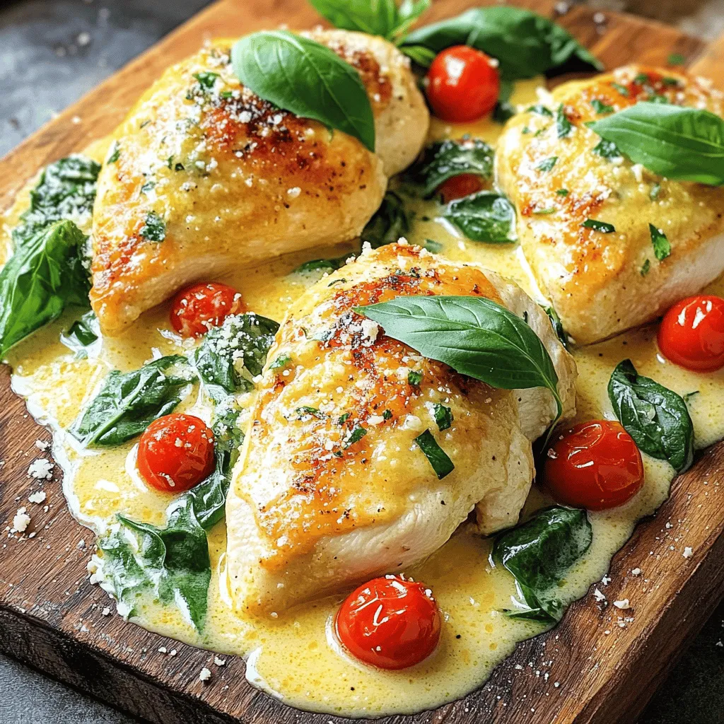 Creamy Garlic Tuscan Chicken is a dish packed with flavor. Let’s look at the ingredients that make it shine. - Chicken and Dairy Ingredients - 4 boneless, skinless chicken breasts - 2 tablespoons extra virgin olive oil - 1 cup heavy whipping cream - 1/2 cup freshly grated Parmesan cheese - Vegetables - 4 cloves garlic, finely minced - 1 cup cherry tomatoes, halved - 1 cup fresh baby spinach - Seasoning and Garnish - 1 teaspoon Italian seasoning blend (oregano, basil, thyme) - Salt and freshly cracked black pepper to taste - Fresh basil leaves, for garnish Each ingredient plays a key role in the dish. The chicken gives a hearty base, while the cream creates a rich sauce. Garlic adds a fragrant kick, and tomatoes bring a touch of sweetness. Spinach adds color and nutrition. The seasoning ties everything together, making it truly delightful. For the full recipe, check out the [Full Recipe]. This will help you create a meal that impresses everyone! First, take out the chicken breasts. Rinse them under cold water and pat them dry. Next, season both sides with salt, black pepper, and the Italian seasoning blend. This adds a nice flavor. Let the chicken sit for a few minutes to absorb the seasoning. Heat a large skillet over medium-high heat. Add the extra virgin olive oil and let it warm up. Once hot, carefully place the chicken breasts in the skillet. Cook for about 5-7 minutes on each side. Look for a golden-brown color. Use a meat thermometer to check the chicken. It should reach 165°F (75°C). Once done, move the chicken to a plate and cover it to keep it warm. Now, keep the skillet on medium heat. Add the minced garlic into the pan. Sauté it for about 30 seconds. You want it fragrant but not brown. Next, toss in the halved cherry tomatoes. Let them cook for 2-3 minutes until soft. Then, add the fresh baby spinach and cook until it wilts. Lower the heat to medium-low. Slowly pour in the heavy whipping cream. Stir well and let it simmer for a few minutes. Gradually mix in the Parmesan cheese. Stir until it melts and the sauce thickens. Finally, add the chicken back into the skillet. Spoon the creamy sauce over the top and let it simmer for another 2-3 minutes. For the full recipe, you can refer to the section above. Enjoy your meal! To cook chicken well, timing is key. For juicy chicken, cook each side for 5-7 minutes. Use a meat thermometer to check for an internal temperature of 165°F (75°C). This ensures the chicken is safe to eat. If your chicken is thick, it may need a bit more time. Always let it rest for a few minutes before serving. Seasoning makes all the difference. Start with salt and pepper. This basic seasoning brings out the chicken's natural taste. The Italian seasoning blend adds depth. I love using fresh garlic for a strong flavor. You can adjust the seasoning based on your taste. Taste the sauce before serving, and add more salt or pepper if needed. Serving is just as important as cooking. Use a rustic wooden board or a nice plate. The bright colors of spinach and tomatoes make the dish pop. Add a sprinkle of Parmesan on top for a nice touch. Fresh basil leaves add color and flavor. For a special touch, serve with crusty bread or a side salad to complete your meal. Enjoy this comforting dish that looks as good as it tastes! You can find the full recipe for Creamy Garlic Tuscan Chicken to explore more about this dish. {{image_4}} If you need to change the recipe, you have options. For a dairy-free version, use coconut cream. It adds a nice flavor and keeps it rich. To make it gluten-free, simply check all your seasonings and the Parmesan cheese for gluten. You can replace chicken with tofu for a plant-based dish. It will soak up the sauce and taste great. You can always add more taste to this dish. Try adding sun-dried tomatoes for a sweet kick. Mushrooms also work well. They add earthiness to the sauce. For an herb boost, toss in fresh thyme or parsley. These herbs enhance the dish's aroma and taste. A splash of lemon juice at the end brightens the flavors too. This dish pairs well with many sides. A simple pasta or rice works great. They soak up the sauce nicely. You can also serve it with garlic bread for a crunchy touch. A fresh salad balances the creaminess. A mix of greens with a light vinaigrette keeps it refreshing. You can find the full recipe to explore more serving ideas. You can store Creamy Garlic Tuscan Chicken in the fridge for up to three days. Make sure to let it cool to room temperature first. Place the chicken in an airtight container. This helps keep the flavors fresh and the dish safe to eat later. If you want to freeze it, do so in a freezer-safe container. You can freeze it for up to three months. Just remember, the sauce may change a little in texture after thawing. To freeze, let it cool completely. Then, pour it into the container and seal tightly. When you are ready to eat, you can reheat the chicken in the microwave. Heat it on medium power for about two minutes. Stir it halfway through to warm it evenly. You can also reheat it on the stove. Just add a splash of cream or broth to keep it moist. Cook it over low heat until warmed through. Enjoy your delicious meal again! Creamy Garlic Tuscan Chicken is a rich and flavorful dish. It features tender chicken breasts in a creamy sauce. This sauce contains garlic, fresh spinach, and cherry tomatoes. The dish is simple yet elegant, perfect for any meal. You will love how the flavors blend together. To make Creamy Garlic Tuscan Chicken from scratch, follow these steps: 1. Prepare the Chicken: Season the chicken breasts with salt, pepper, and Italian seasoning. 2. Sear the Chicken: Heat olive oil in a skillet. Cook the chicken for 5-7 minutes on each side until golden brown. 3. Sauté Garlic: Add minced garlic to the skillet and cook for 30 seconds. 4. Add Tomatoes & Spinach: Toss in cherry tomatoes and cook for 2-3 minutes. Add spinach and cook until wilted. 5. Make the Cream Sauce: Pour in heavy cream and stir. Add Parmesan cheese and let it melt. 6. Combine: Add the chicken back to the skillet, spooning sauce over it. Simmer for 2-3 minutes. 7. Serve: Plate the chicken and sauce, garnishing with fresh basil. You can find the full recipe above to get all the details you need. Yes, you can make Creamy Garlic Tuscan Chicken ahead of time. Cook the dish and let it cool. Store it in the fridge for up to three days. Reheat it on the stove or in the oven. Add a splash of cream to keep it moist. Some great sides for Creamy Garlic Tuscan Chicken include: - Garlic mashed potatoes - Steamed broccoli - Roasted asparagus - Pasta with olive oil and herbs - A simple green salad These sides balance well with the rich flavors of the chicken. Enjoy your meal! In this article, I covered the key steps to make Creamy Garlic Tuscan Chicken. We explored ingredients, preparation, and cooking methods. I shared tips to improve flavor and presentation. You can also create variations to fit your dietary needs. Don’t forget about storage options for leftovers. With this knowledge, you can make a delicious dish for any meal. Enjoy every bite and impress your friends and family!