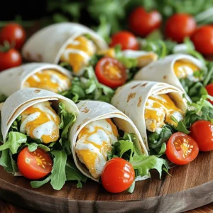 To make Cheesy Garlic Chicken Wraps, you need some simple ingredients: - 2 boneless, skinless chicken breasts - 1 cup shredded mozzarella cheese - 1 tablespoon olive oil - 4 cloves garlic, finely minced - 1 teaspoon dried oregano - 1 teaspoon smoked paprika - Salt and freshly ground black pepper, to taste - 4 large flour tortillas (whole wheat for a healthier option) - 1 cup mixed greens (a blend of lettuce, spinach, and arugula) - ½ cup cherry tomatoes, halved - ¼ cup ranch dressing or your choice of sauce These ingredients come together to create a tasty and satisfying meal. You will need a few tools to make the cooking process smooth: - A medium-sized skillet for cooking chicken - A medium oven-safe dish for melting the cheese - A cutting board and knife for slicing chicken and veggies - A spatula for flipping the chicken - A measuring cup and spoons for accurate ingredient amounts Having these tools ready makes prep easy and fun. You can easily swap some ingredients based on your taste or what you have: - Use chicken thighs instead of breasts for a juicier option. - Try different cheese, like cheddar or pepper jack, for a new flavor. - If you want a healthier wrap, use lettuce leaves instead of tortillas. - For a creamier sauce, swap ranch dressing for Greek yogurt or hummus. These substitutions let you customize the wraps to your liking. For the full recipe, check out the details provided earlier! To make these cheesy garlic chicken wraps, start by preheating your oven to 375°F (190°C). This heat helps melt the cheese just right. Next, heat olive oil in a medium skillet over medium heat. Once it’s hot, add minced garlic and cook it for one minute. It should smell great but not burn. Now, season both sides of the chicken breasts with salt, pepper, oregano, and smoked paprika. This adds flavor. Place the chicken in the skillet and cook for 5-7 minutes on each side. Make sure the chicken is golden brown and cooked through, reaching 165°F (75°C) inside. After cooking, let the chicken rest for a few minutes. Slice it into thin strips. In a medium oven-safe dish, layer the sliced chicken evenly on the bottom. Then, sprinkle shredded mozzarella cheese generously over the chicken. Place the dish in the oven and bake for about 10 minutes. You want the cheese to melt and bubble. This step makes the wraps extra cheesy and tasty. While the chicken bakes, prepare your tortillas. Lay each one flat on a clean surface. Add a handful of mixed greens to the center of each tortilla. Then, place a few halved cherry tomatoes on top for a fresh burst of flavor. Once the cheesy chicken is ready, take it out of the oven. Layer the cheesy chicken strips over the greens and tomatoes in each tortilla. Drizzle ranch dressing or your favorite sauce on top. Fold in the sides of the tortillas and roll them up tightly from the bottom. This keeps all the tasty filling inside. Arrange the wraps on a platter, and for a nice touch, cut each wrap in half at a slight angle to show off the gooey cheese. To get juicy chicken, start with good seasoning. Use salt, pepper, and herbs like oregano. Sear the chicken on medium heat to lock in moisture. Cook until the inside reaches 165°F. Letting it rest for a few minutes helps keep juices in. Slice it thin for easy wrapping. For gooey cheese, use fresh mozzarella. Shredded cheese melts better, so sprinkle it on right before baking. Bake at 375°F for about 10 minutes. Look for bubbly, golden edges to know it's just right. This brings out the cheese's flavor and makes your wraps extra delicious. Presentation makes a big difference. Arrange the wraps on a platter and cut them in half to show off the filling. Add halved cherry tomatoes for color. A bowl of ranch dressing on the side invites dipping. Fresh herbs like parsley or basil can brighten the dish. For more ideas, check the full recipe! {{image_4}} You can easily make Cheesy Garlic Chicken Wraps healthier. I love using whole wheat tortillas. They add more fiber and nutrients. You can also add extra veggies to boost the nutrition. Try adding spinach, bell peppers, or zucchini. These veggies not only taste great but also add color and crunch. Want to change the flavor? You can switch up the spices and sauces. Add some cayenne pepper for heat or use garlic powder for extra garlic flavor. Try a sprinkle of Italian herbs for a new twist. For sauces, you can replace ranch with barbecue or hot sauce. Each option gives a different taste experience. If you prefer a meat-free meal, I have great ideas. You can replace chicken with grilled portobello mushrooms or chickpeas. Both options are hearty and filling. Add in some roasted vegetables for added flavor and texture. With these swaps, you still get a delicious wrap without the meat. For the full recipe, check the detailed instructions provided. Enjoy experimenting with these variations! To keep your cheesy garlic chicken wraps fresh, store them in an airtight container. Place parchment paper between layers if you stack them. This helps avoid sogginess. Store in the fridge for up to three days. If you plan on keeping them longer, consider freezing them. When you want to enjoy your leftovers, heat them in the microwave for about 30 seconds. If you prefer a crispy wrap, use an oven or toaster oven. Set the oven to 350°F (175°C) and heat for about 10 minutes. This warms them nicely and melts the cheese again. To freeze your wraps, wrap each one tightly in plastic wrap. Then place them in a freezer bag. They can last up to three months in the freezer. When you’re ready to eat, take them out and thaw in the fridge overnight. Heat as mentioned above for the best taste. For the full recipe, refer to the instructions above. Yes, you can make Cheesy Garlic Chicken Wraps in advance. Just prepare the chicken and cheese, then store them in the fridge. Wraps will stay fresh for up to two days. When ready to eat, assemble the wraps with greens and sauce. This saves time on busy days. These wraps taste great with many sides. Here are a few ideas: - Crunchy coleslaw - Crispy sweet potato fries - Fresh fruit salad - Simple green salad - Veggie sticks with dip Each of these complements the cheesy flavor of the wraps and adds variety. You can easily change the spice level. To make it milder, reduce or skip the smoked paprika. If you like heat, add red pepper flakes or hot sauce. You can also try spicy cheese blends for a kick. Adjust to your taste for the perfect balance. Cheesy garlic chicken wraps bring a tasty mix of flavors and textures. We covered the key ingredients and tools you need. I shared easy steps to prepare and bake the wraps. You also learned tips for juicy chicken and perfect cheese. Don't forget about tasty variations to suit your needs or preferences. Finally, proper storage and reheating will keep your wraps fresh. Enjoy making these delicious wraps with your own twist!
