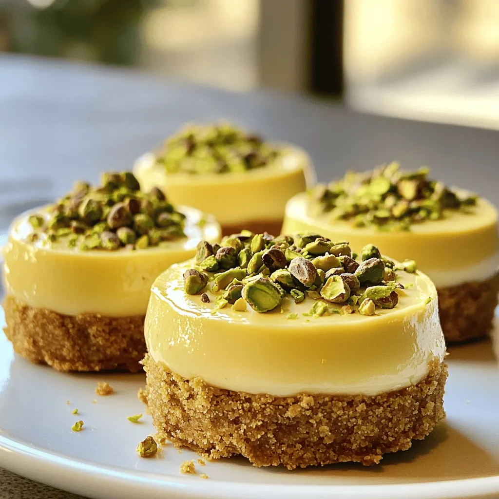 - 2 cups cream cheese, softened to room temperature - 1/2 cup granulated sugar - 2 large eggs - 1 cup graham cracker crumbs - 1/4 cup unsalted butter, melted - 1 tablespoon instant coffee granules - 1/4 cup heavy cream To create the base of your mini cheesecakes, you need cream cheese. It gives a rich, creamy texture. Granulated sugar adds sweetness, while eggs help the cheesecake set. The graham cracker crumbs mixed with melted butter make a perfect crust. Instant coffee and heavy cream add a delightful flavor twist. - 1/2 cup shelled pistachios, finely chopped (plus extra for garnish) - 1 tablespoon pure vanilla extract - Pinch of sea salt Finely chopped pistachios not only add crunch but also enhance the taste. Pure vanilla extract rounds out the flavor, making it more appealing. A pinch of sea salt balances sweetness and brings out the flavors. For the full recipe, see the details above. 1. Start by preheating your oven to 325°F (160°C). 2. Line each cup of a muffin tin with mini cupcake liners. This helps with easy removal. 3. In a medium bowl, mix 1 cup of graham cracker crumbs with 1/4 cup of melted unsalted butter. Stir until it looks like damp sand. 4. Take about one tablespoon of this mix and press it firmly into the bottom of each liner. This forms a sturdy crust. 5. Bake the crusts in the oven for 5 minutes. Let them cool at room temperature. 1. In a large bowl, add 2 cups of softened cream cheese and 1/2 cup of granulated sugar. Beat this mix with a hand mixer for 2-3 minutes until smooth. 2. Add 2 large eggs one at a time, beating well after each addition. This creates a light texture. 3. In a small bowl, dissolve 1 tablespoon of instant coffee granules in 1/4 cup of heavy cream. 4. Add the coffee mix and 1 tablespoon of pure vanilla extract to the cream cheese blend. Mix well. 5. Gently fold in 1/2 cup of finely chopped pistachios. Make sure they are evenly mixed. 1. Spoon or scoop the cheesecake filling into each cooled crust, filling them about three-quarters full. 2. Bake in the oven for 18-20 minutes. The centers should set with a slight wobble when done. 3. Once baked, remove from the oven and let them cool in the pan for 10 minutes. 4. Transfer the mini cheesecakes to the refrigerator and chill for at least 2 hours. This firms them up nicely. For the full recipe, check the section above. To make mini cheesecakes, use room temperature ingredients. This step helps to blend them smoothly. Cold ingredients can cause lumps. Mix the cream cheese and sugar until creamy. Use a hand mixer, but don’t overmix. Overmixing can make the filling too airy. Add a drizzle of chocolate sauce or a dollop of whipped cream. These toppings make your mini cheesecakes look fancy and taste even better. For garnishing, sprinkle some finely chopped pistachios on top. This adds a nice crunch and bright color. Watch your baking time closely. Overbaking makes cheesecakes dry. Underbaking can leave them too soft. Fill the crusts three-quarters full. This gives them room to rise without spilling over. Following these tips will help you create the best pistachio coffee mini cheesecakes. For the complete recipe, check the Full Recipe section. {{image_4}} You can easily change the taste of your pistachio coffee mini cheesecakes. Adding chocolate or caramel swirls gives a sweet twist. Just pour some melted chocolate or caramel into the cheesecake batter and swirl it with a toothpick. It creates a beautiful marbled look. You can also use different nuts. Hazelnuts add a nice crunch and flavor. Simply chop them up and mix them in with the pistachios. This change makes each bite exciting. If you need a gluten-free option, you can use gluten-free graham cracker crumbs for the crust. This way, everyone can enjoy these treats without worry. For a vegan version, replace cream cheese with a plant-based alternative. Use cashew cream or coconut cream to keep it rich and smooth. Swap eggs for flaxseed meal mixed with water to help bind the ingredients. Pair your mini cheesecakes with coffee. The flavors of coffee and pistachio blend well. You can also serve them with dessert wines like Moscato. This pairing brings out the sweetness of the cheesecake. These mini cheesecakes shine at festive occasions or gatherings. They look lovely on a platter and are easy for guests to enjoy. For an extra touch, consider drizzling chocolate sauce on top or adding a dollop of whipped cream. These details make the dessert even more special. For the complete guide to making these delicious treats, check out the Full Recipe. You can keep your mini cheesecakes in the fridge for up to five days. Make sure to cover them tightly with plastic wrap or store them in an airtight container. This helps prevent drying out or absorbing other smells from the fridge. If you have leftover mini cheesecakes, you can simply stack them with parchment paper between each layer. This keeps them fresh and intact. To freeze individual mini cheesecakes, first, let them cool completely. Place them in a single layer on a baking tray and freeze for about two hours. Once frozen solid, wrap each cheesecake in plastic wrap and then in aluminum foil. This double wrapping helps avoid freezer burn. You can keep them in the freezer for up to three months. To thaw, simply move the cheesecakes to the fridge for several hours or overnight. This gentle thawing keeps the texture smooth and creamy. Enjoy your delicious treats later with ease! You can find the full recipe [here](#). You want these treats to shine. Serve them on a pretty platter for a special look. A drizzle of chocolate sauce adds richness. A dollop of whipped cream can also enhance the taste. You can add a sprinkle of extra chopped pistachios on top for crunch. Pair them with coffee or dessert wine for a great match. This way, every bite feels like a treat. Yes, you can prepare these mini cheesecakes ahead of time. They store well in the fridge for up to five days. Just cover them tightly with plastic wrap. If you plan to freeze them, do it after they cool. Wrap each one in plastic and then in foil. This keeps them fresh for up to three months. Thaw them in the fridge overnight before serving. You can use Greek yogurt as a lighter option. It gives a nice tangy flavor. Another choice is mascarpone cheese; it’s rich and creamy. Silken tofu is a good vegan option. Blend it well to get a smooth texture. Each substitute will change the taste and texture a bit, but they all work nicely. For the full recipe, refer to the link provided. Pistachio coffee mini cheesecakes are easy and fun to make. We explored essential ingredients like cream cheese, sugar, and eggs, plus tasty add-ins such as pistachios and coffee. This recipe offers step-by-step instructions to guide you. I shared tips to avoid common mistakes and ways to customize your cheesecakes. You can enjoy these treats with friends, at parties, or for yourself. Keep them in the fridge or freeze for later. With so many options, you can create a dessert everyone will love. Happy baking!