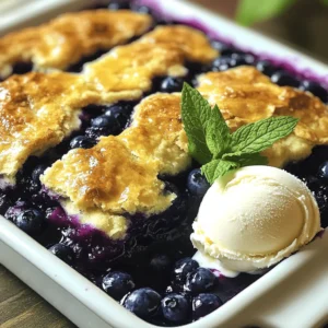 - 2 cups fresh or frozen blueberries - 1 cup all-purpose flour - 1 cup granulated sugar, divided - 1 cup milk - 1 teaspoon baking powder - 1/4 teaspoon salt These ingredients make a simple, tasty treat. Blueberries shine in this dessert. They bring sweetness and a burst of flavor. You can use fresh or frozen blueberries. Both will work well in this dish. If you don’t have fresh blueberries, you can use other berries. Raspberries or blackberries can add a twist. You can also use frozen blueberries, which save time. For gluten-free options, try almond flour or coconut flour. These flours work well in many recipes. Just remember that they may change the texture a bit. If you want to reduce sugar, consider natural sweeteners. Honey or maple syrup can be good choices. They add flavor and sweetness without using granulated sugar. For the full recipe, check the Berry Bliss Blueberry Cobbler section. Enjoy your baking! - Preheat your oven to 350°F (175°C). - Grease a 9x9-inch baking dish with non-stick spray or butter. - In a bowl, toss 2 cups of blueberries with 1/2 cup of sugar. Make sure the blueberries are well coated. - Spread the blueberry mix evenly in the baking dish. - In a large bowl, mix 1 cup of flour, 1/2 cup of sugar, 1 teaspoon of baking powder, and 1/4 teaspoon of salt. - Gradually add 1 cup of milk to the dry mix. Whisk until the batter is smooth and thick, like pancake batter. - Carefully pour the batter over the blueberries. Do not stir it. - Bake in the oven for 45-50 minutes. The top should turn golden brown. - Check if it's done by inserting a toothpick in the center. It should come out clean. For more details, check the Full Recipe. To get a golden crust, you must watch the baking time. Bake it for 45-50 minutes. Check if the top is brown and a toothpick comes out clean. If it’s golden, your cobbler is ready. For even sweetness, stir the blueberries with sugar well. This helps the sugar coat each berry. When you pour the batter over them, the sweetness spreads as it bakes. Serve warm blueberry cobbler with a scoop of ice cream. Vanilla ice cream goes well with the sweet berries. A dollop of whipped cream also adds a nice touch. You can sprinkle fresh mint on top for some color. For gatherings, cut the cobbler into squares. Place each square on a nice plate. Add a scoop of ice cream next to it for a lovely look. If your batter is too thick, add a splash more milk. This helps it spread better over the blueberries. Mix it gently so you don’t overwork it. If your cobbler is underbaked, put it back in the oven. Bake for 5-10 more minutes. Keep an eye on it to avoid burning. It should be golden and firm when done. For the full recipe, you can check the Berry Bliss Blueberry Cobbler section. {{image_4}} You can make this blueberry cobbler even better with some fun twists. Try adding other fruits. Raspberries or peaches mix nicely with blueberries. They add a zingy taste that pops in your mouth. You could also mix in spices. A little cinnamon or nutmeg gives warmth to the dish. These flavors work well with the sweet berries. This way, you can create a cobbler that feels fresh and new each time. If you want a dairy-free cobbler, use plant-based milk. Almond or oat milk works well in this recipe. You can also lower the sugar. Try using less sugar or a natural sweetener like honey or maple syrup. This keeps the cobbler tasty while making it healthier. With these small changes, everyone can enjoy this treat without worry. Serving this blueberry cobbler can be fun and creative. Use individual ramekins for a personal touch. Everyone gets their own dessert, and it looks fancy! You can also make mini cobblers for parties. Bake small portions in muffin tins. They are easy to grab and eat. These options add a special flair to your gathering. No matter how you serve it, this cobbler will impress your guests. If you want the full recipe, check the complete instructions. To keep your blueberry cobbler fresh, start by refrigerating any leftovers. Place the cobbler in an airtight container. This will help keep moisture in and prevent it from drying out. You can also cover it tightly with plastic wrap or foil. If you want to freeze your blueberry cobbler, cut it into pieces first. Wrap each piece in plastic wrap, then place them in a freezer-safe bag. This method makes it easy to grab just what you need later. Blueberry cobbler lasts about 3 to 5 days in the fridge. Keep an eye on it, as the freshness can fade. If you freeze it, it can last up to 3 months. Look for signs of spoilage, like an off smell or mold. If it smells funny or has dark spots, it is best to toss it. Enjoy your cobbler while it is fresh for the best taste! You can use gluten-free flour blends. They work well in most recipes. I suggest using almond flour or coconut flour. These add a great taste and texture. Just remember, gluten-free flour may absorb more liquid. Adjust the milk as needed for the right batter thickness. Yes, you can use frozen blueberries! They save time and add great flavor. Just let them thaw a bit and drain excess juice. This helps keep the cobbler from getting too watery. If you use frozen blueberries, bake a few extra minutes. This ensures they cook through and blend well with the batter. Cobbler has a soft, biscuit-like topping. The topping is thick and cake-like. Crisp, on the other hand, has a crunchy topping made of oats and nuts. Crisp is usually more crumbly and chewy. Both are delicious but have different textures and flavors. Yes, you can double the recipe! Just use a larger baking dish. A 9x13-inch dish works well for doubling. You may need to bake it a bit longer. Check for doneness with a toothpick. If it comes out clean, your cobbler is ready! This blog post covered the essentials for making a delicious blueberry cobbler. We looked at required ingredients, substitutes, and step-by-step instructions. I shared tips for perfecting your cobbler and offered variations to suit your taste. We also discussed storage methods to keep your cobbler fresh. Now, you can create a tasty dessert that fits your needs. Enjoy your baking adventure and savor each bite of your homemade cobbler! Your guests will love it.