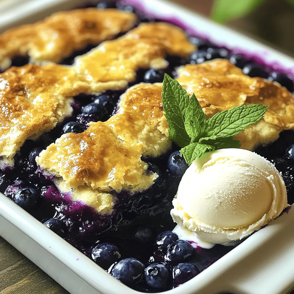 - 2 cups fresh or frozen blueberries - 1 cup all-purpose flour - 1 cup granulated sugar, divided - 1 cup milk - 1 teaspoon baking powder - 1/4 teaspoon salt These ingredients make a simple, tasty treat. Blueberries shine in this dessert. They bring sweetness and a burst of flavor. You can use fresh or frozen blueberries. Both will work well in this dish. If you don’t have fresh blueberries, you can use other berries. Raspberries or blackberries can add a twist. You can also use frozen blueberries, which save time. For gluten-free options, try almond flour or coconut flour. These flours work well in many recipes. Just remember that they may change the texture a bit. If you want to reduce sugar, consider natural sweeteners. Honey or maple syrup can be good choices. They add flavor and sweetness without using granulated sugar. For the full recipe, check the Berry Bliss Blueberry Cobbler section. Enjoy your baking! - Preheat your oven to 350°F (175°C). - Grease a 9x9-inch baking dish with non-stick spray or butter. - In a bowl, toss 2 cups of blueberries with 1/2 cup of sugar. Make sure the blueberries are well coated. - Spread the blueberry mix evenly in the baking dish. - In a large bowl, mix 1 cup of flour, 1/2 cup of sugar, 1 teaspoon of baking powder, and 1/4 teaspoon of salt. - Gradually add 1 cup of milk to the dry mix. Whisk until the batter is smooth and thick, like pancake batter. - Carefully pour the batter over the blueberries. Do not stir it. - Bake in the oven for 45-50 minutes. The top should turn golden brown. - Check if it's done by inserting a toothpick in the center. It should come out clean. For more details, check the Full Recipe. To get a golden crust, you must watch the baking time. Bake it for 45-50 minutes. Check if the top is brown and a toothpick comes out clean. If it’s golden, your cobbler is ready. For even sweetness, stir the blueberries with sugar well. This helps the sugar coat each berry. When you pour the batter over them, the sweetness spreads as it bakes. Serve warm blueberry cobbler with a scoop of ice cream. Vanilla ice cream goes well with the sweet berries. A dollop of whipped cream also adds a nice touch. You can sprinkle fresh mint on top for some color. For gatherings, cut the cobbler into squares. Place each square on a nice plate. Add a scoop of ice cream next to it for a lovely look. If your batter is too thick, add a splash more milk. This helps it spread better over the blueberries. Mix it gently so you don’t overwork it. If your cobbler is underbaked, put it back in the oven. Bake for 5-10 more minutes. Keep an eye on it to avoid burning. It should be golden and firm when done. For the full recipe, you can check the Berry Bliss Blueberry Cobbler section. {{image_4}} You can make this blueberry cobbler even better with some fun twists. Try adding other fruits. Raspberries or peaches mix nicely with blueberries. They add a zingy taste that pops in your mouth. You could also mix in spices. A little cinnamon or nutmeg gives warmth to the dish. These flavors work well with the sweet berries. This way, you can create a cobbler that feels fresh and new each time. If you want a dairy-free cobbler, use plant-based milk. Almond or oat milk works well in this recipe. You can also lower the sugar. Try using less sugar or a natural sweetener like honey or maple syrup. This keeps the cobbler tasty while making it healthier. With these small changes, everyone can enjoy this treat without worry. Serving this blueberry cobbler can be fun and creative. Use individual ramekins for a personal touch. Everyone gets their own dessert, and it looks fancy! You can also make mini cobblers for parties. Bake small portions in muffin tins. They are easy to grab and eat. These options add a special flair to your gathering. No matter how you serve it, this cobbler will impress your guests. If you want the full recipe, check the complete instructions. To keep your blueberry cobbler fresh, start by refrigerating any leftovers. Place the cobbler in an airtight container. This will help keep moisture in and prevent it from drying out. You can also cover it tightly with plastic wrap or foil. If you want to freeze your blueberry cobbler, cut it into pieces first. Wrap each piece in plastic wrap, then place them in a freezer-safe bag. This method makes it easy to grab just what you need later. Blueberry cobbler lasts about 3 to 5 days in the fridge. Keep an eye on it, as the freshness can fade. If you freeze it, it can last up to 3 months. Look for signs of spoilage, like an off smell or mold. If it smells funny or has dark spots, it is best to toss it. Enjoy your cobbler while it is fresh for the best taste! You can use gluten-free flour blends. They work well in most recipes. I suggest using almond flour or coconut flour. These add a great taste and texture. Just remember, gluten-free flour may absorb more liquid. Adjust the milk as needed for the right batter thickness. Yes, you can use frozen blueberries! They save time and add great flavor. Just let them thaw a bit and drain excess juice. This helps keep the cobbler from getting too watery. If you use frozen blueberries, bake a few extra minutes. This ensures they cook through and blend well with the batter. Cobbler has a soft, biscuit-like topping. The topping is thick and cake-like. Crisp, on the other hand, has a crunchy topping made of oats and nuts. Crisp is usually more crumbly and chewy. Both are delicious but have different textures and flavors. Yes, you can double the recipe! Just use a larger baking dish. A 9x13-inch dish works well for doubling. You may need to bake it a bit longer. Check for doneness with a toothpick. If it comes out clean, your cobbler is ready! This blog post covered the essentials for making a delicious blueberry cobbler. We looked at required ingredients, substitutes, and step-by-step instructions. I shared tips for perfecting your cobbler and offered variations to suit your taste. We also discussed storage methods to keep your cobbler fresh. Now, you can create a tasty dessert that fits your needs. Enjoy your baking adventure and savor each bite of your homemade cobbler! Your guests will love it.