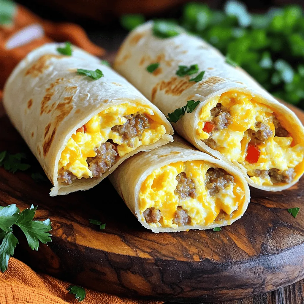 To make Easy Sausage Egg & Cheese Roll-Ups, gather these key ingredients: - 6 large eggs - 1 cup of milk - 1 tablespoon of olive oil - 1 medium onion, finely chopped - 1 red bell pepper, finely chopped - 1 cup of cooked sausage, crumbled (breakfast or turkey sausage) - 1 cup of shredded cheddar cheese - 6 large flour tortillas - Salt and pepper, to taste - Fresh parsley, chopped, for garnish (optional) These simple ingredients create a tasty breakfast that is quick and fun to make. You can use any cooked sausage you prefer, and feel free to switch up the veggies! The eggs and milk form a creamy base that holds everything together. The cheddar cheese adds a delicious richness. When you prepare this dish, the colors from the bell pepper and parsley make it look great too. You can find the full recipe for more details on how to combine these ingredients and create a delightful meal. To start, we need to mix the egg and milk base. Grab a large bowl and whisk together 6 large eggs and 1 cup of milk. This will create a creamy filling. Add salt and pepper to taste. Set this mix aside for now. Next, we’ll sauté the sausage and vegetables. Heat 1 tablespoon of olive oil in a large skillet over medium heat. Once hot, toss in 1 medium onion and 1 red bell pepper, both finely chopped. Sauté these for about 3 to 4 minutes. You want them soft and fragrant. Now, it’s time to combine everything. Add 1 cup of cooked sausage, crumbled, to the skillet. Stir well and cook for another 2 to 3 minutes. This warms the sausage and blends the flavors. Carefully pour the egg mixture into the skillet. Stir gently with a spatula to mix it in with the sausage and veggies. Cook until the eggs are just set but still creamy, which takes about 4 to 5 minutes. When ready, take the skillet off heat and stir in 1 cup of shredded cheddar cheese. This makes a delicious, melty filling. Now, let’s roll the tortillas. On a clean surface, lay out 6 large flour tortillas. Spoon an equal amount of the sausage-egg mixture into the center of each tortilla. Roll each one tightly, folding in the sides as you go. This helps to keep the filling inside. For a crisp texture, you can bake the roll-ups. Place them seam-side down on a baking sheet. If you want that golden brown look, bake them in a preheated oven at 350°F (175°C) for 5 to 7 minutes. This step adds a nice crunch to the outside. You can find the full recipe for Easy Sausage Egg & Cheese Roll-Ups for more details. To get the right egg consistency, cook them slowly. Stir gently and keep an eye on them. Eggs should be creamy but not runny. For crumbling sausage, use a fork or your hands. Break it apart before cooking. This helps the sausage mix well with the eggs and veggies. Garnish your roll-ups with fresh parsley. It adds color and a burst of flavor. Cut each roll-up in half for a nice look on the plate. Serve with dips like salsa or hot sauce. These add extra taste and make the meal fun. Pre-cook your sausage ahead of time. Store it in the fridge for quick use. This cuts down your cooking time. Using pre-chopped veggies can save you even more time. Look for them at the store to make meal prep easier. For the full recipe, check out the details above! {{image_4}} You can change the main protein in this recipe. Use bacon or ham instead of sausage. This adds a new flavor. You can also try different cheese options. Mozzarella or pepper jack works well too! These swaps give you tasty choices based on what you have. If you need gluten-free options, use gluten-free tortillas. They work just as well! For those who prefer plant-based meals, choose vegetarian or plant-based sausages. These swaps keep your roll-ups delicious while meeting dietary needs. Adding spices can elevate the taste. Try paprika, garlic powder, or oregano for a kick. You can also include other veggies. Spinach or mushrooms add color and nutrition. They blend well with the sausage and eggs for a richer flavor. Using these variations, you can make Easy Sausage Egg & Cheese Roll-Ups your own. Enjoy experimenting! Check the Full Recipe for details on the base dish. Store any leftover roll-ups in an airtight container. They stay fresh for about three days. When you want to reheat them, use the microwave or a skillet. In the microwave, heat for about 30 seconds to 1 minute. If using a skillet, heat on low until warm. To freeze roll-ups, wrap each one in plastic wrap. Place them in a freezer-safe bag. They can last up to three months in the freezer. When you're ready to eat, remove a roll-up and thaw it in the fridge overnight. For reheating, use the microwave or an oven at 350°F for about 10-15 minutes. This keeps them warm and tasty. Try the Full Recipe for delicious roll-ups today! These roll-ups stay fresh for about three to four days. Store them in an airtight container to keep them safe from moisture and odors. If you want to make them last longer, wrap each roll-up in plastic wrap before placing them in the container. Yes, you can prep these roll-ups ahead of time. Make the filling and roll them up. Store them in the fridge for up to one day before cooking. This makes busy mornings much easier. Just heat them up in a skillet or microwave when you’re ready to eat. You can serve these roll-ups with many delicious dips. Here are some ideas: - Salsa for a fresh kick. - Sour cream for creaminess. - Guacamole for a rich flavor. - Hot sauce for those who like spice. Absolutely! The fillings are easy to customize. Here are some options: - Use bacon or ham instead of sausage. - Try different cheeses like mozzarella or pepper jack. - Add veggies like spinach or mushrooms for extra nutrition. - Experiment with spices like paprika or garlic powder to change the flavor. For the full recipe, check out the details provided above. You now have all the tools to make Easy Sausage Egg & Cheese Roll-Ups. We covered ingredients, cooking steps, tips, and fun variations. This dish is not just tasty; it's also quick and easy. Feel free to customize it to fit your taste. Don't forget about storage tips to keep your leftovers fresh. Enjoy your cooking adventure, and impress your family with these roll-ups!