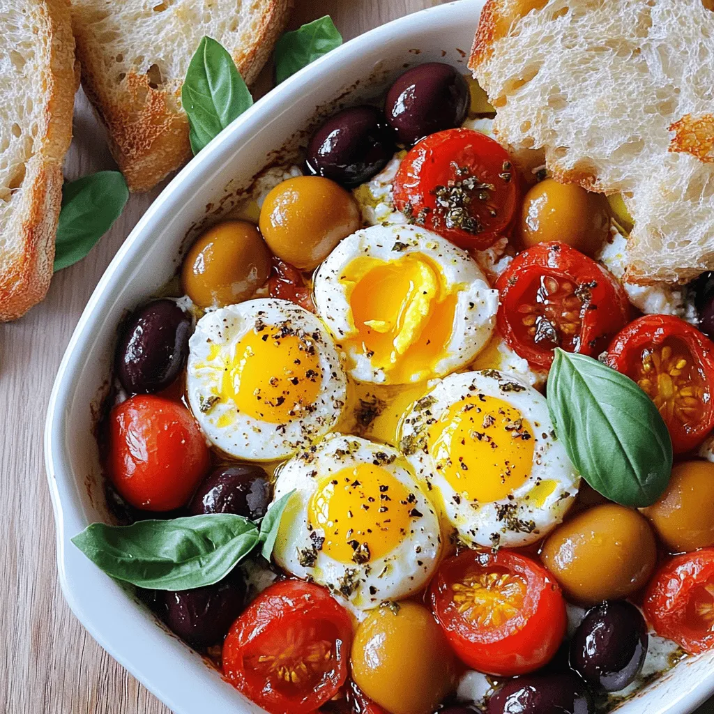 - 200g feta cheese, crumbled - 4 large eggs, at room temperature - 1 cup cherry tomatoes, halved - 1/2 cup kalamata olives, pitted and halved - 1 tablespoon extra-virgin olive oil - 1 teaspoon dried oregano - 1 teaspoon smoked paprika - Sea salt and freshly cracked black pepper, to taste - Fresh basil or parsley, roughly chopped, for garnish - Crusty bread, for serving The main ingredients in Mediterranean Baked Feta Eggs create a vibrant and tasty dish. Feta cheese adds a rich, creamy texture. It pairs well with the juicy cherry tomatoes and tangy kalamata olives. The extra-virgin olive oil brings smoothness and depth to the mix. - Feta cheese provides protein and probiotics. These nutrients help boost your digestion and strength. - Olive oil contains healthy fats. These fats can support heart health and reduce inflammation. - Tomatoes are full of antioxidants. They help protect your body from free radicals and promote healthy skin. Using quality ingredients not only enhances flavor but also improves nutrition. Each bite of Mediterranean Baked Feta Eggs is both satisfying and good for you. For the full recipe, check out the [Full Recipe]. 1. Preheat your oven to 375°F (190°C). This helps cook your dish evenly. 2. Prepare your baking dish by spreading halved cherry tomatoes and kalamata olives in a single layer. This colorful base adds flavor and fun. 3. Crumble feta cheese over the tomatoes and olives. Make a small space in the feta for the eggs. This makes it easier to add the eggs later. 4. Crack each egg into the space you made in the feta. If needed, move the tomatoes and olives gently to fit the eggs. 5. Drizzle extra-virgin olive oil over the feta. Then, add dried oregano, smoked paprika, sea salt, and black pepper. Make sure everything is coated well. 6. Bake the dish for about 15-20 minutes. The egg whites should be set, while the yolks stay slightly runny. This gives you a creamy texture. 7. Let it cool for a minute to avoid burns. The smell will be amazing! 8. Garnish with fresh basil or parsley for a pop of color before serving. 9. Serve with crusty bread, perfect for scooping up the warm, savory feta and egg mix. Enjoy your flavorful Mediterranean dish! For the complete recipe, refer to the Full Recipe. - Adjusting seasoning for personal preference: Start with the basic seasoning from the recipe. After mixing, taste before baking. You can add more salt, pepper, or spices to match your taste. I often sprinkle a bit of extra smoked paprika for a deeper flavor. - Ensuring the right egg texture: The goal is creamy yolks and set whites. Keep an eye on the time. Bake for about 15-20 minutes. If you prefer firmer yolks, add a couple of extra minutes. Just remember, overcooking will lead to dry eggs. - Overcooking the eggs: This is the most common mistake. If the whites are set but the yolks look runny, that’s perfect! If they start to bubble too much, they may be overcooked. - Using the wrong type of dish: Choose a medium-sized baking dish. A dish that’s too large will spread the ingredients too thin. This can lead to uneven cooking. A ceramic or glass dish works well for even heat. {{image_4}} You can easily swap ingredients in this dish. If you want to change the cheese, try goat cheese or ricotta. These options add different flavors. For a dairy-free choice, use almond or cashew cheese. They melt well and taste great. Feel free to mix up the vegetables too. Try bell peppers, zucchini, or spinach for added nutrition. Each veggie brings its own unique taste. You can also add herbs like dill or cilantro for more flavor. They pair nicely with feta and eggs. If you like heat, add red pepper flakes or fresh chilies. They will give your dish a nice kick. Just a pinch can make a big difference. If you prefer herbs, try using thyme or rosemary instead of oregano. These herbs give a warm, earthy taste. Experiment with these substitutions to make the dish your own. You can easily find your favorite mix of flavors. Enjoy the fun of creating a Mediterranean delight that suits your taste! You can store leftovers in the fridge for up to three days. Use an airtight container for best results. This keeps the dish fresh and tasty. Avoid using plastic wrap alone, as it may not seal well. A glass container works great too. To reheat without losing texture, use the oven or a skillet. Set your oven to 350°F (175°C) and warm the dish for about 10 minutes. If using a skillet, warm it on low heat. Stir gently to avoid breaking the eggs. You can serve the leftovers with fresh toast or a simple salad. This adds a nice crunch to your meal. Enjoy your Mediterranean flavors again! For the full recipe, check out the details above. Can I use different types of eggs? Yes, you can use different types of eggs. Chicken eggs are the most common choice. You can also use duck eggs for a richer flavor. Just keep the cooking time the same. Is this dish suitable for meal prep? Yes, this dish is great for meal prep. You can bake it ahead of time. Store any leftovers in an airtight container in the fridge. Reheat them gently in the oven or microwave. What to do if the eggs turn out rubbery? If the eggs turn out rubbery, they may have been overcooked. To fix this, try reducing the baking time. Keep an eye on the eggs, and remove them from the oven when the whites are set, but the yolks remain soft. How can I make this recipe vegetarian-friendly? This recipe is already vegetarian! The feta cheese and vegetables are plant-based. Just ensure any bread you serve is also vegetarian. You can add more veggies, like spinach or bell peppers, for extra flavor. This blog explored the delicious Mediterranean Baked Feta Eggs. We covered ingredients like feta, tomatoes, and olives. You learned health benefits, preparation steps, and baking tips. I shared variations and storage advice for leftovers too. In summary, this dish is tasty, healthy, and adaptable. Experiment with different ingredients to make it your own. Enjoy this easy recipe as a satisfying meal or snack. You will love its flavor and health boost!