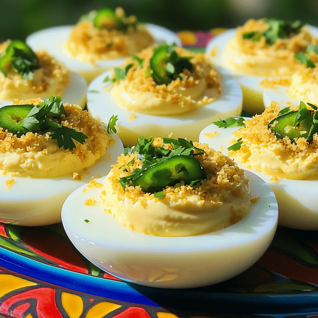 To make Jalapeño Popper Deviled Eggs, gather these simple ingredients: - 6 large eggs - 3 tablespoons cream cheese, softened - 1 tablespoon mayonnaise - 1 tablespoon Dijon mustard - 2 fresh jalapeños, finely chopped (seeds removed for less heat if desired) - 1/4 cup shredded cheddar cheese - 1 tablespoon fresh cilantro, chopped - Salt and pepper to taste - 2 tablespoons panko bread crumbs - Olive oil for drizzling If you want to swap any ingredients, I have some great ideas! - Instead of cream cheese, try using Greek yogurt for a lighter option. - You can use sour cream in place of mayonnaise for a tangy twist. - If you prefer, switch out jalapeños with mild peppers like poblano for less heat. - For a different flavor, use pepper jack cheese instead of cheddar. - Fresh parsley can replace cilantro if you don't like its taste. When picking jalapeños, look for firm and shiny peppers. They should feel heavy for their size. The color should be a vibrant green, with no soft spots. If you want more heat, choose smaller peppers as they tend to be spicier. You can find fresh jalapeños at farmers' markets or grocery stores. Always check for freshness before buying. This ensures your deviled eggs will have the best flavor. For more details on making this recipe, check out the Full Recipe. To start, we need to hard boil the eggs. Grab six large eggs and place them in a pot. Cover them with cold water. Bring the water to a rolling boil. Once boiling, lower the heat to a gentle simmer. Cook the eggs for 9 to 12 minutes. This depends on how firm you like the yolks. When they finish cooking, take them out and put them in an ice bath. This cools them down fast and makes peeling easier. Next, let's prepare the egg filling. Once the eggs are cool, peel them gently. Slice each egg in half lengthwise. Carefully remove the yolks and put them in a mixing bowl. Set the empty egg whites aside on a platter. Now, it’s time to mix the yolks. Add 3 tablespoons of softened cream cheese, 1 tablespoon of mayonnaise, and 1 tablespoon of Dijon mustard to the yolks. Then, add the finely chopped jalapeños, 1/4 cup of shredded cheddar cheese, and 1 tablespoon of chopped cilantro. Season it all with salt and pepper. Use a fork to mash everything together until it is smooth and well mixed. Now we’ll fill the egg whites. You can use a spoon or a piping bag for this. Neatly fill each egg white half with the yolk mixture. Make sure to create a nice mound on top. This adds to the look and taste. To add some crunch, mix 2 tablespoons of panko bread crumbs with a drizzle of olive oil in a small bowl. Sprinkle this mixture over the filled eggs. It gives a great texture. For extra flair, you can garnish with a small slice of jalapeño or sprinkle some smoked paprika on top. Check out the Full Recipe for more details on this tasty treat! To make the filling creamy, use softened cream cheese. Beat it well with the egg yolks. This process helps to create a smooth blend. You can also add a bit more mayonnaise if you want it creamier. The key is to avoid lumps, so mix until smooth. Do you want less heat? Simply remove the seeds from the jalapeños. You can also use fewer jalapeños for a milder flavor. If you love spice, leave the seeds in. For an extra kick, add a dash of hot sauce. This way, you can tailor the heat to your taste. Presentation matters! Arrange your deviled eggs on a colorful platter. Garnish each egg with a slice of jalapeño or some fresh cilantro. It adds beauty and flavor. Sprinkle panko crumbs over the top for a crunchy finish. Serve them at your next party for a fun snack. These deviled eggs are sure to impress your guests. For the full recipe, check out the details above. {{image_4}} You can get creative with your fillings. Try adding cooked bacon bits for a smoky flavor. Crumbled feta cheese gives a tangy kick. For a sweet touch, mix in some chopped sun-dried tomatoes. Each addition makes these deviled eggs even more unique. Switching up the cheese is an easy way to change the taste. Cream cheese is creamy and rich, but you can use goat cheese for a tangy twist. Pepper jack cheese adds a spicy kick. You can also play with spices. Adding a pinch of cumin or smoked paprika can give these eggs a whole new vibe. To make these eggs vegetarian, just skip the bacon. For a vegan version, use tofu instead of eggs. Blend silken tofu with the same ingredients for a creamy filling. You can also swap the cream cheese for vegan cream cheese. This keeps the dish delicious and plant-based. These variations make Jalapeño Popper Deviled Eggs fun and exciting! You can explore different flavors and textures. Check out the Full Recipe for more ideas! Store leftover Jalapeño Popper Deviled Eggs in the fridge. Place them in an airtight container. Make sure to cover them well. They will stay fresh for up to three days. If you leave them out, they can spoil quickly. So, always put them back in the fridge after serving. For best results, use glass or plastic containers with tight lids. These containers help keep the eggs fresh. If you don’t have a lid, you can cover the container with plastic wrap. This keeps air out and moisture in. Avoid using metal containers, as they can change the flavor. I don’t recommend freezing Jalapeño Popper Deviled Eggs. The texture changes when thawed. The eggs can become watery, which is not what you want. If you need to store them longer, consider freezing the filling only. You can freeze it in a bag or container. When ready to use, let it thaw in the fridge overnight. Then, fill fresh egg whites for the best taste. For the complete recipe, check out the [Full Recipe]. To reduce the heat in your Jalapeño Popper Deviled Eggs, remove the seeds and membranes from the jalapeños. This part holds most of the spice. You can also use less jalapeño or choose milder peppers like Anaheim or poblano. Mixing in extra cream cheese or mayo can help balance the heat too. Yes, you can use various cheeses! Cream cheese is a must for creaminess, but you can swap cheddar for pepper jack, Gouda, or even feta. Each cheese will bring its own unique flavor. Just remember to keep the balance of textures and taste. These deviled eggs pair well with many dishes. Try serving them with a fresh salad, tortilla chips, or a veggie platter. They also work great alongside spicy dishes like buffalo wings or grilled meat. The flavors complement each other and make for a fun spread at your party. For the full recipe, check out the complete list of ingredients and steps! You learned how to make tasty Jalapeño Popper Deviled Eggs from scratch. We covered important ingredients, substitutions, and sourcing fresh jalapeños. Then, I gave you clear instructions for boiling eggs and making the filling. You also found tips for texture, spice levels, and fun serving ideas. Experiment with variations to suit your taste. Remember to store them well. With this guide, you can enjoy a delicious dish for any occasion. Dive in, get creative, and impress your friends and family.