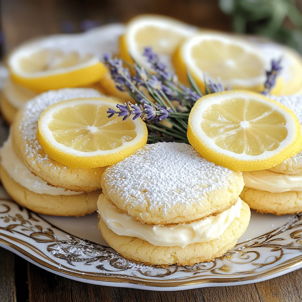 To make these delightful cookies, you need a few key ingredients: - 2 cups all-purpose flour - 1 tablespoon dried culinary lavender - ½ cup unsalted butter, softened - 1 cup granulated sugar - 1 large egg These ingredients create a soft and fragrant cookie that bursts with lemon and lavender flavor. The frosting is simple yet tasty. Gather these: - 1 cup powdered sugar - 2-3 tablespoons fresh lemon juice This frosting adds a sweet and zesty finish to each cookie. For a little extra zing, consider these optional ingredients: - 1 tablespoon freshly grated lemon zest - 1 teaspoon pure vanilla extract Adding lemon zest brightens the flavor. The vanilla adds depth to the frosting. You can find the complete recipe in the Full Recipe section. - Crushing the dried lavender: Start by taking your dried lavender. Use a mortar and pestle or the back of a spoon. Gently crush it to release its oils. This step adds a lovely aroma to your cookies. Set it aside for later. - Mixing dry ingredients: In a medium bowl, whisk together the flour, crushed lavender, baking powder, and salt. This makes sure all the dry ingredients are combined. Set this mixture aside for use later. - Creaming butter and sugar: Get a large bowl and place the softened butter in it. Use an electric mixer to cream the butter and sugar. Mix until it is light and fluffy. This should take about three to five minutes. A well-creamed mixture is key to fluffy cookies. - Adding wet ingredients: Now, it's time to add the egg, lemon zest, fresh lemon juice, and vanilla extract to the butter mixture. Beat these together until everything is smooth and well-blended. This adds flavor and moisture to your cookies. - Rolling out and cutting cookies: Gradually fold the dry mixture into the wet mixture. Mix until just combined. Make sure not to overmix, as this affects texture. Wrap the dough in plastic wrap and shape it into a flat disc. Chill in the fridge for at least 30 minutes. This makes rolling easier. - Baking instructions: Preheat your oven to 350°F (175°C). Line two baking sheets with parchment paper. On a floured surface, roll out the chilled dough to about ¼ inch thick. Use a 2-inch cookie cutter to cut out shapes. Place them on the baking sheets, leaving space between each cookie. Bake for 10-12 minutes, or until the edges are lightly golden. Let them cool for five minutes before moving them to a wire rack. - Preparing the frosting: In a medium bowl, mix the powdered sugar with 2 to 3 tablespoons of fresh lemon juice. Stir until smooth. You want a spreadable consistency for the frosting. - Assembling the sandwich cookies: Take one cooled cookie and spread a layer of lemon frosting on the bottom. Top it with another cookie to create a sandwich. Repeat this for all the cookies until they're all assembled. - Final touches for presentation: For a beautiful finish, sprinkle a few dried lavender buds on top of the frosting. This adds a delicate look and enhances the flavor. Enjoy your delightful Lemon Lavender Sandwich Cookies! For the full recipe, check out the details above. To get the best cookie texture, you need to chill the dough. Chilling makes it easier to roll out. It also helps the cookies hold their shape while baking. Wrap the dough in plastic and cool it for at least 30 minutes. Avoiding overmixing is key. Once you combine the wet and dry ingredients, mix just until you see no flour. Overmixing can make cookies tough and chewy instead of light and soft. Using fresh ingredients makes a big difference. Fresh lemon juice and zest will boost the flavor immensely. It adds brightness and keeps the cookies from tasting flat. For garnishing, sprinkle a few dried lavender buds on top of the frosting. This gives a lovely touch and a hint of extra flavor. You can also use lemon slices around the cookies for a beautiful display. Keep an eye on baking times. Cookies can go from perfect to overbaked quickly. Set a timer for 10 minutes and check them. The edges should look lightly golden, but the centers may still be soft. Oven calibration is important, too. If your oven runs hot or cold, it can affect baking results. Use an oven thermometer to ensure accurate temperatures. This step can prevent cookies from being undercooked or burnt. {{image_4}} You can change the flavor of these cookies easily. Use almond extract instead of vanilla. This adds a nutty taste that pairs well with lemon. You can also try other citrus fruits. Orange or lime zest can add a fun twist to the recipe. Just remember to adjust the lemon juice if you use these zests. If you need gluten-free cookies, swap regular flour for a gluten-free blend. Many brands make good mixes for baking. For a vegan version, use plant-based butter and flax eggs. Mix 1 tablespoon of ground flaxseed with 2.5 tablespoons of water. Let it sit for a few minutes until it thickens. This works well to replace the egg. You can also change the flavor with the seasons. In the fall, add warm spices like cinnamon or nutmeg. These give your cookies a cozy feel. During the summer, mix in fresh berries like blueberries or strawberries. They add a burst of color and flavor. Each variation keeps the cookies fun and exciting. For the full recipe, check out the complete article. - Storing assembled cookies: Place your sandwich cookies in an airtight container. This keeps them fresh and moist. Layer parchment paper between cookies to avoid sticking. Store at room temperature for up to five days. - Storing unassembled cookies and frosting separately: Keep the cookies and frosting in separate containers. This helps maintain the cookie's texture. You can store the cookies at room temperature. Keep the frosting in the fridge for up to one week. - How long cookies stay fresh: When stored properly, these cookies taste best for about five days. After that, they may become dry or lose flavor. - Freezing options for longevity: You can freeze both unassembled cookies and frosting. Wrap cookies in plastic wrap and place them in a freezer bag. They last up to three months. For frosting, store it in an airtight container in the freezer. - Tips on reviving stale cookies: If your cookies lose some moisture, you can revive them. Place a slice of bread in the container with the cookies. The bread adds moisture back to the cookies. - Re-frosting recommendations: If your frosting hardens, you can soften it. Just add a bit of fresh lemon juice. Mix it well until you reach the right consistency. This keeps your cookies looking fresh and tasty. For the complete recipe, check out the Full Recipe. Store these cookies in an airtight container. Keep them at room temperature. They stay fresh for about five days. If you want to keep them longer, freeze them. Wrap each cookie tightly in plastic wrap, then place them in a freezer bag. They can last up to three months in the freezer. Yes, you can use fresh lavender. It gives a strong flavor. However, fresh lavender has more moisture. This can change the cookie's texture. If you use fresh lavender, use less than dried. Start with one teaspoon of chopped fresh lavender. Adjust to your taste. Look for lightly golden edges. The center should look set, not wet. You can also touch them lightly; they should feel firm. If they spring back, they are done. Baking time is about 10-12 minutes. Keep an eye on them to avoid overbaking. You can use coconut oil or margarine. These are good plant-based options. For a lower-fat choice, use applesauce. This adds moisture but will change the texture. You can also use vegan butter. It mimics the taste of regular butter well. Adjust the amount as needed; start with the same amount as butter. For a richer flavor, try cashew or almond butter. Lemon Lavender Sandwich Cookies are a delightful treat. You started with key ingredients like flour, lavender, butter, and sugar. I shared step-by-step instructions to make the dough, bake the cookies, and prepare the frosting. I also included tips to ensure texture and flavor, along with variations to suit different tastes. Remember to store these tasty cookies correctly to keep them fresh longer. Enjoy experimenting with flavors and have fun baking! Your kitchen is now ready for these sweet treats.
