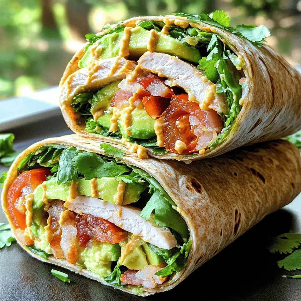 - 4 large whole wheat or spinach tortillas - 8 oz sliced turkey breast - 4 slices of ripe avocado - 8 slices of fresh tomato - 4 leaves of lettuce (romaine or butter lettuce) - 4 slices of crispy cooked turkey bacon (or vegetarian alternative) - 1/2 cup hummus (or your favorite spread) - 1 tablespoon Dijon mustard - Salt and freshly ground black pepper - 1/4 cup shredded cheddar cheese (optional) - Fresh cilantro or parsley for garnish (optional) These ingredients combine to make a wrap that is tasty and fresh. The whole wheat or spinach tortillas give a nice base. The sliced turkey breast adds protein and flavor. Ripe avocado brings a creamy touch that complements the crisp tomato slices. Lettuce gives crunch, while turkey bacon adds a savory bite. Hummus offers a smooth layer, and Dijon mustard gives a bit of zing. You can add salt and pepper to taste. If you love cheese, sprinkle some cheddar for extra creaminess. Finally, fresh herbs can brighten the plate. Each ingredient plays a role in this wrap. You can enjoy it for lunch or dinner. Check out the Full Recipe to get started on crafting your own California Turkey Club Wraps! First, I grab a small bowl. I mix together 1/2 cup of hummus and 1 tablespoon of Dijon mustard. I stir until it is smooth and well blended. This spread adds a nice kick to the wraps. After mixing, I set it aside for later use. Next, I warm the tortillas. You can use a dry skillet over medium heat. Place each tortilla in the skillet for about 15-30 seconds. If you prefer, you can also use a microwave. Heat them for 10-15 seconds. Warming makes the tortillas soft and easy to roll. Now it’s time to assemble the wraps. I lay one tortilla flat on my cutting board. Using a spatula, I spread about 2 tablespoons of the hummus-Dijon mixture on the tortilla. After that, I layer the fillings. I start with slices of turkey breast, then add crispy turkey bacon. Next, I place ripe avocado, fresh tomato, and a big leaf of lettuce. If I want more flavor, I can sprinkle some shredded cheddar cheese and season with salt and pepper. For the wrapping, I fold the sides of the tortilla inward. Then, I roll the tortilla tightly from the bottom up. It’s important to wrap it snugly to stop any filling from spilling out. I repeat this with the other tortillas until all the wraps are ready. Finally, I slice each wrap in half diagonally. This makes them look nice on a plate. I arrange the halves on a serving platter. For a fresh touch, I can sprinkle some chopped cilantro or parsley on top. These wraps not only taste great but also look good! You can find the Full Recipe to get all the details. When making California Turkey Club Wraps, the tortilla choice matters. You can pick whole wheat or spinach tortillas. Whole wheat gives a nutty flavor and more fiber. Spinach adds color and some nutrients. If you need gluten-free options, look for rice or corn tortillas. These choices keep your wraps tasty and safe for everyone. Feel free to make your wrap unique! You can add more veggies like bell peppers or cucumbers. Want extra protein? Try adding grilled chicken or chickpeas. If you like spice, add jalapeños or pepper jack cheese. These tweaks make your wrap exciting and suit your taste. Meal prep helps save time. You can make the wraps a day ahead. Just keep the filling and tortillas separate until you're ready to eat. This keeps them fresh. When storing, wrap each one tightly in plastic wrap or foil. They stay tasty for up to three days in the fridge. Enjoy your tasty California Turkey Club Wraps anytime! For the full recipe, check out the earlier section. {{image_4}} You can switch up the protein in your California Turkey Club Wraps. If you want a vegetarian option, try using chickpeas or tofu instead of turkey. Both work well and add a nice texture. If you prefer different meats, chicken or ham can be tasty substitutes. They bring their own flavors and can change the wrap completely. The spreads in your wrap can change its taste. You can use tzatziki for a fresh twist or guacamole for creaminess. These spreads add flavor and moisture. Cheese also plays a big role in flavor. Instead of cheddar, try feta or cream cheese for a different taste. Each cheese gives the wrap a unique feel. Using fresh herbs or seasonal veggies can really brighten your wraps. Think about adding basil in summer or arugula in spring. You can also swap ingredients based on what’s available. If tomatoes are not in season, try roasted red peppers instead. This way, your wraps stay fresh and exciting all year round. Store leftover California Turkey Club Wraps in an airtight container. This keeps them fresh. Place them in the fridge right after serving. They last up to three days. If you notice any sogginess, try wrapping them in a paper towel before sealing. You can freeze the wraps, but it’s best to freeze them before you add fresh veggies. Wrap each one tightly in plastic wrap, then put them in a freezer bag. They can stay in the freezer for up to three months. To thaw, remove from the freezer and let them sit in the fridge overnight. These wraps pair well with fresh fruit or a light salad. Sliced apples or a mixed green salad work great. For dips, try ranch dressing or a zesty vinaigrette. These add flavor and make the meal more fun. You can also enjoy them with a side of chips for a crunchy bite. To make these wraps healthier, you can swap some ingredients for lighter options. Here are some ideas: - Use low-fat turkey breast or lean chicken. - Choose whole wheat or spinach tortillas. - Replace bacon with turkey bacon or skip it entirely. - Opt for a light spread or Greek yogurt instead of hummus. - Add more veggies like cucumbers, bell peppers, or sprouts. - Use a smaller amount of cheese or skip it. These swaps keep the flavor and cut calories. Yes, you can easily make these wraps without mayonnaise. Here are some tasty alternatives: - Use hummus for creaminess and flavor. - Try mashed avocado for a rich texture. - Spread Greek yogurt mixed with herbs for a fresh taste. - Use mustard or a vinaigrette for a zesty kick. These options add flavor without the heavy feel of mayo. Cutting wraps can make them easier to eat and look nice on a plate. Here’s how to do it: - Use a sharp knife for a clean cut. - Slice the wrap diagonally for a nice presentation. - You can also cut them into smaller pieces for appetizers. - Arrange the halves or pieces on a platter for a colorful display. This method makes your wraps look great and easy to grab! To keep your wraps crunchy and fresh, follow these tips: - Use thicker tortillas as they hold fillings better. - Spread your sauce or hummus only in the center. - Layer drier ingredients like lettuce first to absorb moisture. - Wrap them tightly in parchment paper to keep them safe. - Serve them right after making for the best texture. These steps will help keep your California Turkey Club Wraps crisp and delicious! For the full recipe, check out the details above. These California Turkey Club Wraps are simple to make and tasty. We covered the key ingredients and shared step-by-step instructions to create the perfect wraps. You can customize them with your choice of protein and veggies, and even prep them in advance. Remember, storing leftovers properly ensures you enjoy them later. With various flavor swaps and serving tips, these wraps fit any occasion. Now, grab your ingredients and start making delicious wraps today! Enjoy your fresh and healthy creation.