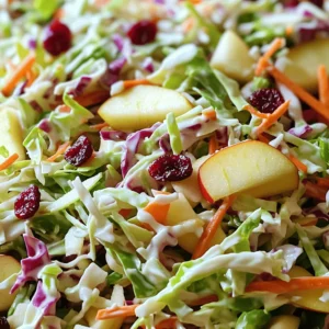- 4 cups green cabbage, finely shredded - 1 cup red cabbage, finely shredded - 1 large sweet apple, cored and thinly sliced (suggestions: Fuji or Gala) - 1/2 cup dried cranberries - 1/2 cup shredded carrots - 1/4 cup green onions, thinly sliced - 1/2 cup plain Greek yogurt - 2 tablespoons apple cider vinegar - 1 tablespoon honey (or substitute with maple syrup for a vegan option) - Salt and black pepper, to taste Choosing the right apples for sweetness Select sweet apples like Fuji or Gala. These apples add a nice balance to the dish. Their natural sugar helps enhance the overall flavor. Alternatives to Greek yogurt for a lighter option If you want a lighter coleslaw, use sour cream or dairy-free yogurt. They provide creaminess without the extra fat. How to select fresh cabbage Look for firm heads of cabbage with vibrant color. Avoid any that feel soft or have wilted leaves. Crisp cabbage gives the best crunch. For a detailed guide, check out the Full Recipe to create your own delightful cranberry apple coleslaw! To start, gather your ingredients. Chop your green and red cabbage finely. This helps keep the coleslaw crunchy. Next, take one sweet apple, like a Fuji or Gala. Core it and slice it thinly. This adds a nice sweetness to the mix. Now, add the sliced apple to the bowl with the cabbage. Toss in half a cup of dried cranberries, half a cup of shredded carrots, and a quarter cup of thinly sliced green onions. Mix these ingredients gently, so they stay whole and crisp. Next, it's time to make the dressing. In a smaller bowl, whisk together half a cup of plain Greek yogurt, two tablespoons of apple cider vinegar, and one tablespoon of honey. If you prefer, use maple syrup instead of honey. Mix until it’s smooth. Now, drizzle the dressing over the cabbage mixture. Use a gentle hand to stir. This helps coat all the veggies without bruising them. You want each piece to get some dressing. Once mixed, taste your coleslaw. Add salt and black pepper to your liking. Mix well after adding the seasoning. Chilling is key for great flavor. Cover your bowl with plastic wrap. Place it in the fridge for at least 30 minutes. This cooling time allows the flavors to blend nicely. After chilling, give your coleslaw a quick stir before serving. It will be fresh and crunchy and perfect for any meal. For the full recipe, check the details above. Enjoy! To make the best cranberry apple coleslaw, you can adjust both sweetness and tanginess. If you want it sweeter, add more honey or maple syrup. For more tang, increase the apple cider vinegar. Enhancing texture is key for a great coleslaw. You can add sliced almonds or sunflower seeds for extra crunch. This makes every bite a delight. Cranberry apple coleslaw pairs well with many dishes. Try it alongside grilled chicken or pulled pork. It also works great as a topping for tacos or sandwiches. For gatherings, serve it in a clear bowl to show off its vibrant colors. You can also use small cups for individual servings. This makes it fun and easy for guests to enjoy. Preparing coleslaw in advance is a smart choice. It allows the flavors to blend and deepen. Plus, it saves time on busy days. Store your coleslaw in an airtight container. Keep it in the fridge until you are ready to serve. This keeps it fresh and crunchy. For the best taste, enjoy it within two to three days. Check out the Full Recipe for more insights! {{image_4}} You can make this coleslaw your own by adding nuts or seeds. Walnuts or sunflower seeds provide a nice crunch. Try adding them right before serving. You can also change the dressing for new flavors. A tangy vinaigrette or a creamy ranch will give a twist. Each option can make your coleslaw special. Using seasonal fruits can change the taste of the coleslaw. In spring, try adding fresh pears instead of apples. In summer, add juicy peaches for a sweet touch. You can also toss in other vegetables. Shredded Brussels sprouts or radishes add color and crunch. These swaps keep your dish fresh all year round. Want to make it vegan? Use maple syrup instead of honey and coconut yogurt in place of Greek yogurt. This keeps it creamy and delicious without dairy. If you need a gluten-free option, check your vinegar and yogurt. Most apple cider vinegar and plain yogurts are gluten-free. This way, everyone can enjoy your cranberry apple coleslaw! To keep your cranberry apple coleslaw fresh, store it in the fridge. Use an airtight container to avoid air exposure, which can make it soggy. Make sure to seal it tightly. This helps keep moisture out and keeps your coleslaw crunchy. Avoid placing it near foods with strong odors, as coleslaw can absorb smells. Cranberry apple coleslaw can last about 3 to 5 days in the fridge. Check for signs of spoilage before eating. If it smells sour or looks slimy, it’s time to toss it. Fresh coleslaw should stay vibrant and crisp. If the colors fade or the veggies become mushy, it has likely gone bad. Always trust your senses when it comes to food safety. Yes, you can use frozen ingredients. However, fresh cabbage and apples work best. Frozen options may lose texture. If you must use frozen, thaw and drain them well. This prevents excess water in your coleslaw. Sweet apples are ideal for coleslaw. I recommend Fuji or Gala for their crispness. These apples add a nice contrast to the tangy dressing. Tart apples like Granny Smith can work, too, but may change the taste. To make this coleslaw low-calorie, swap Greek yogurt with a light yogurt. You can also reduce the honey or use a sugar substitute. Adding more veggies like bell peppers or cucumbers boosts volume without many calories. Yes, it is great for meal prep! The flavors blend well after chilling. Store it in an airtight container in the fridge. It stays fresh for up to three days. Just give it a good stir before serving again. Absolutely! You can adjust sweetness to your taste. Add more honey or maple syrup for a sweeter flavor. For a less sweet dressing, reduce the amount of honey. Taste as you go until you find your perfect balance. For the full recipe, check out the [Full Recipe]. This blog post explored the ingredients and steps needed to create a delicious cranberry apple coleslaw. You learned which ingredients to choose and how to prepare them. I also shared tips for perfecting your dish, from serving suggestions to storage advice. Remember, making coleslaw is fun and flexible. You can adjust flavors and textures to suit your taste. Have fun experimenting with this recipe, and enjoy your coleslaw at any meal or gathering!