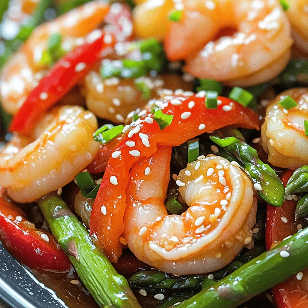 - 1 pound large shrimp, peeled and deveined - 1 bunch of asparagus, trimmed and cut into 2-inch pieces - 2 tablespoons vegetable oil - 4 cloves garlic, finely minced - 1 inch fresh ginger, finely minced - 1 red bell pepper, thinly sliced - 3 tablespoons soy sauce (or tamari for gluten-free) - 2 tablespoons honey - 1 tablespoon sesame oil - 1 teaspoon cornstarch mixed with 1 tablespoon water - Salt and freshly ground black pepper to taste - Toasted sesame seeds for garnish - Chopped green onions for garnish - Large skillet or wok - Mixing bowls - Wooden spatula Fresh ingredients make this dish shine. Use shrimp that smell like the sea. Choose bright green asparagus that snaps when bent. For garlic and ginger, fresh is best for strong flavors. If you're missing any ingredients, here are some substitutes: - Use chicken instead of shrimp. - Try snap peas or broccoli in place of asparagus. - Honey can swap for maple syrup for a different taste. When you use fresh ingredients, your stir-fry will taste amazing. Always aim for the best! For more delicious ideas, check out the Full Recipe. 1. First, heat a large skillet or wok. Pour in 1 tablespoon of vegetable oil. 2. Set the heat to medium-high. Wait until the oil shimmers. 3. Next, add the shrimp. Season them with a pinch of salt and pepper. 4. Stir-fry for about 2-3 minutes. The shrimp should turn pink and opaque. 5. Once cooked, remove the shrimp from the skillet. Place them on a plate. 1. In the same skillet, add the other tablespoon of vegetable oil. 2. Heat the oil again. Add minced garlic and ginger. Stir continuously for 30 seconds. 3. You want to release their strong and tasty flavors. 4. Now, add the asparagus and sliced red bell pepper to the skillet. 5. Stir-fry for 4-5 minutes. The veggies should look bright and stay crisp. 1. Return the cooked shrimp to the skillet with the veggies. 2. In a small bowl, mix soy sauce, honey, and sesame oil. 3. Pour this mixture over the shrimp and vegetables in the skillet. 4. Add the cornstarch mixed with water. Stir well for another 1-2 minutes. 5. This will help the sauce thicken and coat everything nicely. 6. Taste for seasoning. Adjust with salt and pepper if needed. 7. Serve hot, garnished with toasted sesame seeds and chopped green onions. For the full details of this recipe, refer to the Full Recipe above. To achieve crisp vegetables, keep these tips in mind: - Use high heat: This cooks the veggies fast. - Cut evenly: Chop vegetables in the same size. This helps them cook evenly. - Don’t crowd the pan: Stir-fry in batches if needed. This avoids steaming. For shrimp, ensure they don’t overcook: - Cook quickly: Shrimp need just 2-3 minutes. - Watch for color change: They should turn pink and opaque. - Remove early: They continue cooking from heat after you take them out. For seasoning adjustments, consider these ideas: - Add more soy sauce: This boosts umami flavor. - Mix in some citrus: A splash of lemon or lime brightens the dish. - Try different sweeteners: Swap honey for maple syrup or brown sugar. If you like spice or heat, try these options: - Add red pepper flakes: Just a pinch can add warmth. - Include sliced chili peppers: Fresh or dried both work. - Use sriracha or chili sauce: These add bold flavor and heat. To plate the dish beautifully, follow these tips: - Use a large shallow bowl: This shows off the colors. - Layer ingredients: Place veggies first, then shrimp on top. For garnishing ideas, consider these options: - Sprinkle toasted sesame seeds: This adds crunch and a nutty flavor. - Add chopped green onions: They provide a fresh look and taste. - Use a slice of lime: Placing it on the side adds color and zest. Feel free to explore the full recipe for Shrimp and Asparagus Stir-Fry for more details! {{image_4}} You can swap shrimp for chicken or tofu. Chicken adds a hearty bite, while tofu offers a plant-based option. - Chicken: Use boneless, skinless chicken breast. Cut it into small pieces. Cook for about 5-7 minutes until no longer pink. - Tofu: Use firm or extra-firm tofu. Press it to remove excess water. Cut it into cubes and sauté for about 4-5 minutes until golden. Feel free to mix in other veggies for fun. Broccoli, snap peas, or carrots work well. They add flavor and crunch. - Seasonal Ideas: Use fresh veggies based on the season. In spring, try peas or baby bok choy. In fall, add sliced mushrooms or squash. Change up the sauce for new tastes. You can use teriyaki or sweet chili for a twist. - Teriyaki Sauce: This adds a sweet and savory flavor. Use it in the same amount as soy sauce. - Adjustments: If you want more sweetness, add extra honey. For more savory, add more soy sauce. Explore these variations to find your perfect shrimp and asparagus stir-fry! For a full recipe, see the [Full Recipe]. For short-term storage, keep your shrimp and asparagus stir-fry in the fridge. Use an airtight container to keep it fresh. Let the dish cool down before sealing it. This helps prevent moisture build-up. You can store it in a glass or plastic container. Make sure to label it with the date so you know when you made it. If you want to save your stir-fry for longer, you can freeze it. Place the cooled dish in a freezer-safe bag or container. Squeeze out as much air as you can before sealing. This helps avoid freezer burn. To thaw, move it to the fridge overnight. Reheat it in a skillet over medium heat. Stir well to ensure it heats evenly. In the fridge, your stir-fry lasts about 3 to 4 days. In the freezer, it can last up to 3 months. Always check for signs of spoilage before eating. If it smells bad or looks off, it's best to toss it. Freshness is key for a great taste! Yes, you can make this dish ahead of time. To prep, cook the shrimp and veggies. Then, store them in an airtight container in the fridge. When you’re ready to eat, heat them in a skillet. Add the sauce and mix it well. This keeps the flavors fresh. You can serve this stir-fry with rice or noodles. Here are some ideas: - Steamed jasmine rice - Fried rice - Egg noodles - Quinoa These sides add a nice touch to your meal. To tell if shrimp is cooked, look for these signs: - The shrimp turns pink. - The shrimp curls into a C shape. - The flesh is opaque, not clear. These cues show that the shrimp is safe to eat. Yes, this stir-fry can be gluten-free. Use tamari instead of soy sauce. Check labels on other sauces too. Many brands offer gluten-free options. This way, you enjoy great flavors safely. This recipe for shrimp and asparagus stir-fry is simple and full of flavor. You learned about essential ingredients, cooking tools, and step-by-step instructions. I shared tips for perfect texture and presentation. With variations, you can switch proteins and try different sauces. Proper storage tips help keep your dish fresh. Remember, fresh ingredients make the best meals. Enjoy creating this delicious stir-fry!