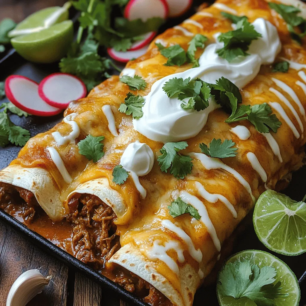 - 2 cups cooked and shredded birria meat (beef or goat) - 8 medium corn tortillas - 1 cup birria broth - 1 cup shredded mozzarella or queso Oaxaca cheese - 1 medium onion, finely chopped - 1 cup fresh cilantro, finely chopped - 1/2 cup sour cream or Mexican crema - Slices of radish and lime wedges for garnish - Salt and pepper to taste When I create birria enchiladas, I focus on fresh and quality ingredients. First, the birria meat needs to be tender and flavorful. Using either beef or goat works well. Shredding the meat helps it mix nicely in the enchiladas. Corn tortillas are key, too. They provide that perfect base for the dish. I soak them briefly in the birria broth to make them soft and easy to roll. Cheese adds a creamy texture. I love using mozzarella or queso Oaxaca for their melting qualities. The onion adds a sweet crunch that balances the rich meat. For those who want to personalize their dish, fresh cilantro is a bright touch. Sour cream or Mexican crema can make it creamy and cool. Radish slices and lime wedges add color and zest to the plate. You can adjust the seasoning with salt and pepper to your taste. This way, the flavors shine through. With these ingredients, you are on your way to a delicious meal. For the full recipe, check the link above and dive into this tasty dish! First, heat a tablespoon of olive oil in a medium skillet over medium heat. Add the finely chopped onion. Sauté the onion for about 3-4 minutes. Cook until it turns translucent and fragrant. Stir it from time to time to avoid burning. Next, in a bowl, combine your shredded birria meat. Season it well with salt and pepper. Mix it thoroughly to ensure even flavor. To make soft tortillas, dip each one quickly into warm birria broth. Let it soak for just a second. This will help the tortillas become pliable and easy to roll. Start with a dipped tortilla on a flat surface. Place a generous portion of the seasoned birria meat in the center. Add a sprinkle of cheese and some chopped cilantro on top. Roll it up tightly, tucking in the ends. Place it seam side down in a baking dish. Repeat this with the other tortillas until you fill the dish. Now, pour the remaining birria broth over the rolled enchiladas. Make sure to cover them well. Sprinkle the extra cheese on top, ensuring every enchilada is covered. Cover the baking dish tightly with aluminum foil. Bake it in a preheated oven at 350°F (175°C) for 20 minutes. This helps the flavors blend and warms the enchiladas through. After 20 minutes, carefully remove the foil. Return the dish to the oven and bake uncovered for 10 more minutes. This will give the cheese a lovely golden brown finish. Finally, let the enchiladas cool for a few minutes before serving. This will help the flavors settle. When ready to serve, top the enchiladas with sour cream or Mexican crema. Add fresh cilantro and slices of radish for crunch. Don’t forget lime wedges for a zesty touch! Enjoy your delicious Birria Enchiladas! For more details, check out the Full Recipe. To get the best taste from your birria meat, season it well. Use salt and pepper generously. This simple step can boost the flavors. For cheese, always choose high-quality options. Mozzarella or queso Oaxaca melts beautifully and adds creaminess. This will elevate your enchiladas. When softening tortillas, dip each one in warm birria broth quickly. Do not soak too long, or they may break. A quick dip keeps them flexible. For even cooking, ensure that the enchiladas are not crowded in the baking dish. Leave some space between them for the heat to circulate. Garnishing makes a big difference. Top your enchiladas with fresh cilantro and a dollop of sour cream. Add thin slices of radish for a crunchy texture. Serve the enchiladas on a large platter, showcasing the vibrant colors. This makes the dish look even more appealing. Add extra lime wedges on the side for a zesty touch. {{image_4}} You can use other meats in your birria enchiladas. Chicken or pork birria works great. Just cook and shred the meat as you would with beef or goat. This gives you a lighter flavor but still keeps the dish hearty. If you want a vegetarian option, try using mushrooms or jackfruit. Both options soak up flavors well. Cook them in the same spices as the birria for a rich taste. You can even make a spicy mushroom stew to mimic the classic birria. The cheese you choose can change the whole dish. Shredded mozzarella is creamy and melts nicely. Queso Oaxaca adds a stretchy texture that is fun to eat. You can mix cheeses for more flavor. Salsa or guacamole can add a fresh touch. A spicy salsa brings heat, while guacamole adds creaminess. Top your enchiladas with your favorite sauce to make them special. You can even add sliced jalapeños for an extra kick. Birria enchiladas pair well with many sides. Mexican rice or refried beans are popular choices. You can also try a light salad with lime dressing. These sides add color and balance to your meal. For drinks, serve a cold beer or a refreshing agua fresca. A fruity cocktail can also complement the spices in the dish. With the right sides and drinks, your meal will feel complete. Explore the [Full Recipe] to find your perfect twist on birria enchiladas! To keep leftover enchiladas fresh, follow these steps: - Let them cool: Allow the enchiladas to cool to room temperature. - Use airtight containers: Store them in airtight containers or wrap them tightly in plastic wrap. This prevents moisture loss and keeps them tasty. - Refrigerate: Place the containers in the fridge. They should stay fresh for 3-4 days. When reheating, aim to keep the texture just right. Here’s how: - Oven method: Preheat your oven to 350°F (175°C). Place the enchiladas in a baking dish, cover with foil, and heat for about 15-20 minutes. This method warms them evenly. - Microwave method: For a quick option, use the microwave. Place one or two enchiladas on a microwave-safe plate, cover with a damp paper towel, and heat for 1-2 minutes. This helps keep them moist. If you want to prepare ahead, you can freeze the enchiladas. Here are some tips: - Freeze after assembly: Before baking, wrap the enchiladas tightly in plastic wrap and place them in a freezer-safe bag. - Thawing: When ready to eat, thaw them in the fridge overnight. Bake as directed in the full recipe. These methods ensure your Birria Enchiladas stay delicious and inviting every time! Birria enchiladas come from Mexico. This dish has roots in Jalisco, a state known for its rich food. Birria is a savory stew made from goat or beef. People often serve it during special events and family gatherings. It reflects deep cultural traditions. The enchiladas add a twist, making it a fun meal. Yes, you can prepare birria enchiladas in advance. Cook the meat and make the sauce first. Then, assemble the enchiladas. You can cover them and keep them in the fridge. They stay fresh for up to two days. To freeze, wrap them well in foil. When you’re ready to eat, cook from frozen. There are many great sides to serve with birria enchiladas. Here are a few ideas: - Mexican rice - Refried beans - Fresh guacamole - Simple green salad - Pickled onions These dishes add flavor and balance to your meal. If you want to lower the spice, try these tips: - Use less chili powder in the sauce. - Add more broth to dilute the heat. - Serve with sour cream or crema to cool the dish. These methods help make it milder without losing flavor. For more details on making birria enchiladas, check out the Full Recipe. Birria enchiladas are a fantastic way to enjoy rich flavors and traditions. We covered key ingredients, like shredded meat and tortillas, and explored step-by-step cooking. Flavor tips and common mistakes help you create the best dish. You even learned about tasty variations and how to store leftovers. Remember, making them your own is part of the fun. Dive in and enjoy this delicious meal at home!