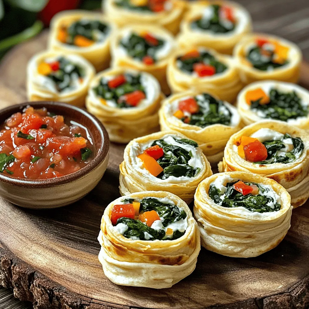 To make these cream cheese tortilla bites, you need the following ingredients: - 4 large flour tortillas - 8 oz cream cheese, softened to room temperature - 1 cup shredded sharp cheddar cheese - 1 cup fresh spinach, finely chopped - 1/2 red bell pepper, diced into small pieces - 1/2 teaspoon garlic powder - 1/2 teaspoon onion powder - Salt and freshly cracked black pepper, to taste - 1 cup salsa (for dipping) When choosing cream cheese, I recommend brands like Philadelphia or Kite Hill for a vegan option. For tortillas, look for Mission or La Banderita. These brands offer great taste and texture. They help make your bites soft and easy to roll. Using fresh ingredients makes a big difference. Fresh spinach adds vibrant color and flavor. It also gives a nice crunch. If you use frozen spinach, be sure to squeeze out excess water. This keeps your bites from getting soggy. You can use frozen cream cheese too, but it’s best to use it fresh for a smooth texture. Fresh ingredients make your bites taste their best! To start, gather your tools. You need a mixing bowl and a spatula. Take the softened cream cheese and put it in the bowl. Then, add the shredded sharp cheddar cheese. Next, toss in the finely chopped spinach and diced red bell pepper. Sprinkle in garlic powder, onion powder, and a pinch of salt and pepper. Mix everything well until smooth. Make sure all the flavors blend nicely. This creamy filling is what makes the bites so tasty! Grab a tortilla and lay it flat. This helps when spreading the filling. Use the spatula to spread a generous layer of the creamy filling. Leave about half an inch of space around the edges. This space helps keep the filling inside. Now, start rolling the tortilla from one edge. Roll tightly but not too tight. You want the filling to stay in but not burst out. Repeat this with all the tortillas until the filling is gone. Once all the tortillas are rolled, it's time to cut. Use a sharp knife to slice each roll into bite-sized pieces. Aim for 1 to 2 inches thick. This size is perfect for snacking. Now, arrange the slices on a serving platter. You can stand them up for fun or lay them flat. In the center, place a small bowl of salsa. This adds a nice touch and great flavor for dipping. Enjoy these tasty cream cheese tortilla bites! To roll your tortillas perfectly, start with a soft tortilla. If it's too cold, warm it slightly in the microwave. Spread the filling evenly, leaving a small edge. Begin rolling from one side. Keep it tight, but not too tight. This helps avoid spills. Use your fingers to tuck in the filling as you go. Practice makes perfect! One common mistake is overfilling the tortillas. This can lead to messy bites. Remember to leave space at the edges when spreading the filling. Another mistake is rolling too tightly. This can make the bites hard to enjoy. Make sure to slice them evenly. Uneven sizes can make serving tricky. These tortilla bites are great for parties. You can serve them with salsa, guacamole, or sour cream. For a fun twist, try adding a sprinkle of cheese on top before serving. Arrange them on a colorful platter to impress guests. You might also add some fresh herbs for color. Check out the Full Recipe for more ideas! {{image_4}} You can switch up the taste of your cream cheese tortilla bites by adding herbs and spices. Chopped fresh herbs like basil or dill add a nice touch. Try mixing in a teaspoon of smoked paprika for a warm flavor. You can also add a pinch of cayenne pepper for some heat. These small changes can make each bite feel new and exciting. If you need vegan options, swap the cream cheese with a plant-based spread. Look for gluten-free tortillas to make this dish safe for those with gluten issues. You can also use vegan cheese in place of cheddar. These substitutions keep the recipe tasty while meeting dietary needs. Adding seasonal ingredients can enhance your bites. In the fall, roasted butternut squash or sweet potatoes work great. In the summer, fresh tomatoes or zucchini add a bright flavor. Just make sure any add-ins are finely chopped to mix well with the cream cheese. This keeps the bites flavorful and fresh, no matter the season. For the full recipe, check out the Creamy Spinach and Cheddar Tortilla Bites. To store your leftover tortilla bites, place them in an airtight container. This keeps them fresh. You can also wrap them in plastic wrap. Just make sure they are cool before wrapping. This will help preserve their flavor and texture. These tasty bites can last up to three days in the fridge. After that, they might lose their freshness. Always check for any signs of spoilage before eating. If they smell off, it’s best to toss them. To reheat the bites, use a microwave or an oven. If using a microwave, heat them for 15-20 seconds. This warms them without making them soggy. For a crispier option, place them in a preheated oven at 350°F for about 5-7 minutes. This keeps them delightful and tasty. Enjoy your Creamy Spinach and Cheddar Tortilla Bites straight from the oven or microwave! Yes, you can make these bites ahead of time. I often prepare them a few hours before serving. Once you roll and slice them, store the bites in an airtight container. Keep them in the fridge until you are ready to serve. This way, the flavors blend nicely. Just remember to cover them well to avoid drying out. I love serving these bites with salsa. It adds a nice kick! You can also try guacamole or sour cream. For a twist, consider a ranch dressing or a spicy chipotle dip. These sauces bring out the creaminess of the bites. You can even mix and match to find your favorite combo. To spice things up, add diced jalapeños to the filling. You can also mix in some hot sauce with the cream cheese. If you like, sprinkle cayenne pepper into the cheese mixture. These simple changes will give your bites a nice heat. Adjust the spice level to suit your taste! You can create delicious cream cheese tortilla bites with simple steps. First, gather the right ingredients and choose your preferred brands. Prepare your filling, roll the tortillas, and cut them into tasty bites. Always remember tips for perfect rolling to avoid common mistakes. You can also mix flavors and try seasonal add-ins for variety. Store any leftovers properly to keep them fresh. These bites are easy to make ahead, and the right dipping sauce will enhance the flavor. Enjoy making these treats for your next gathering. Your friends and family will love them!