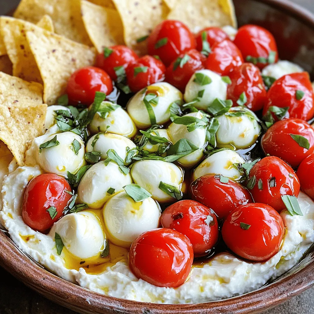 To make Easy Caprese Dip, you need: - 1 cup fresh mozzarella balls, halved - 1 cup cherry tomatoes, halved - ½ cup fresh basil leaves, finely chopped - 1 cup cream cheese, softened - ½ cup sour cream - 1 tablespoon balsamic glaze, plus extra for garnish - Salt and pepper to taste - 1 tablespoon extra virgin olive oil - Optional: slices of fresh baguette or crunchy tortilla chips for serving When measuring ingredients, use a dry measuring cup for solids. For liquids, use a liquid measuring cup. Level off solid ingredients with a knife for accuracy. For sticky items like cream cheese, spray the cup with cooking oil for easy removal. This will help you get every bit into your dip. If you can't find fresh mozzarella, use shredded mozzarella instead. You can swap cherry tomatoes for diced tomatoes if needed. If you don’t have basil, try fresh parsley or arugula. For a dairy-free option, use a vegan cream cheese. Adjust the balsamic glaze to your taste, adding more or less as you prefer. This flexibility lets you make the dip your own. For the full recipe, check [Full Recipe]. Start by gathering all your ingredients. This includes the fresh mozzarella, cherry tomatoes, basil, cream cheese, and sour cream. You will also need balsamic glaze, olive oil, salt, and pepper. Make sure your cream cheese is soft. This will help it mix well. In a medium bowl, mix the cream cheese and sour cream using a hand mixer. If you don’t have one, a spatula works too. Blend until it is smooth and creamy. Next, add the halved mozzarella balls, cherry tomatoes, and chopped basil. Carefully fold these ingredients in. Be gentle to keep the mozzarella balls whole. Now, drizzle in the olive oil and balsamic glaze. Sprinkle some salt and pepper to taste. Stir gently until everything is mixed well. Transfer your dip to a nice serving dish. For a special touch, drizzle extra balsamic glaze on top. This adds flavor and looks pretty too. Serve with fresh baguette slices or crunchy tortilla chips. Your guests will love this easy Caprese dip! Enjoy every cheesy bite! For the full recipe, check the Full Recipe section above. For a creamy dip, use softened cream cheese. It blends well with sour cream. Mix these two until smooth. This step is key for a nice texture. When adding mozzarella and tomatoes, fold gently. You want to keep the mozzarella balls whole. This keeps the dip light and fun. Fresh ingredients make a big difference. Use ripe cherry tomatoes for sweetness. Fresh basil adds a nice herbal note. A splash of balsamic glaze brightens every bite. Don’t forget to season with salt and pepper. Taste as you go to find the right balance. A drizzle of olive oil brings it all together. Avoid using cold cream cheese; it won’t mix well. Don't over-mix when adding the tomatoes and cheese. This can break the mozzarella. Watch the salt; too much can overpower the dish. Lastly, serve immediately for the best flavor and texture. This dip is always best fresh! For a full recipe, check out the recipe section. {{image_4}} You can make this dip even more fun by adding extra ingredients. Try diced avocado for a creamy twist. You can also add chopped olives for a salty kick. If you love garlic, mix in minced garlic for a bold flavor. These small changes can make your dip unique and tasty. If you like heat, you can spice up your dip. Add a pinch of red chili flakes to the mix. You could also chop up fresh jalapeños or add a dash of hot sauce. This will give your dip a nice zing and keep everyone coming back for more. For a vegan version, simply swap out the cream cheese and sour cream. Use vegan cream cheese made from nuts. You can also use coconut yogurt for a creamy texture. Replace mozzarella with vegan cheese or skip it altogether. This way, you can enjoy a delicious Caprese dip without dairy. For the full recipe, check the main article! Store any leftover Easy Caprese Dip in an airtight container. It keeps well in the fridge for up to three days. Make sure to cover it tightly. This helps keep the flavors fresh and tasty. To reheat, scoop out what you need into a small bowl. Warm it in the microwave for about 30 seconds. Stir and check the temp. If it needs more heat, go for another 10 seconds. Be careful not to overheat. You want it warm, not hot. For the best taste, eat the dip fresh. If you need to store it, keep the basil separate. Add it just before serving. This keeps the basil bright and flavorful. Also, drizzle extra balsamic glaze on top for a fresh look. Enjoy your Easy Caprese Dip! Easy Caprese Dip stays fresh for about three days in the fridge. After that, it may lose its flavor and texture. To keep it tasty, store it in an airtight container. Yes, you can make this dip a day ahead. Keep it covered in the fridge until you are ready to serve. This helps the flavors blend nicely. Just give it a good stir before serving to refresh it. You can serve this dip with many tasty options. Here are a few ideas: - Slices of fresh baguette - Crunchy tortilla chips - Veggie sticks like carrots and celery - Pita bread or crackers These options add fun and crunch to your dip experience! I do not recommend freezing Easy Caprese Dip. Freezing can change the texture of the cheese and veggies. If you have leftovers, enjoy them fresh within three days. For best results, eat it right away! For the complete recipe, check out the [Full Recipe]. You learned about the key ingredients needed for Caprese Dip and how to measure them. The step-by-step instructions ensure you get the mix just right. Tips and tricks help you perfect flavor and texture. You also saw fun variations to make the dip your own. Finally, I covered storage to keep it fresh. Remember, cooking is about fun and creativity. Enjoy every bite of your delicious Caprese Dip!