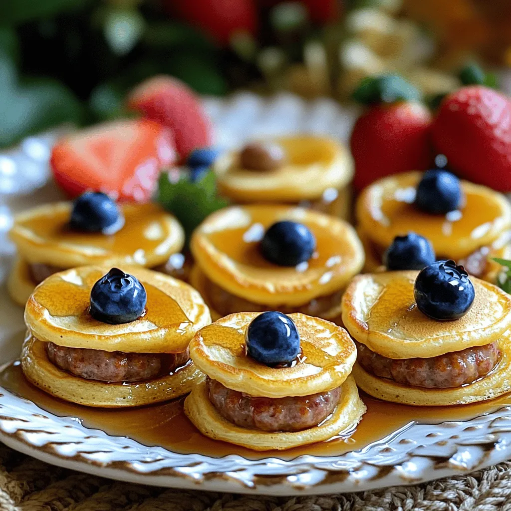 - 1 cup pancake mix - 3/4 cup milk - 1 large egg - 1 cup mini breakfast sausage links - 1 tablespoon maple syrup - 1 teaspoon vanilla extract - Cooking spray or butter - Fresh fruit for garnish To create the perfect mini pancake sausage bites, gather these ingredients first. The pancake mix forms the base of our dish. It provides a fluffy and soft texture. The milk adds moisture, making the batter easy to mix. The egg helps bind everything together, giving it structure. Now, let's not forget the mini breakfast sausage links. They bring flavor and protein to each bite. For a sweet touch, we add maple syrup. This ingredient enhances the flavor and gives it a breakfast feel. The vanilla extract adds a warm aroma and a hint of sweetness. Prepare your cooking surface with cooking spray or butter to prevent sticking. Fresh fruit acts as a colorful garnish, bringing brightness to your plate. You can find the full recipe to guide you through each step. Enjoy cooking these tasty bites! In a large bowl, mix together the pancake mix, milk, egg, maple syrup, and vanilla extract. Use a whisk until the batter is smooth. You want no lumps at all. A smooth batter makes fluffy pancakes. Next, preheat a non-stick skillet or griddle on medium heat. When hot, grease it lightly. You can use cooking spray or a small bit of butter. This helps prevent sticking. Now it's time to cook! Pour small dollops of batter onto the skillet, about one tablespoon each. Make sure to leave some space between them. Wait about 1-2 minutes until tiny bubbles form on the surface. This means they are ready to flip. Carefully place a mini breakfast sausage link in the center of each pancake. If you want, pour a little more batter over the sausage. This coats it well and keeps it moist. Cook the pancakes for another 1-2 minutes until they turn golden brown. Use a spatula to flip them carefully. Cook for another 1-2 minutes until both sides are browned. Remove them from the skillet and keep warm on a clean plate. Serve the mini pancake sausage bites warm. Drizzle extra maple syrup over the top. For a fresh touch, add some fresh fruit like blueberries or strawberries to the side. These not only look good but taste great too! You can find the full recipe above for more details on ingredients and cooking times. To cook mini pancake sausage bites well, keep your heat even. This helps the pancakes cook through without burning. Use a spatula to flip the bites carefully. This will keep them intact and fluffy. Remember, flipping too early can make them fall apart. Wait for those tiny bubbles to appear! Pair these bites with extra syrup for dipping. The sweet syrup complements the savory sausage. You can also serve them alongside whipped cream or yogurt. These add creaminess and make the dish feel special. Both options give you a tasty balance of flavors. When serving, use colorful platters or plates. This makes the bites pop visually and looks fun. Scatter some fresh fruit around the bites for a bright touch. A light dusting of powdered sugar adds elegance. It makes your mini pancake sausage bites look gourmet, and everyone will be impressed! {{image_4}} You can easily switch up the flavors in your mini pancake sausage bites. One fun option is to add chocolate chips to the batter. This gives a sweet surprise in every bite. The kids will love it! You can also incorporate spices like cinnamon or nutmeg. These spices add warmth and depth. Just a pinch can go a long way! If you want to make these bites a bit healthier, you can use almond milk instead of regular milk. This swap makes the bites dairy-free and still delicious. For the sausage, consider using turkey or vegetarian sausage links. This makes the dish lighter and caters to different diets. Both options still taste great! These mini pancake sausage bites are not just for breakfast. You can serve them as a breakfast alternative for brunch or family gatherings. They are also perfect for transforming into a savory snack for parties. Just place them on a platter and watch them disappear! People will love this fun twist on classic flavors. Store leftover bites in an airtight container. This keeps them fresh. They taste best within 2-3 days. After that, they might lose some flavor and texture. You can freeze either uncooked batter or cooked bites. For uncooked batter, pour it into a freezer-safe bag. For cooked bites, place them in a container. When you're ready to eat, reheat them in the microwave or on the stovetop. For even reheating, use an oven or a skillet. This helps keep the bites crispy. Avoid microwaving them, as it may make them soggy. Keeping texture is key to enjoying these tasty treats! To make mini pancake sausage bites, follow the full recipe. Start with 1 cup of pancake mix. Then, mix it with 3/4 cup of milk, 1 large egg, 1 tablespoon of maple syrup, and 1 teaspoon of vanilla extract. Whisk until smooth. Heat a skillet over medium heat. Pour about 1 tablespoon of batter for each pancake. Place a mini breakfast sausage link in the center and cover it with more batter. Cook until golden brown on both sides. Enjoy warm with syrup! Yes, you can make the batter ahead of time. Store it in the fridge for up to 24 hours. Just cover it tightly. If the batter thickens, add a little milk to loosen it. Stir well before using. This makes it easy to prepare fresh pancakes in the morning! Mini pancake sausage bites are great with many sides. Consider fresh fruit like strawberries or blueberries. You can also serve them with different sauces. Maple syrup is a classic choice. But you can try honey or yogurt for a tasty twist! Yes, you can use vegetarian sausage in this recipe. Simply replace the mini breakfast sausage links with your favorite vegetarian option. This way, you can enjoy a tasty, meat-free breakfast. It’s a great way to adapt the recipe for different diets! In this blog post, I shared a simple recipe for mini pancake sausage bites. You learned about the key ingredients, like pancake mix and mini sausage links, and I provided easy steps for preparation and cooking. I also covered some helpful tips, variations, and storage methods. These bites make a fun and tasty meal for any time. Experiment with flavors or try different sides. Enjoy your cooking!