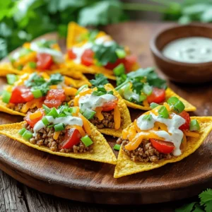 - 1 lb ground beef or turkey - 1 packet taco seasoning - 1 cup ranch dressing - 1 cup shredded cheddar cheese - 1 cup diced tomatoes - ½ cup chopped green onions - 1 cup corn tortillas, cut into triangles - 1 tablespoon olive oil - Salt and pepper to taste - Fresh cilantro for garnish (optional) To make Taco Ranch Bites, you need simple and fresh ingredients. The ground meat, beef or turkey, gives a hearty flavor. Taco seasoning adds the authentic taste we all love. Ranch dressing adds creaminess, while cheese brings richness. Diced tomatoes and green onions add a fresh crunch. If you want to mix it up, try these options: - Use plant-based ground meat for a vegetarian choice. - For dairy-free, look for vegan ranch dressing. - Use gluten-free tortillas for a lighter version. These substitutes keep the fun alive while meeting dietary needs. Accurate measurements matter. Use a kitchen scale for ground meat. Measure taco seasoning carefully for the best flavor. Chop toppings like onions and tomatoes finely for even bites. This prep makes the cooking process smooth. For an extra touch, prepare your toppings ahead of time. This way, you can assemble your bites quickly when it’s time to eat. Enjoy the process of cooking, and don’t rush! 1. Preheat the oven to 350°F (175°C). This step is key for crispy tortilla triangles. 2. Prepare a baking sheet by lining it with parchment paper. This makes cleanup easy. 3. Cook the ground meat in a large skillet over medium heat. Add 1 tablespoon olive oil first. 4. Add 1 lb of ground beef or turkey to the skillet. Break it apart with a spatula. 5. Brown the meat for about 5-7 minutes until it’s no longer pink. 6. Drain excess fat from the skillet. This keeps the bites from being greasy. 7. Mix in 1 packet taco seasoning and a splash of water. Stir well and let it simmer for 5 minutes. 8. Season with salt and pepper to taste. This step adds flavor to the meat. 1. Spread tortilla triangles on the lined baking sheet in a single layer. 2. Bake for 8-10 minutes until crispy and lightly golden. Watch them closely, so they don’t burn. 3. Combine the cooked meat with 1 cup ranch dressing, 1 cup shredded cheddar cheese, 1 cup diced tomatoes, and ½ cup chopped green onions. Mix well. 1. Remove the baked tortillas from the oven. 2. Spoon the taco ranch mixture onto each triangle. Don't be shy; make it generous! 3. Return the tray to the oven and bake for an additional 5 minutes. This melts the cheese to gooey perfection. 4. Take them out and let cool for a minute. If you like, garnish with fresh cilantro for extra flair. For the full recipe, check the details above. Enjoy your delicious Taco Ranch Bites! To ensure your meat is fully cooked, use a meat thermometer. Ground beef or turkey should reach 160°F. When you cook the meat, break it apart well. This helps it cook evenly. To avoid soggy tortilla bites, bake them until they are crispy. Keep an eye on them while baking. A light golden color is a good sign. You can also add a bit of olive oil to the triangles before baking. This helps them crisp up nicely. The best dips to pair with Taco Ranch Bites are salsa and guacamole. They add fresh flavors. You can also try sour cream or extra ranch dressing. They really enhance the taste. For creative platter ideas, arrange the bites on a large board. Add colorful veggies like bell peppers and cherry tomatoes. This makes the platter look fun and inviting for guests. One common mistake is overcooking the tortilla triangles. When they burn, they lose their crunch and taste. Keep the baking time short and check often. Another mistake is not mixing the toppings evenly. Make sure each bite gets a good amount of all the toppings. This ensures every bite is packed with flavor. {{image_4}} For a twist, you can make Taco Ranch Bites vegetarian. You can replace ground beef or turkey with plant-based protein. This keeps all the flavor while being meat-free. You can use crumbled tofu or lentils for a hearty option. If you want more heat, add jalapeños or hot sauce. This gives a spicy kick that many enjoy. Just chop up some fresh jalapeños and mix them into the meat or topping. You can also drizzle hot sauce over the bites for extra flavor. You can serve these bites in miniature form. This is perfect for parties or game days. Just use smaller tortilla triangles and adjust the toppings. They make great finger foods. Another fun idea is to serve Taco Ranch Bites in a taco salad. Layer the tortilla chips, meat mixture, and toppings on a plate. Add some lettuce for crunch. This gives everyone a chance to enjoy the same great flavors in a new way. Garnishing with fresh herbs can make a big difference. You can use cilantro, parsley, or chives. These add color and fresh taste to your dish. Just sprinkle them on top right before serving. Choose creative serving dishes to impress your guests. Use colorful platters or tiered stands. These can highlight the vibrant toppings and make your meal look appealing. You can even use small bowls for dips, like extra ranch dressing. For the full recipe, check out the Taco Ranch Bites section. Store Taco Ranch Bites in airtight containers. This keeps them fresh and tasty. Make sure to cool them completely before sealing. This helps prevent excess moisture. If you have extra toppings, store them separately. This keeps everything fresh and crisp. The best way to reheat Taco Ranch Bites is in the oven. Preheat your oven to 350°F (175°C). Place the bites on a baking sheet for even heating. You can use a microwave, but it may make them soggy. If using a microwave, cover them with a damp paper towel. This helps keep moisture in while reheating. You can freeze Taco Ranch Bites before or after baking. To freeze before baking, place them on a tray and freeze until firm. Then, transfer them to a freezer bag. If they're baked, let them cool before freezing. When ready to eat, thaw in the fridge overnight. Bake from frozen for about 10-15 minutes. Enjoy your Taco Ranch Bites fresh from the oven! For the full recipe, check the earlier section. You can use lean ground turkey instead of ground beef. Choose low-fat ranch dressing for less fat. Use reduced-fat cheese to cut calories. Consider whole grain tortillas for added fiber. Fresh veggies can add crunch and flavor without many calories. Yes, you can prep the meat mixture and store it in the fridge. Bake the tortilla triangles a day before serving. Assemble the bites just before baking for best results. This makes it easy to serve at parties. Look for pre-made options at grocery stores like Walmart or Publix. Some local delis or restaurants may offer them too. Check the frozen food aisle for easy, ready-made choices. Serve them hot with extra ranch dressing on the side. Pair with a cold drink like soda or iced tea. Add fresh veggies, like carrot sticks, for a nice crunch. Arrange on a platter for a fun party vibe. For more ideas, check out the Full Recipe. Taco Ranch Bites are fun, tasty, and easy to make. We covered key ingredients and some simple swaps. You now know how to prep and bake without sogginess. I shared tips to avoid common mistakes and how to present them well. Try different flavors and ways to serve them. With these bites, fun and creativity are in your hands. Enjoy making and sharing this dish with others!