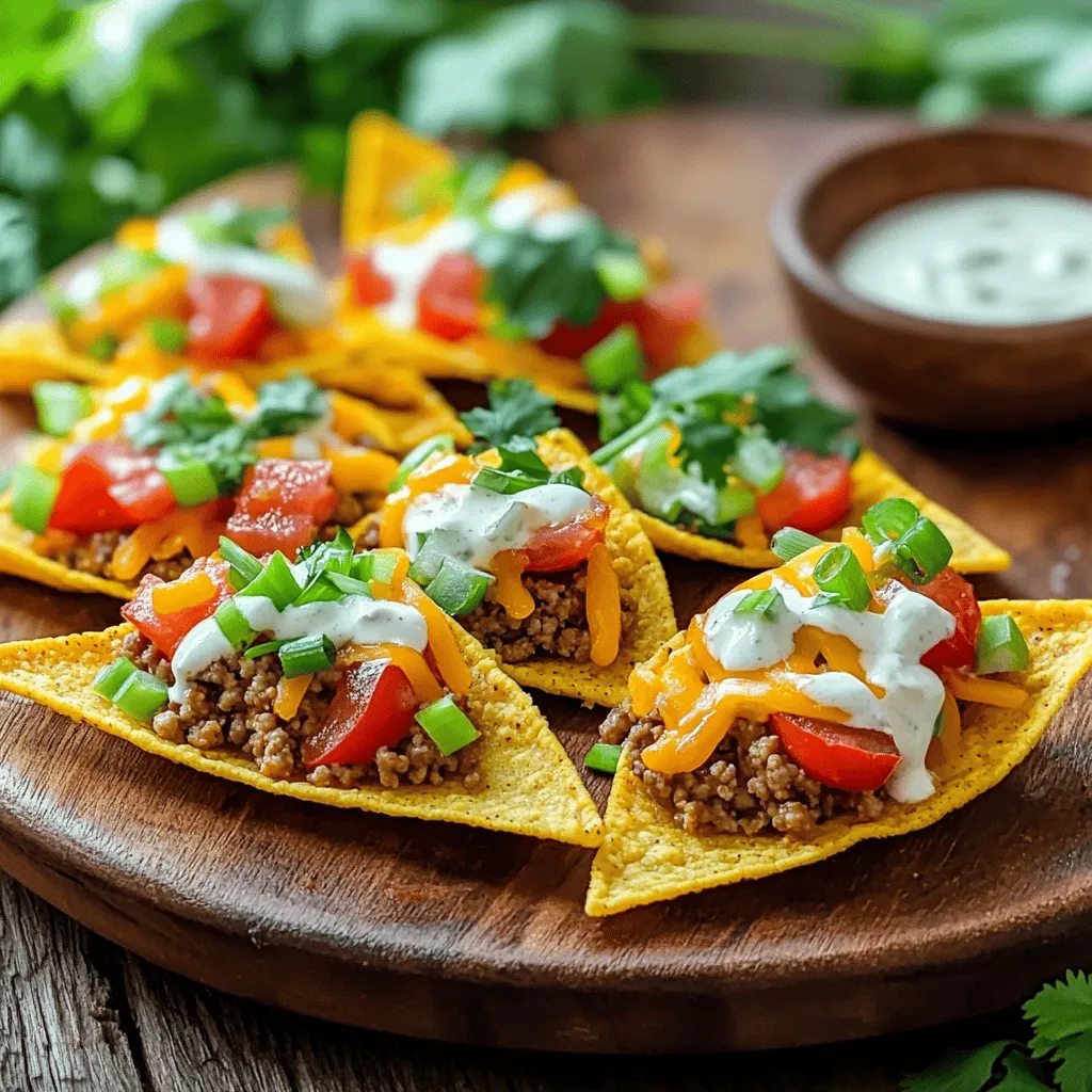 - 1 lb ground beef or turkey - 1 packet taco seasoning - 1 cup ranch dressing - 1 cup shredded cheddar cheese - 1 cup diced tomatoes - ½ cup chopped green onions - 1 cup corn tortillas, cut into triangles - 1 tablespoon olive oil - Salt and pepper to taste - Fresh cilantro for garnish (optional) To make Taco Ranch Bites, you need simple and fresh ingredients. The ground meat, beef or turkey, gives a hearty flavor. Taco seasoning adds the authentic taste we all love. Ranch dressing adds creaminess, while cheese brings richness. Diced tomatoes and green onions add a fresh crunch. If you want to mix it up, try these options: - Use plant-based ground meat for a vegetarian choice. - For dairy-free, look for vegan ranch dressing. - Use gluten-free tortillas for a lighter version. These substitutes keep the fun alive while meeting dietary needs. Accurate measurements matter. Use a kitchen scale for ground meat. Measure taco seasoning carefully for the best flavor. Chop toppings like onions and tomatoes finely for even bites. This prep makes the cooking process smooth. For an extra touch, prepare your toppings ahead of time. This way, you can assemble your bites quickly when it’s time to eat. Enjoy the process of cooking, and don’t rush! 1. Preheat the oven to 350°F (175°C). This step is key for crispy tortilla triangles. 2. Prepare a baking sheet by lining it with parchment paper. This makes cleanup easy. 3. Cook the ground meat in a large skillet over medium heat. Add 1 tablespoon olive oil first. 4. Add 1 lb of ground beef or turkey to the skillet. Break it apart with a spatula. 5. Brown the meat for about 5-7 minutes until it’s no longer pink. 6. Drain excess fat from the skillet. This keeps the bites from being greasy. 7. Mix in 1 packet taco seasoning and a splash of water. Stir well and let it simmer for 5 minutes. 8. Season with salt and pepper to taste. This step adds flavor to the meat. 1. Spread tortilla triangles on the lined baking sheet in a single layer. 2. Bake for 8-10 minutes until crispy and lightly golden. Watch them closely, so they don’t burn. 3. Combine the cooked meat with 1 cup ranch dressing, 1 cup shredded cheddar cheese, 1 cup diced tomatoes, and ½ cup chopped green onions. Mix well. 1. Remove the baked tortillas from the oven. 2. Spoon the taco ranch mixture onto each triangle. Don't be shy; make it generous! 3. Return the tray to the oven and bake for an additional 5 minutes. This melts the cheese to gooey perfection. 4. Take them out and let cool for a minute. If you like, garnish with fresh cilantro for extra flair. For the full recipe, check the details above. Enjoy your delicious Taco Ranch Bites! To ensure your meat is fully cooked, use a meat thermometer. Ground beef or turkey should reach 160°F. When you cook the meat, break it apart well. This helps it cook evenly. To avoid soggy tortilla bites, bake them until they are crispy. Keep an eye on them while baking. A light golden color is a good sign. You can also add a bit of olive oil to the triangles before baking. This helps them crisp up nicely. The best dips to pair with Taco Ranch Bites are salsa and guacamole. They add fresh flavors. You can also try sour cream or extra ranch dressing. They really enhance the taste. For creative platter ideas, arrange the bites on a large board. Add colorful veggies like bell peppers and cherry tomatoes. This makes the platter look fun and inviting for guests. One common mistake is overcooking the tortilla triangles. When they burn, they lose their crunch and taste. Keep the baking time short and check often. Another mistake is not mixing the toppings evenly. Make sure each bite gets a good amount of all the toppings. This ensures every bite is packed with flavor. {{image_4}} For a twist, you can make Taco Ranch Bites vegetarian. You can replace ground beef or turkey with plant-based protein. This keeps all the flavor while being meat-free. You can use crumbled tofu or lentils for a hearty option. If you want more heat, add jalapeños or hot sauce. This gives a spicy kick that many enjoy. Just chop up some fresh jalapeños and mix them into the meat or topping. You can also drizzle hot sauce over the bites for extra flavor. You can serve these bites in miniature form. This is perfect for parties or game days. Just use smaller tortilla triangles and adjust the toppings. They make great finger foods. Another fun idea is to serve Taco Ranch Bites in a taco salad. Layer the tortilla chips, meat mixture, and toppings on a plate. Add some lettuce for crunch. This gives everyone a chance to enjoy the same great flavors in a new way. Garnishing with fresh herbs can make a big difference. You can use cilantro, parsley, or chives. These add color and fresh taste to your dish. Just sprinkle them on top right before serving. Choose creative serving dishes to impress your guests. Use colorful platters or tiered stands. These can highlight the vibrant toppings and make your meal look appealing. You can even use small bowls for dips, like extra ranch dressing. For the full recipe, check out the Taco Ranch Bites section. Store Taco Ranch Bites in airtight containers. This keeps them fresh and tasty. Make sure to cool them completely before sealing. This helps prevent excess moisture. If you have extra toppings, store them separately. This keeps everything fresh and crisp. The best way to reheat Taco Ranch Bites is in the oven. Preheat your oven to 350°F (175°C). Place the bites on a baking sheet for even heating. You can use a microwave, but it may make them soggy. If using a microwave, cover them with a damp paper towel. This helps keep moisture in while reheating. You can freeze Taco Ranch Bites before or after baking. To freeze before baking, place them on a tray and freeze until firm. Then, transfer them to a freezer bag. If they're baked, let them cool before freezing. When ready to eat, thaw in the fridge overnight. Bake from frozen for about 10-15 minutes. Enjoy your Taco Ranch Bites fresh from the oven! For the full recipe, check the earlier section. You can use lean ground turkey instead of ground beef. Choose low-fat ranch dressing for less fat. Use reduced-fat cheese to cut calories. Consider whole grain tortillas for added fiber. Fresh veggies can add crunch and flavor without many calories. Yes, you can prep the meat mixture and store it in the fridge. Bake the tortilla triangles a day before serving. Assemble the bites just before baking for best results. This makes it easy to serve at parties. Look for pre-made options at grocery stores like Walmart or Publix. Some local delis or restaurants may offer them too. Check the frozen food aisle for easy, ready-made choices. Serve them hot with extra ranch dressing on the side. Pair with a cold drink like soda or iced tea. Add fresh veggies, like carrot sticks, for a nice crunch. Arrange on a platter for a fun party vibe. For more ideas, check out the Full Recipe. Taco Ranch Bites are fun, tasty, and easy to make. We covered key ingredients and some simple swaps. You now know how to prep and bake without sogginess. I shared tips to avoid common mistakes and how to present them well. Try different flavors and ways to serve them. With these bites, fun and creativity are in your hands. Enjoy making and sharing this dish with others!
