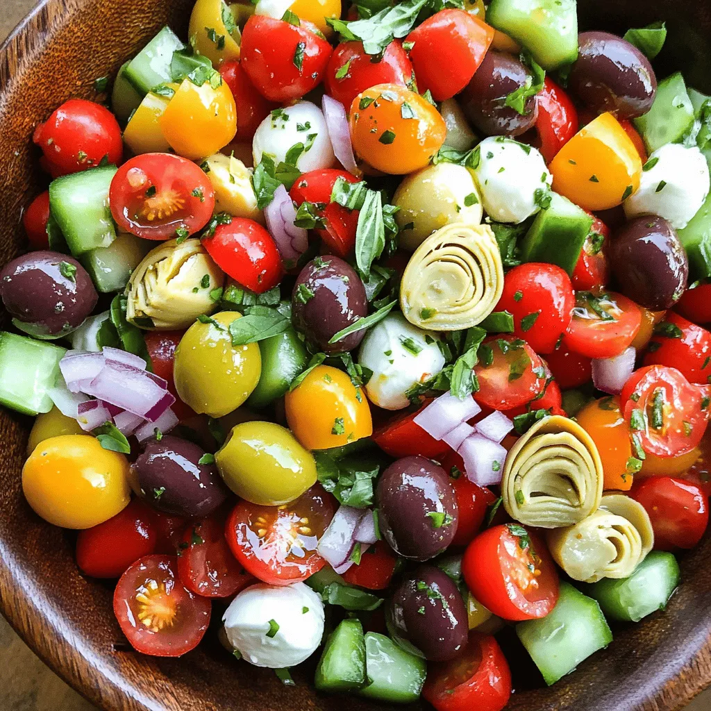 To make a delicious antipasto salad, gather these fresh ingredients: - 1 cup cherry tomatoes, halved - 1 cup cucumber, diced into small cubes - 1 bell pepper (choose either red or yellow), diced into bite-sized pieces - 1/2 cup Kalamata olives, pitted and halved - 1/2 cup artichoke hearts, quartered - 1/4 cup red onion, thinly sliced - 1 cup mozzarella balls or cubed mozzarella - 1/2 cup pepperoncini, sliced (optional) - 1/4 cup fresh basil, finely chopped - 1/4 cup Italian dressing - Salt and pepper to taste Using fresh, quality ingredients makes a big difference in flavor. Look for ripe tomatoes and crunchy cucumbers. Fresh basil adds a bright note, while good-quality olives and artichokes bring depth. When you select the best, your salad will shine. Don't settle for less—you want each bite to be a taste of Italy. If you want to take your salad up a notch, consider these optional ingredients: - Add roasted red peppers for a sweet kick. - Toss in some prosciutto for a savory touch. - Include marinated mushrooms for an earthy flavor. These additions can enhance your salad's taste and make it even more exciting! To start, gather all your ingredients. You want fresh cherry tomatoes, cucumber, and bell pepper. In a large bowl, add the halved cherry tomatoes, diced cucumber, and diced bell pepper. Gently toss them together. This mix forms the colorful base of your salad. Next, add Kalamata olives, quartered artichoke hearts, and thinly sliced red onion. These ingredients bring great flavor and texture. Now, it’s time for cheese! Fold in mozzarella balls or cubes evenly. This gives creamy bites in every scoop. If you like some heat, toss in sliced pepperoncini. Then, sprinkle freshly chopped basil over everything. Its aroma will excite your taste buds! Now, drizzle Italian dressing over the top. Use gentle motions to toss the salad. Make sure every piece gets coated in the dressing. Finally, season with salt and pepper. Taste and adjust as needed. For the best flavor, let it sit for 10 minutes before serving. This lets the flavors blend nicely. When tossing your salad, use a large spoon or spatula. This helps you mix without smashing the ingredients. Start from the bottom and lift the salad gently. Make sure to coat everything in dressing. Tossing too hard can break the veggies and cheese. If you want a visual treat, try to keep colors separate as you mix. This makes the salad look appealing. Remember, a well-tossed salad is not just tasty but also beautiful! Letting your salad sit for a short time is key. After mixing, cover it and set it aside for about 10 minutes. This allows the veggies to soak in the dressing and flavors. If you plan to serve it later, you can prep the salad a few hours in advance. Just keep the dressing separate until ready to serve. This keeps the salad fresh and crunchy. The flavors will deepen, making every bite delicious! For the complete recipe, check the Full Recipe section. To enjoy your antipasto salad fully, think about what to serve with it. This salad pairs well with crusty bread or garlic bread. You can also serve it alongside grilled chicken or fish for a complete meal. For a light lunch, try it with a cold glass of lemonade or iced tea. These drinks complement the flavors well. Having the right tools can speed up your salad prep. I recommend using a sharp knife for chopping. A cutting board is essential for safety. A large mixing bowl helps combine everything easily. If you have a salad spinner, use it to wash and dry your greens quickly. These tools make cooking fun and efficient. Making this salad ahead saves time. Prepare it in the morning or the night before. Simply chop all the ingredients and mix them in a bowl. Store it in the fridge until you're ready to eat. If you want the best taste, add the dressing just before serving. This keeps the salad fresh and crunchy. For the full recipe, check the main guide. {{image_4}} To make this salad more filling, add protein. Grilled chicken works well; it adds flavor and texture. Cook some chicken breasts, slice them, and toss them in. You can also use sliced salami or pepperoni for a savory bite. If you want a seafood twist, add shrimp or tuna for a tasty option. Each protein adds its unique touch to the salad, making it a full meal. If you prefer a vegetarian salad, skip the meats and focus on vibrant veggies. You can add chickpeas for protein and fiber. They are easy to mix in and add a nice texture. For vegans, replace mozzarella with avocado or vegan cheese. These options keep your salad creamy and delicious while fitting a plant-based diet. This salad is naturally gluten-free, which is great for those with gluten sensitivities. Just be mindful of the dressing. Some store-bought dressings may contain gluten. You can easily make your own dressing to ensure it’s safe. Use olive oil, vinegar, and seasonings to create a fresh taste. This way, everyone can enjoy a vibrant antipasto salad without worry. For the full recipe, check the Vibrant Antipasto Salad 🥗 section. To keep your antipasto salad fresh, place it in an airtight container. This helps prevent the salad from wilting. Store it in the fridge. Keep the dressing separate to maintain crunch. If you mix the dressing in, the salad may become soggy. When stored properly, antipasto salad lasts about three days in the fridge. It tastes best when fresh, so try to eat it within this time. After three days, the veggies may lose their crispness. I do not recommend freezing antipasto salad. Freezing can change the texture and flavor of the ingredients. The tomatoes, cucumber, and mozzarella do not freeze well. Instead, enjoy this salad fresh for the best taste. For a quick meal, prep the ingredients ahead and store them in the fridge. You can mix them up when you're ready to eat. This way, you have a delicious meal ready in minutes. For the complete recipe, check out the Full Recipe section. To make a homemade Italian dressing, you need just a few simple ingredients. Start with 1/4 cup red wine vinegar. Add 1/2 cup olive oil for richness. Then, mix in 1 teaspoon dried oregano and 1 teaspoon garlic powder. You can also add a pinch of salt and pepper to taste. Whisk everything together until it blends well. This dressing complements your antipasto salad nicely. Yes, you can prepare the salad a day in advance. Just keep the dressing separate until you are ready to serve. This way, the vegetables stay fresh and crunchy. If you mix in the dressing too early, the salad may get soggy. Store the salad in a covered bowl in the fridge. If you want to substitute mozzarella, consider using feta cheese. Feta adds a salty kick and creamy texture. You can also try provolone or goat cheese for different flavors. Each cheese offers a unique taste, making the salad fun and varied. Choose one that you enjoy most for a great meal! This blog post covered fresh ingredients, preparation steps, and storage tips for antipasto salad. We also talked about serving ideas and variations to meet different diets. Using quality ingredients is key to great taste. Remember, you can prep ahead for quick meals and use leftovers wisely. With these tips, you can make a tasty salad everyone will enjoy. Dive in and have fun creating your perfect antipasto salad!