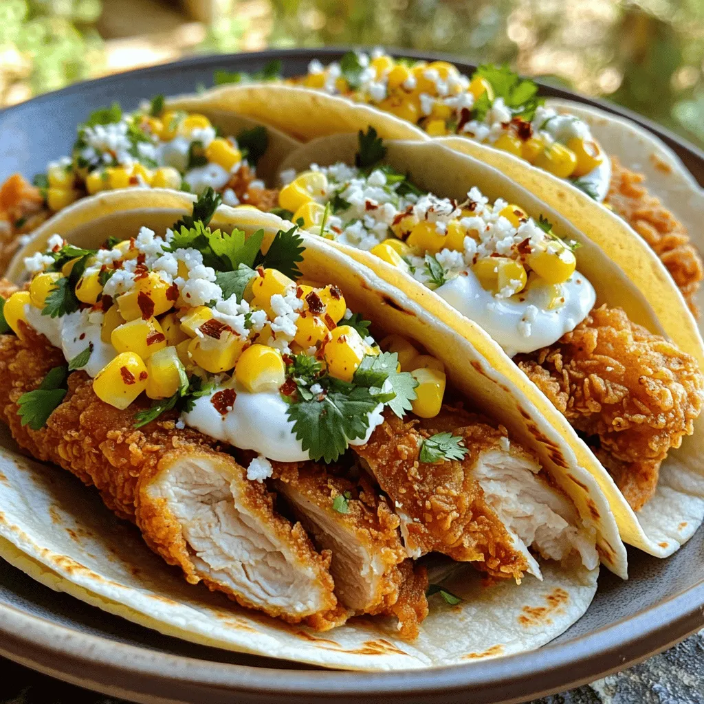 To make Fried Chicken Street Corn Tacos, you need the following ingredients: - 1 lb boneless, skinless chicken thighs - 1 cup buttermilk - 1 cup all-purpose flour - 1 teaspoon paprika - 1 teaspoon garlic powder - 1/2 teaspoon cayenne pepper (adjust to taste) - Salt and pepper to taste - Vegetable oil for frying - 4 small corn or flour tortillas - 2 cups corn kernels (fresh, canned, or frozen) - 1/2 cup cotija cheese, crumbled - 1/4 cup mayonnaise - 1 tablespoon fresh lime juice - 1 tablespoon chopped fresh cilantro - 1/2 teaspoon chili powder If you want to change things up, here are some great substitutions: - Use chicken breasts instead of thighs for lighter meat. - Swap buttermilk for yogurt if you don’t have buttermilk. - Try cornmeal instead of flour for a crunchier coating. - Use feta cheese if you can’t find cotija. - Replace mayonnaise with Greek yogurt for a healthier option. When you pick your ingredients, keep these tips in mind: - Choose fresh chicken thighs for better flavor and texture. - Look for buttermilk with a good expiration date for freshness. - Select corn kernels that are bright and firm for the best taste. - Pick ripe limes; they should feel heavy for their size. - Buy high-quality spices; they make a big difference in flavor. I hope this helps you create amazing Fried Chicken Street Corn Tacos! For the complete details, check the Full Recipe. To start, place your boneless chicken thighs in a bowl. Pour in the buttermilk. Make sure to coat every piece well. Add salt and pepper to taste. Cover the bowl with plastic wrap. Let it chill in the fridge. One hour is good, but overnight works best for flavor. Next, grab a shallow dish. Mix the flour, paprika, garlic powder, and cayenne pepper. Add a pinch of salt and pepper. Stir this well to blend the spices evenly. This mix will give your chicken a tasty crust. Now it’s time to fry! Heat vegetable oil in a large skillet. You need about half an inch of oil. Wait until it shimmers. This means it’s hot enough. Take the marinated chicken out of the buttermilk. Let the excess drip off. Dredge each piece in the flour mix. Make sure it’s well coated. Carefully place the chicken in the hot oil. Fry for about five to seven minutes per side. You want it golden brown and cooked through. The inside should reach 165°F. Once done, move the chicken to a paper towel-lined plate to drain extra oil. For the street corn, use another skillet. Combine corn kernels, mayonnaise, lime juice, cilantro, and chili powder. Cook this over medium heat for about three to four minutes. Stir often until it’s warm. Add half of the cotija cheese and mix well. Now, warm your tortillas in a skillet or microwave. Slice the fried chicken into strips. Place these on each tortilla. Spoon the warm street corn on top. Finish with the rest of the cotija cheese. Enjoy your Fried Chicken Street Corn Tacos! For more detailed steps, check the Full Recipe. Frying chicken can be tricky, but with the right steps, you’ll get it right. Start by using skinless, boneless chicken thighs. They stay juicy and tender. Marinate them in buttermilk to add flavor and moisture. The longer you marinate, the better it tastes. Aim for at least one hour. Heat oil in your skillet until it shimmers. Use enough oil to cover half the chicken. This helps fry the chicken evenly. Test the oil by dropping a bit of flour in it. If it sizzles, you’re ready to fry. Cook each piece for about 5-7 minutes on each side. This gives you a golden brown crust. Street corn is all about bold flavors. Mix corn with mayonnaise for creaminess. Lime juice adds a zesty kick. Fresh cilantro brings a burst of freshness. Don't forget the cotija cheese for a salty punch! When cooking the corn, only warm it for 3-4 minutes. This keeps it sweet and crunchy. Stir in half the cotija cheese while cooking, then sprinkle the rest on top when assembling your tacos. Tacos are all about presentation and fun. Warm your tortillas for a soft, pliable base. Place a few strips of fried chicken on top. Spoon a generous amount of street corn over the chicken. For extra flair, sprinkle more cotija cheese on top. Garnish with chopped cilantro and serve with lime wedges. They add a nice touch and enhance the flavor. Enjoy your delicious Fried Chicken Street Corn Tacos with friends or family! For the Full Recipe, visit the link provided. {{image_4}} You can make Fried Chicken Street Corn Tacos lighter. Use baked chicken instead of fried. Coat the chicken with whole wheat flour for more fiber. You can also swap the mayonnaise for Greek yogurt. This change adds protein and reduces fat. Use corn tortillas instead of flour for fewer calories. These swaps keep the tacos tasty and satisfying. For a veggie twist, replace the chicken with grilled corn or mushrooms. Roasted cauliflower adds a nice bite too. Use the same spices to keep the flavor strong. You can still prepare the street corn mix as usual. This mix pairs well with any vegetarian filling. You’ll have a fresh and fun meal without meat. If you like heat, add more cayenne pepper or hot sauce to the chicken. You can also mix jalapeños into the street corn. Try using spicy cheese, like pepper jack, for a kick. For extra crunch, add pickled onions or sliced radishes on top. These additions make your tacos exciting and packed with flavor. After making Fried Chicken Street Corn Tacos, let leftovers cool to room temperature. Place the tacos in an airtight container. Keep them in the fridge for up to 3 days. If you want to store the chicken and corn separately, that works too. Just make sure to seal them well. To reheat, I suggest using an oven. Preheat it to 350°F. Place the tacos on a baking sheet and cover with foil. Heat for about 10-15 minutes. This keeps the tortillas soft and the filling warm. You can also use a microwave. Just be careful not to make the tortillas too chewy. Heat for 30 seconds at a time until hot. You can freeze the fried chicken and street corn. Wrap each piece of chicken in plastic wrap, then place in a freezer bag. The corn can go in a separate bag. Freeze for up to 3 months. When ready to eat, thaw overnight in the fridge. Reheat as mentioned earlier for a tasty meal again. To get crispy fried chicken, start with well-marinated chicken. The buttermilk helps. Then, coat the chicken in the seasoned flour mix. Fry the chicken in hot oil, about 350°F. Avoid crowding the pan, as this lowers the oil temperature. Fry each piece until golden brown. Drain cooked chicken on paper towels to remove excess oil. This helps keep the crust crispy. Yes, you can use chicken breasts. They will work fine, but thighs are juicier. Breasts can dry out if overcooked. If using breasts, cut them into strips or pieces. Adjust the cooking time to ensure they stay moist and tender. These tacos pair well with a fresh salad or guacamole. You could also add salsas for extra flavor. For drinks, consider a light beer or a refreshing limeade. These sides enhance the meal and balance the rich flavors of the tacos. To make these tasty Fried Chicken Street Corn Tacos, check the Full Recipe for all the details. You’ll find step-by-step instructions to guide you through the cooking process and ensure your tacos turn out perfect. This post covered key steps to create delicious Fried Chicken Street Corn Tacos. We explored ingredient choices, cooking methods, and tips for the perfect fry. Remember, quality ingredients make a big difference. Try the variations for healthier or vegetarian options. Storing leftovers lets you enjoy this meal later. You now have all the tools to impress your friends and taste buds. Enjoy every bite and keep experimenting in the kitchen!