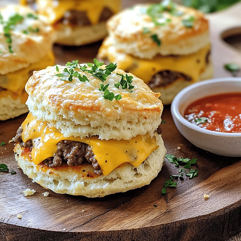 - 1 lb ground beef - 1 cup shredded sharp cheddar cheese - 1/2 cup finely grated Parmesan cheese - 1 package refrigerated biscuit dough (8-count) - 2 cloves garlic, minced - 1 teaspoon dried Italian herbs (a blend of oregano, basil, and thyme) - Salt and pepper to taste - Fresh parsley, chopped - Dipping sauces like marinara or ranch When you gather these ingredients, you set the stage for a tasty treat. The ground beef is the star. It brings rich flavor and a juicy bite. Sharp cheddar cheese adds creaminess and a tangy kick. The Parmesan cheese gives a savory depth that makes each bite special. Biscuit dough wraps everything in a warm, fluffy hug. The seasonings enhance the dish. Garlic brings a wonderful aroma and taste. Italian herbs add a hint of the Mediterranean. A sprinkle of salt and pepper ties all the flavors together. Don't forget the garnishes! Fresh parsley adds a pop of color and freshness. Dipping sauces make the experience even better. You can find the Full Recipe for complete details. - Preheat the oven to 375°F (190°C). - Prepare a baking sheet by lining it with parchment paper. This step makes cleanup easy. - In a large bowl, mix together 1 lb ground beef and the cheeses. - Add 1 cup shredded sharp cheddar and 1/2 cup finely grated Parmesan cheese. - Toss in 1/2 cup seasoned breadcrumbs, 2 cloves minced garlic, and 1 teaspoon dried Italian herbs. - Season with salt and pepper to taste. - Use your hands or a spatula to blend it well. - Take the biscuit dough and separate each biscuit. - Flatten each biscuit in your hand until it forms a small disc. - Spoon about 1 tablespoon of the beef mixture into the center of each biscuit. - Carefully fold the edges over the filling. Pinch and seal tightly at the top. - Gently roll each filled biscuit into a ball shape. Follow the [Full Recipe] for more detailed steps in making these tasty treats! Mixing well is key to great texture. When you combine the ground beef and cheeses, make sure everything is evenly mixed. This helps each bite taste delicious. Avoid over-mixing, as this can make the meat tough. Cook the bombs at 375°F (190°C) for 15-20 minutes. This temperature helps the dough puff up while the filling cooks through. Check for doneness by slicing one in half. The beef should be brown, not pink. You can make these cheeseburger bombs ahead of time. For freezing, shape the bombs as directed and place them on a baking sheet. Freeze until firm, then transfer them to a freezer-safe bag. This way, you can store them for up to three months. To reheat, bake straight from the freezer. Add a few extra minutes to the cooking time until they are golden and hot inside. Pair these bombs with tasty sauces. Marinara sauce is a classic choice, but ranch dressing also works well. For a fun twist, try a spicy ketchup or garlic aioli. When serving, use a rustic wooden board or a colorful platter. This makes your dish look appealing. Garnish with fresh parsley for a pop of color. Your guests will love the aroma and taste of these bites! {{image_4}} You can change the meat in this recipe. Turkey or chicken works great instead of beef. These meats can make the bombs lighter. You can also switch cheeses for new flavors. Try mozzarella or pepper jack for a twist. Each swap gives a unique taste. Want to spice things up? Add some chipotle or smoked paprika to the meat mix. This will give your bombs a smoky kick. You can also add veggies for crunch. Diced onions or bell peppers work well. They add great flavor and texture. These cheeseburger bombs can be fun appetizers or a full meal. If you're hosting a party, make them smaller. Mini versions are perfect for guests to grab and enjoy. Serve them with dipping sauces like ranch or marinara for extra flavor. For the full recipe, check out the detailed instructions. To keep your Garlic Parmesan Cheeseburger Bombs fresh, place them in an airtight container. Make sure they cool down first. Store them in the fridge for up to three days. You can also freeze them for longer storage. Just wrap each bomb tightly in plastic wrap and then place them in a freezer bag. They can last for up to three months in the freezer. For the best taste, reheat in the oven. Preheat your oven to 350°F (175°C). Place the bombs on a baking sheet and cover with foil. Heat for about 10-15 minutes. This keeps them crispy on the outside. If you use a microwave, heat them for about 30 seconds. This method is quick but may make them softer. In the fridge, these cheeseburger bombs last up to three days. In the freezer, they can stay good for about three months. Check for signs of spoilage. If you see mold or an off smell, it’s best to toss them. Enjoy your yummy bites without worry! For the full recipe, check the earlier section. To spice up your cheeseburger bombs, add hot sauce or diced jalapeños. Mix these into the filling for a kick. You can also sprinkle red pepper flakes on top before baking. This adds flavor without losing the cheeseburger taste. Yes, you can use whole wheat biscuit dough. It offers a healthier option with more fiber. You may notice a denser texture, but the taste will still be great. Gluten-free dough is another option if needed. Use parchment paper on your baking sheet. This helps prevent sticking. You can also lightly grease the paper with cooking spray or butter. Non-stick pans are another good choice for easy removal. Check for a golden brown color on top. You can cut one open to see if the beef is no longer pink. The cheese should be melted and bubbling inside. This ensures they are fully cooked and ready to enjoy. In this blog post, I shared how to make tasty Garlic Parmesan Cheeseburger Bombs. We covered key ingredients like ground beef, cheeses, and biscuit dough. I explained step-by-step instructions for prepping, mixing, and assembling them. We also discussed tips for perfect texture and variations to try. Finally, I offered storage info and answered common questions. These cheeseburger bombs are fun to make and enjoy. Try different ingredients and serving styles to find your favorite!