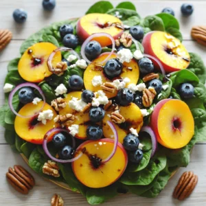 - 2 cups fresh baby spinach - 1 cup ripe peaches, sliced into wedges - 1 cup succulent fresh blueberries - 1/4 cup red onion, very thinly sliced - 1/2 cup creamy feta cheese, crumbled - 1/4 cup pecans, coarsely chopped - 3 tablespoons rich balsamic vinegar - 2 tablespoons extra virgin olive oil - 1 teaspoon pure honey - Salt and freshly ground pepper to taste The key to a great Blueberry Peach Feta Salad lies in using fresh, high-quality ingredients. Each item plays a part in creating a lovely mix of flavors and textures. Start with fresh baby spinach. This will be the base of your salad. It adds a crisp and light taste. Ripe peaches are next. The sweet, juicy wedges elevate the salad. They bring a burst of summer flavor. Fresh blueberries add a sweet-tart note. Their vibrant color makes the salad pop. Red onion gives a sharp bite. Slice it thinly for a milder taste. Feta cheese adds creaminess and a salty punch. It balances the sweetness from the fruit. Pecans bring crunch and earthy flavor. They also add healthy fats. For the dressing, use rich balsamic vinegar and high-quality olive oil. Honey adds a touch of sweetness. Don't forget salt and pepper for seasoning. Combine these elements for a salad that feels gourmet. You can find the Full Recipe for this delightful salad to guide you through each step. To start, you need to make a tasty dressing. In a small bowl, combine: - 3 tablespoons rich balsamic vinegar - 2 tablespoons extra virgin olive oil - 1 teaspoon pure honey - Salt and freshly ground pepper to taste Whisk these ingredients together until they blend well. You want it to be smooth and creamy. Next, it's time to build your salad. In a large salad bowl, layer: - 2 cups fresh baby spinach This will be the base of your salad. Then, arrange the toppings on the spinach. Start with: - 1 cup ripe peaches, sliced into wedges - 1 cup succulent fresh blueberries - 1/2 cup creamy feta cheese, crumbled This mix of colors and flavors will be beautiful and tasty. Now, let’s add more flavor and crunch. Scatter on: - 1/4 cup red onion, very thinly sliced - 1/4 cup pecans, coarsely chopped These add a nice bite and texture. Drizzle your dressing over the salad, making sure every part gets some. Finally, gently toss the salad to mix everything well. Be careful not to squish the fruit. Enjoy this delicious Blueberry Peach Feta Salad! For the full recipe, refer to the detailed instructions above. Serve this salad in individual bowls for a nice look. This makes it feel special. You can top each bowl with extra blueberries and crumbled feta. It boosts both taste and color. You can save time by preparing the dressing ahead. Mix the balsamic vinegar, olive oil, honey, salt, and pepper in advance. Store it in the fridge until you need it. Assemble the salad just before serving. This keeps the spinach fresh and crisp. For added flavor, try fresh herbs like basil or mint. They give a nice twist and brighten the taste. You can also play around with different nuts or cheeses. Almonds or goat cheese can add new textures and tastes. Each change can make the salad feel fresh again. For the full recipe, check out the detailed steps above. {{image_4}} You can change this salad based on the fruits in season. Instead of peaches, try nectarines or strawberries. Both fruits offer a sweet taste. They also add a nice color to your dish. You can use kale instead of spinach for a different texture. Kale gives a hearty crunch and more nutrients. If you want a vegan salad, simply remove the feta cheese. You can use a plant-based cheese instead. This keeps the flavor while making it dairy-free. For those who love protein, adding grilled chicken is a great option. Chicken adds heartiness and makes the salad more filling. Feel free to switch up the dressing for a new taste. You can use apple cider vinegar or red wine vinegar for a tangy twist. These vinegars bring their unique flavors to the mix. If you want a creamy dressing, try a yogurt-based option. It adds richness while keeping the salad light. For the complete recipe, check out the Full Recipe. After making the Blueberry Peach Feta Salad, store any leftovers in an airtight container. This keeps the salad fresh for up to 2 days. Make sure to seal it well to prevent any odors from your fridge. If you want to keep the salad for longer, store the dressing separately from the salad. This helps maintain the freshness of the greens and fruits. If you make the salad ahead of time, consider storing each ingredient individually. This way, you can mix them fresh when you’re ready to enjoy the salad. Before serving, always check for signs of spoilage. Look for wilting spinach or mold on the fruit. If you notice any off smells or unusual appearances, it’s best to discard the salad. Trust your senses to ensure your meal is safe and tasty! Yes, but fresh blueberries are recommended for the best texture. Frozen berries can lose their shape and become mushy when thawed. Fresh blueberries add a firm bite and vibrant color to your salad. They burst with juice, enhancing the overall flavor profile. Goat cheese or a plant-based alternative works well. Goat cheese offers a creamy texture with a tangy flavor. If you prefer a vegan option, try using a plant-based cheese that mimics feta. Both choices will keep the salad rich and delicious. Adding grilled chicken, quinoa, or chickpeas can enhance satiety. Grilled chicken adds protein and makes the salad heartier. Quinoa offers a nutty flavor and extra fiber. Chickpeas also add protein and a nice texture. Choose any option to turn this salad into a satisfying meal. For the full recipe, check out [Full Recipe]. This blog post covers how to make a fresh and tasty salad. You learned about the key ingredients like spinach, peaches, and blueberries. I shared easy steps for making the dressing and assembling the salad. Tips, like adding fresh herbs and different cheeses, can boost flavor. Plus, you can store the salad for later use. In closing, enjoy experimenting with this salad. It’s versatile and delicious. You can make it your own. Simple changes can lead to unique flavors. Happy salad-making!