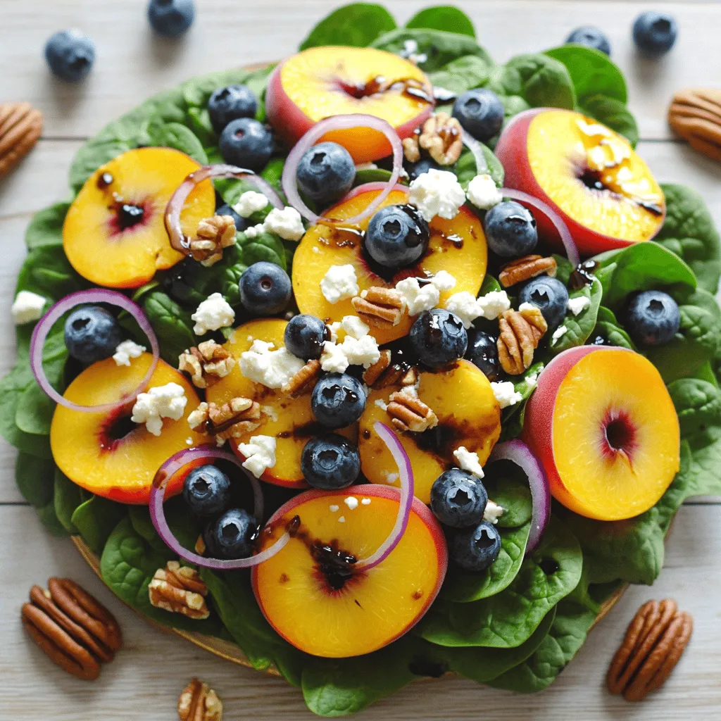 - 2 cups fresh baby spinach - 1 cup ripe peaches, sliced into wedges - 1 cup succulent fresh blueberries - 1/4 cup red onion, very thinly sliced - 1/2 cup creamy feta cheese, crumbled - 1/4 cup pecans, coarsely chopped - 3 tablespoons rich balsamic vinegar - 2 tablespoons extra virgin olive oil - 1 teaspoon pure honey - Salt and freshly ground pepper to taste The key to a great Blueberry Peach Feta Salad lies in using fresh, high-quality ingredients. Each item plays a part in creating a lovely mix of flavors and textures. Start with fresh baby spinach. This will be the base of your salad. It adds a crisp and light taste. Ripe peaches are next. The sweet, juicy wedges elevate the salad. They bring a burst of summer flavor. Fresh blueberries add a sweet-tart note. Their vibrant color makes the salad pop. Red onion gives a sharp bite. Slice it thinly for a milder taste. Feta cheese adds creaminess and a salty punch. It balances the sweetness from the fruit. Pecans bring crunch and earthy flavor. They also add healthy fats. For the dressing, use rich balsamic vinegar and high-quality olive oil. Honey adds a touch of sweetness. Don't forget salt and pepper for seasoning. Combine these elements for a salad that feels gourmet. You can find the Full Recipe for this delightful salad to guide you through each step. To start, you need to make a tasty dressing. In a small bowl, combine: - 3 tablespoons rich balsamic vinegar - 2 tablespoons extra virgin olive oil - 1 teaspoon pure honey - Salt and freshly ground pepper to taste Whisk these ingredients together until they blend well. You want it to be smooth and creamy. Next, it's time to build your salad. In a large salad bowl, layer: - 2 cups fresh baby spinach This will be the base of your salad. Then, arrange the toppings on the spinach. Start with: - 1 cup ripe peaches, sliced into wedges - 1 cup succulent fresh blueberries - 1/2 cup creamy feta cheese, crumbled This mix of colors and flavors will be beautiful and tasty. Now, let’s add more flavor and crunch. Scatter on: - 1/4 cup red onion, very thinly sliced - 1/4 cup pecans, coarsely chopped These add a nice bite and texture. Drizzle your dressing over the salad, making sure every part gets some. Finally, gently toss the salad to mix everything well. Be careful not to squish the fruit. Enjoy this delicious Blueberry Peach Feta Salad! For the full recipe, refer to the detailed instructions above. Serve this salad in individual bowls for a nice look. This makes it feel special. You can top each bowl with extra blueberries and crumbled feta. It boosts both taste and color. You can save time by preparing the dressing ahead. Mix the balsamic vinegar, olive oil, honey, salt, and pepper in advance. Store it in the fridge until you need it. Assemble the salad just before serving. This keeps the spinach fresh and crisp. For added flavor, try fresh herbs like basil or mint. They give a nice twist and brighten the taste. You can also play around with different nuts or cheeses. Almonds or goat cheese can add new textures and tastes. Each change can make the salad feel fresh again. For the full recipe, check out the detailed steps above. {{image_4}} You can change this salad based on the fruits in season. Instead of peaches, try nectarines or strawberries. Both fruits offer a sweet taste. They also add a nice color to your dish. You can use kale instead of spinach for a different texture. Kale gives a hearty crunch and more nutrients. If you want a vegan salad, simply remove the feta cheese. You can use a plant-based cheese instead. This keeps the flavor while making it dairy-free. For those who love protein, adding grilled chicken is a great option. Chicken adds heartiness and makes the salad more filling. Feel free to switch up the dressing for a new taste. You can use apple cider vinegar or red wine vinegar for a tangy twist. These vinegars bring their unique flavors to the mix. If you want a creamy dressing, try a yogurt-based option. It adds richness while keeping the salad light. For the complete recipe, check out the Full Recipe. After making the Blueberry Peach Feta Salad, store any leftovers in an airtight container. This keeps the salad fresh for up to 2 days. Make sure to seal it well to prevent any odors from your fridge. If you want to keep the salad for longer, store the dressing separately from the salad. This helps maintain the freshness of the greens and fruits. If you make the salad ahead of time, consider storing each ingredient individually. This way, you can mix them fresh when you’re ready to enjoy the salad. Before serving, always check for signs of spoilage. Look for wilting spinach or mold on the fruit. If you notice any off smells or unusual appearances, it’s best to discard the salad. Trust your senses to ensure your meal is safe and tasty! Yes, but fresh blueberries are recommended for the best texture. Frozen berries can lose their shape and become mushy when thawed. Fresh blueberries add a firm bite and vibrant color to your salad. They burst with juice, enhancing the overall flavor profile. Goat cheese or a plant-based alternative works well. Goat cheese offers a creamy texture with a tangy flavor. If you prefer a vegan option, try using a plant-based cheese that mimics feta. Both choices will keep the salad rich and delicious. Adding grilled chicken, quinoa, or chickpeas can enhance satiety. Grilled chicken adds protein and makes the salad heartier. Quinoa offers a nutty flavor and extra fiber. Chickpeas also add protein and a nice texture. Choose any option to turn this salad into a satisfying meal. For the full recipe, check out [Full Recipe]. This blog post covers how to make a fresh and tasty salad. You learned about the key ingredients like spinach, peaches, and blueberries. I shared easy steps for making the dressing and assembling the salad. Tips, like adding fresh herbs and different cheeses, can boost flavor. Plus, you can store the salad for later use. In closing, enjoy experimenting with this salad. It’s versatile and delicious. You can make it your own. Simple changes can lead to unique flavors. Happy salad-making!