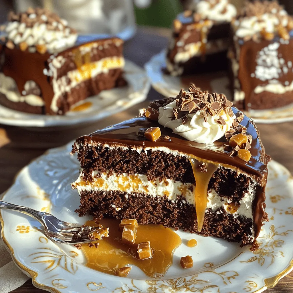 To make the Chocolate Caramel Toffee Crunch Cake, gather these items: - 1 ¾ cups all-purpose flour - 1 ½ cups granulated sugar - ½ cup unsweetened cocoa powder - 2 teaspoons baking powder - 1 teaspoon baking soda - ½ teaspoon salt - 2 large eggs - 1 cup buttermilk - ½ cup vegetable oil - 2 teaspoons vanilla extract - 1 cup boiling water - 1 cup chocolate chips, plus extra for topping - 1 cup caramel sauce (store-bought or homemade) - 1 cup toffee bits (store-bought or homemade) - Whipped cream, for serving - Chocolate shavings or additional toffee bits, for garnish Not every ingredient needs to be set in stone. Here are some swaps you can try: - Instead of all-purpose flour, you can use cake flour for a lighter cake. - If you want less sugar, try using coconut sugar or honey. - Replace buttermilk with regular milk mixed with a teaspoon of vinegar for a similar taste. - You can use canola oil in place of vegetable oil. - For a dairy-free option, use almond milk and a dairy-free butter. - If you don’t have toffee bits, crushed cookies or nuts work well too. To ensure your cake turns out perfect: - Use fresh ingredients. Old baking powder or soda can lead to flat cakes. - Measure flour correctly. Spoon it into the cup and level it off. - Allow eggs and buttermilk to reach room temperature for better mixing. - Boil the water before adding it to the batter. This helps the cocoa bloom. - Mix the batter just until combined. Over-mixing can make the cake tough. - Let the cakes cool completely on wire racks before stacking. This prevents sogginess. Following these tips will help you bake a delicious Chocolate Caramel Toffee Crunch Cake. For the full recipe, check the earlier section! Start by preheating your oven to 350°F (175°C). This helps the cake bake evenly. Grab two 9-inch round cake pans. Grease them with butter. Then, lightly dust the pans with flour. This dusting keeps the cakes from sticking, making them easy to remove. In a large mixing bowl, combine these dry ingredients: - 1 ¾ cups all-purpose flour - 1 ½ cups granulated sugar - ½ cup unsweetened cocoa powder - 2 teaspoons baking powder - 1 teaspoon baking soda - ½ teaspoon salt Whisk everything together. You want a smooth, even mixture. This step ensures the cake rises well and has a great texture. Now, add the wet ingredients to your dry mix: - 2 large eggs - 1 cup buttermilk - ½ cup vegetable oil - 2 teaspoons vanilla extract Use an electric mixer to beat the mix on medium speed for about 2 minutes. You want a smooth batter. It should look well-combined. Next, gradually pour in 1 cup of boiling water. Stir gently until the batter is fully mixed. It will be thin, and that’s just right. Next, pour the batter evenly into the two prepared cake pans. Bake them for 30-35 minutes. Stick a toothpick in the center of each cake. If it comes out clean, they are done. Once baked, let them cool in the pans for 10 minutes. Then, move them to wire racks to cool completely. Once the cakes are cool, place one layer on a serving plate. Drizzle half of the caramel sauce over the top. Then, sprinkle half of the toffee bits on it. This makes the first layer tasty and sticky. Place the second cake layer on top. Repeat the process with the remaining caramel sauce and toffee bits. For a fancy touch, you can frost the sides and top with whipped cream. Add extra chocolate shavings or toffee bits for a beautiful finish. Enjoy your Chocolate Caramel Toffee Crunch Cake! For the complete recipe, you can refer to the Full Recipe. To get a great cake texture, mix the dry ingredients well. This helps the baking powder and soda work together. When you add wet ingredients, mix just until combined. Overmixing can lead to a dense cake. Use room temperature eggs and buttermilk for better mixing. Finally, don't skip the boiling water; it makes the batter smooth and helps the cake rise. Let the cakes cool for about 10 minutes in the pans. After that, move them to wire racks. This helps the cakes cool evenly and prevents sogginess. Store any leftover cake in an airtight container. You can keep it at room temperature for a few days or in the fridge for up to a week. If your cake sinks in the middle, it might be undercooked. Always check with a toothpick before removing it from the oven. If the edges burn but the center is raw, lower the oven temperature. For a dry cake, make sure you measure your flour correctly. Use the spoon-and-level method to avoid adding too much flour. For more help, check out the Full Recipe for detailed baking instructions. {{image_4}} You can change the flavor of your Chocolate Caramel Toffee Crunch Cake easily. For a coffee twist, add 1 tablespoon of espresso powder. It enhances the chocolate taste. You can also swap vanilla extract for almond extract. This adds a nutty layer to each bite. Consider adding orange zest for a fresh, citrusy note. This will brighten the rich flavors. Want a healthier take? You can make this cake gluten-free. Just use gluten-free flour instead of all-purpose flour. For a vegan version, replace eggs with flaxseed meal or applesauce. Use almond milk in place of buttermilk and choose a dairy-free caramel sauce. These tweaks will keep the cake delicious and suitable for various diets. Serve your cake with a scoop of vanilla ice cream for a sweet touch. Fresh berries on the side add a nice contrast and color. Drizzle more caramel sauce on top for extra sweetness. You could also pair this cake with a cup of coffee or a rich hot chocolate. Each option enhances the chocolate and toffee flavors beautifully. These variations let you experiment while enjoying this delightful cake. For the complete Chocolate Caramel Toffee Crunch Cake recipe, check the Full Recipe section. To keep your Chocolate Caramel Toffee Crunch Cake fresh, store it in an airtight container. Place the cake at room temperature for up to three days. If you live in a warm area, keep it in the fridge. Always cover the cake with plastic wrap or foil to prevent it from drying out. You can freeze the cake for longer storage. First, let the cake cool completely. Then, slice it into portions. Wrap each slice in plastic wrap, then place them in a freezer bag. This keeps the cake fresh for up to three months. When you want to enjoy a slice, take it out of the freezer and let it thaw in the fridge overnight. For refrigerating, simply store it in an airtight container for up to a week. If your cake has been in the fridge or freezer, you may want to refresh it before serving. To do this, preheat the oven to 350°F (175°C). Place the cake slices on a baking sheet and cover them with foil. Warm them in the oven for about 10 minutes. This will help restore some of that fresh-baked flavor and texture. You can also microwave individual slices for about 15-20 seconds, but be careful not to overheat them. Enjoy your delicious cake! Yes, you can make the cake ahead of time. Bake the cakes and let them cool completely. Then, wrap them in plastic wrap. Store them in the fridge for up to three days. You can also freeze the cakes for up to three months. Just make sure to thaw them before frosting. To check if the cake is done, insert a toothpick into the center. If it comes out clean or with a few moist crumbs, the cake is ready. If it has wet batter on it, bake for a few more minutes and check again. If you don't have buttermilk, you can use regular milk. Just add one tablespoon of lemon juice or vinegar to one cup of milk. Let it sit for five minutes. This mixture will mimic buttermilk's tangy flavor and acidity. Absolutely! Homemade caramel sauce works great in this recipe. It adds a personal touch and can taste even better than store-bought. Just make sure it’s thick enough to drizzle. To prevent sticking, grease the pans well with butter. Then, dust the pans with flour. You can also use parchment paper on the bottom. This will help the cakes slide out easily after baking. This blog post covered all you need for baking a great Chocolate Caramel Toffee Crunch Cake. We listed ingredients, offered substitutes, and shared tips for success. I detailed the step-by-step process for mixing and baking, and even included storage suggestions. Remember, you can play with flavors, and I answered common questions to guide you. With these tools, you can make this cake and enjoy tasty results. Happy baking!