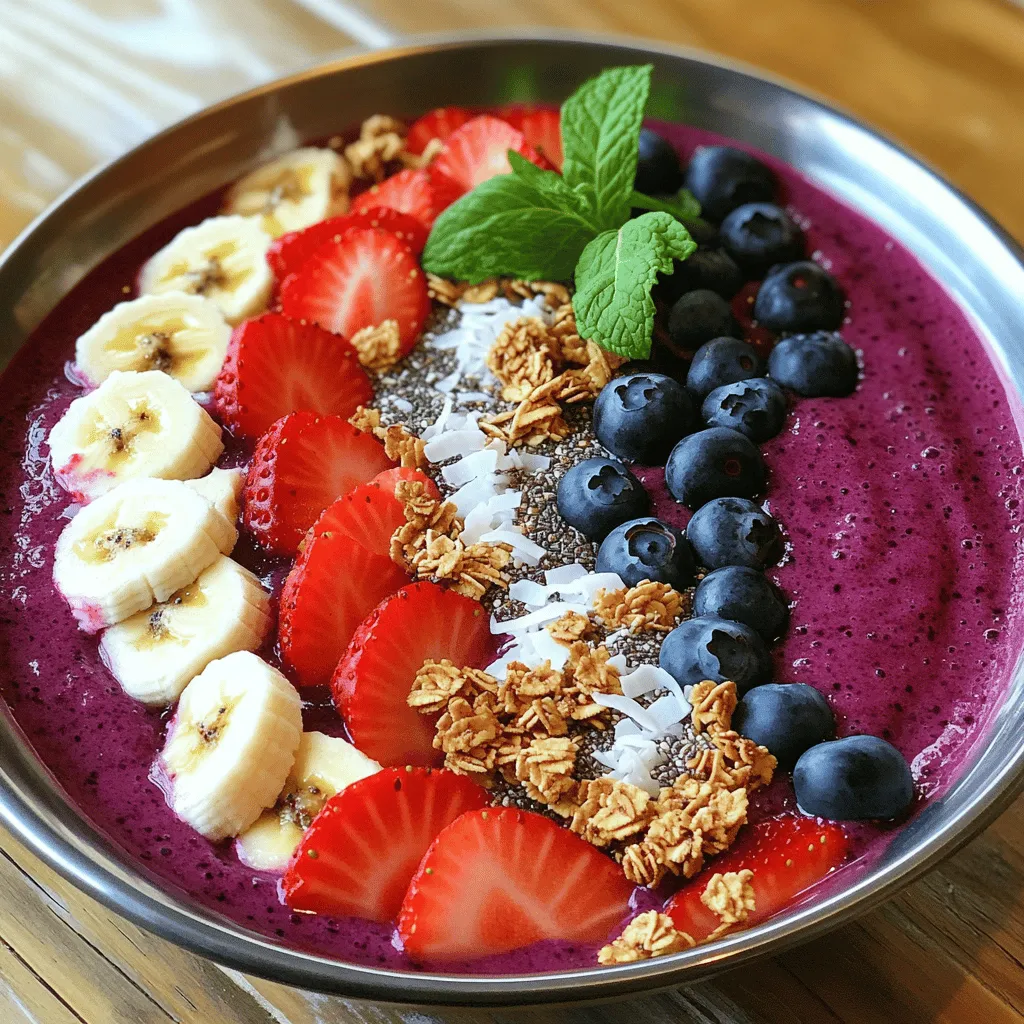 Creating the perfect Berry Bliss Smoothie Bowl starts with fresh and vibrant ingredients. Here’s what you need: - 1 cup frozen mixed berries (strawberries, blueberries, raspberries) - 1 ripe banana, sliced - 1/2 cup Greek yogurt (or dairy-free alternative) - 1/2 cup coconut milk (or preferred milk option) - 1 tablespoon honey or maple syrup (optional) - Toppings: fresh berries, additional banana slices, granola, chia seeds, shredded coconut, mint leaves Using frozen mixed berries gives your bowl a chill and a burst of flavor. The banana adds natural sweetness and creaminess. Greek yogurt not only thickens the blend but also packs a protein punch. Coconut milk makes it rich and smooth. If you like it sweeter, the honey or maple syrup works great. For toppings, the options are endless. Fresh berries and banana slices enhance the fruity taste. Granola adds crunch, while chia seeds and shredded coconut bring texture. Mint leaves not only look nice, but they also add a fresh touch. Feel free to adjust these ingredients to suit your taste. You can check the Full Recipe for exact measurements and instructions. Enjoy crafting your Berry Bliss Smoothie Bowl! - Step 1: Blend the ingredients Start by adding the frozen mixed berries, sliced banana, Greek yogurt, coconut milk, and honey or maple syrup to your blender. Blend on high until it becomes smooth and creamy. If the mix is too thick, add a little more milk. Scrape the sides as needed to get everything blended well. - Step 2: Pour and spread smoothie mixture Carefully pour the smoothie mixture into a bowl. Spread it out evenly for a nice look. You want it thick enough to hold the toppings, so keep that in mind when pouring. - Step 3: Arrange toppings artfully Now comes the fun part! Take your fresh berries, banana slices, granola, chia seeds, and shredded coconut. Start by making a line of granola in the middle. Then, place the fresh berries and banana slices around it. Sprinkle chia seeds and coconut over the top. Add mint leaves for a pop of color. This is how you create a Berry Bliss Smoothie Bowl that looks as good as it tastes! For the complete recipe, check out the Full Recipe. Achieve the right consistency For a thick and creamy smoothie bowl, use frozen mixed berries. They help create a smooth texture. If your mix is too thick, add a splash of coconut milk. Blend until it’s creamy. You want it thick enough to hold toppings without spilling. Scaling the recipe for more servings To make more servings, simply double or triple the ingredients. This recipe is easy to adjust. If you use a larger blender, you can blend everything at once. Just keep the same ratios for the best results. Ideas for customizing sweetness and flavors You can change the sweetness by adjusting the honey or maple syrup. If you like it sweeter, add more! For a new flavor, try adding vanilla extract or a splash of orange juice. Don’t shy away from mixing in different fruits, like mango or peach, to keep things fresh and exciting. For the full recipe, check out the Berry Bliss Smoothie Bowl section. Enjoy creating your perfect smoothie bowl! {{image_4}} You can mix it up with different fruits. Try mango, pineapple, or peaches for new tastes. Each fruit adds a unique flavor and texture to your bowl. Experiment and find your favorite combo! For a dairy-free option, swap Greek yogurt with coconut yogurt. Use almond or oat milk instead of coconut milk. This keeps the creamy texture while catering to your needs. Want to boost nutrition? Add nut butter like almond or peanut butter. You can also mix in protein powder for an extra kick. This makes your bowl more filling and packs in protein. You can check the Full Recipe for more details on making this delightful treat! You might have extra smoothie bowl left after making it. Here are some tips on how to store that deliciousness. - Refrigerating Unopened Portions: If you have some smoothie left, store it in an airtight container. It stays fresh for up to two days in the fridge. Keep it covered to avoid any odd smells from other foods. - Freezing Smoothie Bowls: Want to save some for later? You can freeze your smoothie bowl! Use a freezer-safe container and pour in the smoothie. Just remember to leave some space at the top. It can expand as it freezes. Smoothie bowls can last up to three months in the freezer. - Reheating Tips and Freshness Considerations: Smoothie bowls are best enjoyed cold. If you freeze it, thaw it overnight in the fridge. If it seems too thick after thawing, add a splash of milk and stir. You can also blend it again for a smoother texture. By storing your leftover Berry Bliss Smoothie Bowl correctly, you can enjoy this treat even longer! How do I make a smoothie bowl thicker? To make your smoothie bowl thicker, start with less liquid. Use frozen fruit like berries and bananas. The more frozen fruit you use, the thicker the bowl will be. You can also add Greek yogurt, which helps create a creamy texture. If it’s too runny, add a bit more fruit instead of liquid to keep it thick. Can I prepare this smoothie bowl in advance? Yes, you can prepare this smoothie bowl in advance. Blend all your ingredients and pour them into a bowl. Cover it and store it in the fridge for a few hours. However, for the best taste and texture, I recommend making it fresh. If you want to prep ahead, you can freeze the smoothie base and blend it when you’re ready to eat. What are the health benefits of berries in smoothies? Berries are packed with vitamins and antioxidants. They can help reduce inflammation and improve heart health. They also provide fiber, which is great for digestion. Adding berries to your smoothie bowl gives it a burst of flavor and color. They make your treat not just tasty, but also good for your body. This blog taught you how to make a berry bliss smoothie bowl. You learned about the key ingredients, simple steps, and smart tips. Try different fruits and toppings to make it your own. Store extras in the fridge or freezer for later. Remember, smoothies are fun and healthy, plus they can be a big treat. Enjoy your tasty creations while nourishing your body. You now have the tools to whip up a delicious smoothie bowl whenever you want!