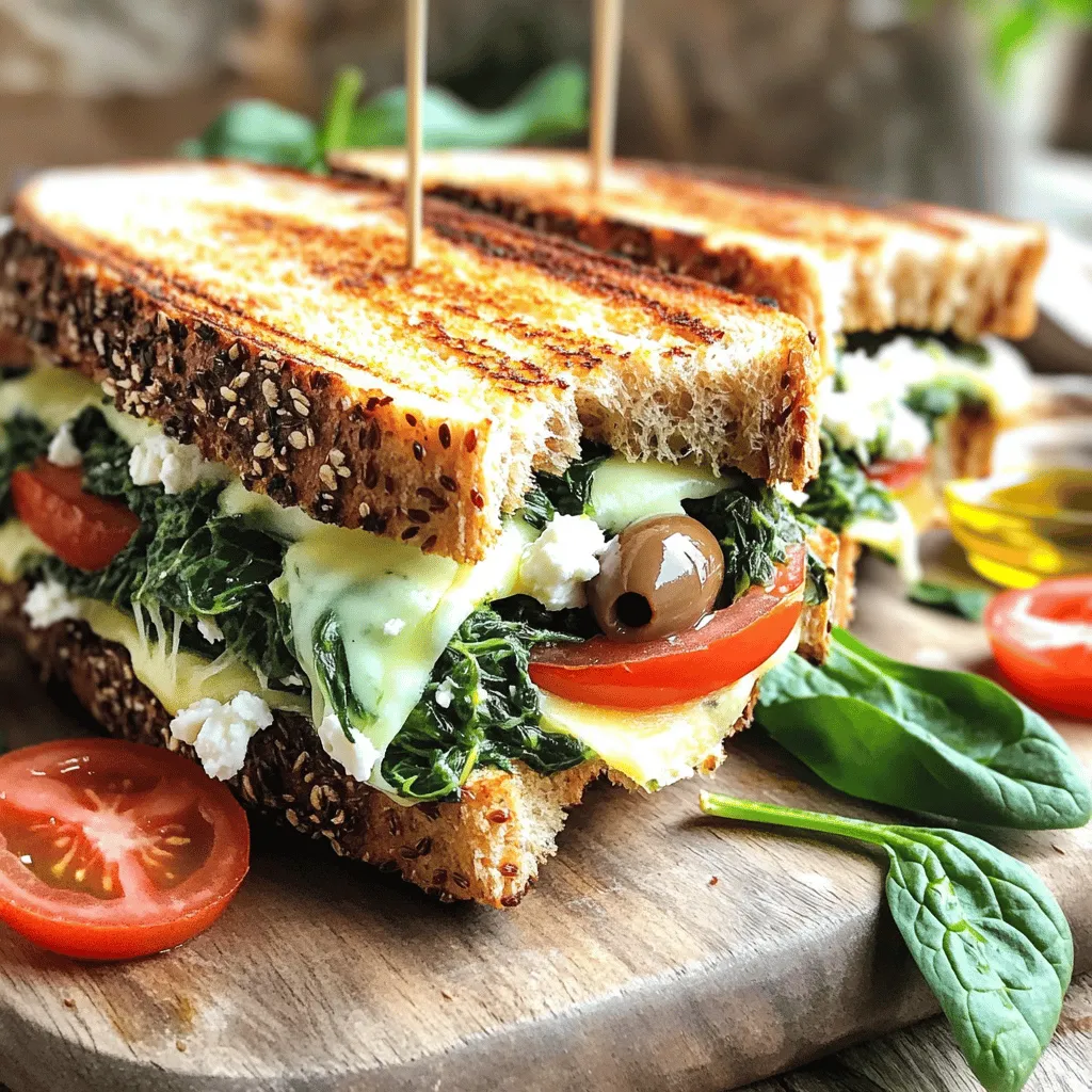 - 4 slices of whole grain bread - 1 cup fresh spinach, finely chopped - 1/2 cup feta cheese, crumbled - 1/2 cup mozzarella cheese, shredded - 1 small ripe tomato, thinly sliced - 1/4 cup Kalamata olives, pitted and roughly chopped - 2 tablespoons sun-dried tomatoes, finely chopped - 2 tablespoons extra virgin olive oil, divided - 1 teaspoon garlic powder - Salt and freshly ground black pepper to taste When I make Mediterranean Spinach Grilled Cheese, I focus on fresh, vibrant ingredients. Whole grain bread gives a hearty base. I love using fresh spinach for a pop of color and nutrition. Feta cheese adds a salty bite, while mozzarella melts beautifully to create that gooey texture everyone loves. For extra flavor, I include ripe tomatoes, Kalamata olives, and sun-dried tomatoes. Each ingredient brings its own taste to this dish. The olive oil adds richness. To season, I use garlic powder, salt, and pepper. These simple seasonings really enhance the flavors. When you mix all these ingredients together, they create a delightful filling. The combination is not only tasty but also full of nutrients. Check out the Full Recipe for all the steps to create this delicious sandwich! To start, gather your ingredients. In a large mixing bowl, combine: - 1 cup fresh spinach, finely chopped - 1/2 cup feta cheese, crumbled - 1/2 cup mozzarella cheese, shredded - 1 small ripe tomato, thinly sliced - 1/4 cup Kalamata olives, pitted and roughly chopped - 2 tablespoons sun-dried tomatoes, finely chopped Mix everything well. Make sure all the flavors blend together. Now, season your mixture. I like to add garlic powder, salt, and black pepper to taste. This adds a nice kick to your filling. Now, it's time to build your sandwich. Take two slices of whole grain bread. Spread the filling mixture on each slice. Make sure to cover it evenly. Then, place the remaining bread slices on top to create two complete sandwiches. Next, heat your skillet. Pour 1 tablespoon of extra virgin olive oil into a large non-stick skillet. Let it heat over medium heat until it shimmers. Carefully place the sandwiches in the hot skillet. Grill each sandwich for about 3-4 minutes on each side. Look for a nice golden brown color and melted cheese. If they brown too fast, lower the heat. You can add the remaining tablespoon of olive oil when you flip them for a crisp crust. Enjoy the delicious Mediterranean Spinach Grilled Cheese! For the full recipe, check the earlier section. - Optimal skillet temperature: Heat your skillet over medium heat. This helps the bread brown nicely. Too high, and you’ll burn the outside before the inside melts. - Using the right amount of oil: Use about one tablespoon of olive oil per sandwich. This gives a nice crisp crust without being greasy. Add a bit more oil when you flip the sandwiches for an even color. - Tips on achieving gooey cheese: To get that perfect melt, use a mix of cheeses. Feta adds flavor, while mozzarella gives stretch. Cover your skillet with a lid while cooking. This traps heat and helps the cheese melt faster. - Serving suggestions: Cut your grilled cheese in halves or quarters. This makes it easy to share. Arrange the pieces on a rustic wooden board for a homey look. - Garnishing ideas: Add fresh spinach leaves and sliced tomatoes around the sandwiches. For an extra touch, drizzle olive oil in a small dish for dipping. This adds color and makes it look fancy. For detailed steps and measurements, check the Full Recipe. {{image_4}} You can change the cheese in this recipe. Swap feta with goat cheese for a tangy twist. Goat cheese melts well and adds a creamy texture. You can also mix and match cheeses. Try sharp cheddar or creamy brie. Each cheese brings its own flavor and fun to the sandwich. Enhance your grilled cheese with add-ins. Include artichokes or bell peppers for extra flavor. These veggies add crunch and freshness. You can also experiment with herbs. Fresh basil or dill can brighten the taste. Just chop them finely and mix them in. If you're gluten-free, don't worry. You can find great bread alternatives. Look for gluten-free whole grain bread at stores. Many brands offer tasty options that toast well. This way, everyone can enjoy this delicious Mediterranean spinach grilled cheese. For the full recipe, check the complete guide. To keep your Mediterranean Spinach Grilled Cheese fresh, store leftovers in an airtight container. Place the sandwiches in the fridge. They will last for up to three days. Make sure they cool down before sealing the container. Reheat your grilled cheese in a skillet over low heat. This method keeps the bread crispy and the cheese melty. You can also use an oven. Preheat it to 350°F (175°C) and warm the sandwiches for about 10 minutes. To freeze your grilled cheese, wrap each sandwich well in plastic wrap. Then, place them in a freezer bag. They can stay frozen for up to a month. When ready to eat, thaw them in the fridge overnight. Then, reheat as mentioned above. This keeps their taste and texture. For the complete recipe, check the Full Recipe link! You can enjoy this grilled cheese with many tasty sides. Here are some great ideas: - Tomato soup: A classic pairing that balances the flavors. - Side salad: A fresh salad adds crunch and nutrition. - Chips: Crunchy chips offer a fun texture contrast. - Pickles: The tanginess of pickles cuts through the richness of cheese. - Roasted veggies: Flavorful veggies add depth to your meal. These sides enhance the overall experience and make your meal more delightful. Managing heat is key to perfect grilled cheese. Here are some tips: - Use medium heat: Start with medium heat to cook evenly. - Preheat your skillet: This helps the bread toast nicely. - Oil wisely: Use enough oil to prevent sticking but not too much. - Flip carefully: Turn the sandwich gently to avoid burning. - Watch closely: Stay nearby and check often. These steps help you achieve a golden-brown crust without burning. Yes, you can easily make a vegan version! Here are some swaps: - Bread: Ensure your bread is dairy-free. - Cheese: Use vegan cheese or cashew cheese for a creamy texture. - Feta: Consider crumbled tofu with lemon juice for a feta-like taste. - Olive oil: Stick with olive oil; it's already vegan. These changes let you enjoy a delicious Mediterranean Spinach Grilled Cheese that fits your diet. For more details, check the Full Recipe. This blog post detailed how to make a delicious Mediterranean Spinach Grilled Cheese. We covered the key ingredients like whole grain bread, fresh spinach, and flavorful cheeses. I shared simple steps to prepare, assemble, and grill your sandwich to golden perfection. Plus, I provided tips for the best grilling, cheese melting, and serving ideas. Remember, you can customize this sandwich with different cheeses and ingredients. Enjoy making this tasty meal! It’s easy and sure to impress anyone.