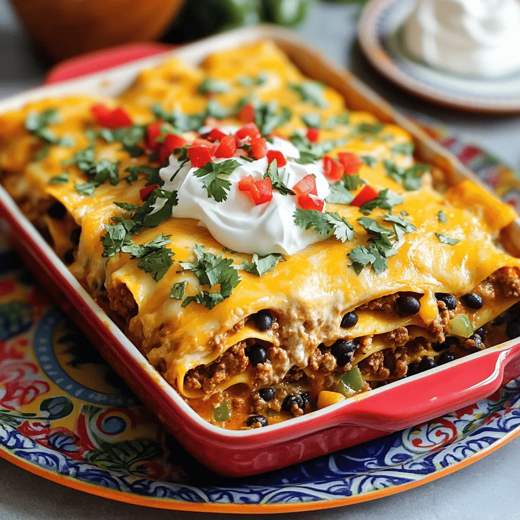 - 1 lb ground beef or turkey - 12 corn tortillas - 1 can (15 oz) black beans, drained and rinsed Taco lasagna starts with your choice of meat. Ground beef adds richness, while turkey keeps it lean. I suggest using fresh corn tortillas. They hold the layers without falling apart. Black beans offer a nice texture and extra protein. Together, these create a hearty base. - 2 cups shredded cheddar cheese - 1 cup sour cream For the creamy goodness, I use shredded cheddar cheese. It melts beautifully and adds a sharp flavor. Sour cream brings a cool contrast to the dish. It also helps balance the spices, making each bite delightful. - 1 red bell pepper, diced - 1 can (10 oz) diced tomatoes with green chilies (plus juices) - 1 packet taco seasoning (about 1 oz) The red bell pepper adds sweetness and color to the lasagna. Diced tomatoes with green chilies provide moisture and a slight kick. Taco seasoning is key for that authentic flavor. It mixes all these tasty ingredients together. You will love how vibrant and rich this dish becomes. For the full recipe, you can explore the detailed steps to create this flavor-packed taco lasagna. - Preheat oven to 375°F (190°C). - Chop the onion and red bell pepper. - Mince the garlic and measure the taco seasoning. - In a large skillet, sauté the onions and garlic. - Cook for about 3-5 minutes until soft. - Add the ground beef or turkey to the skillet. - Brown the meat for about 6-8 minutes. - In an 8x11 inch baking dish, place 4 corn tortillas at the bottom. - Make sure they slightly overlap for full coverage. - Spread half of the meat and bean mixture on top. - Add half of the sour cream, dolloping it over the meat. - Sprinkle 1 cup of cheese over everything. - Repeat with another layer of 4 tortillas. - Add the rest of the meat mixture, sour cream, and cheese. - Finish with the last 4 tortillas on top. - Spread the last cheese evenly on the top layer. - Cover with foil and bake for 25 minutes. - Remove the foil and bake for another 15 minutes until bubbly. - Let it rest for 10 minutes before slicing. - Garnish with fresh cilantro and jalapeños if desired. Sautéing is key to great flavors. Start by heating a skillet over medium heat. Add oil, then onions and garlic. Stir for 3-5 minutes until soft. This step builds a good base. For even cooking, break up the meat as it browns. This ensures no big clumps remain. Cook until no pink is left, about 6-8 minutes. Spices can boost your taco lasagna. Taco seasoning is a must, but feel free to add more. Try chili powder for heat or cumin for depth. Fresh herbs like cilantro add brightness. You can also customize it. Add black olives or diced jalapeños for extra flavor. Don't be shy with your choices. Pair taco lasagna with fresh sides for a great meal. A simple green salad helps balance the dish. Consider serving with corn on the side for sweetness. Presentation is also important. Serve on a colorful plate. Add a sprinkle of cilantro and a dollop of sour cream. This makes the dish pop and look inviting. For the full recipe, check out Taco Lasagna Delight . {{image_4}} You can choose different meats for your taco lasagna. Ground beef is classic and full of flavor. Ground turkey is a great lean option that still tastes good. If you want to skip meat, try using lentils or mushrooms. Both give a hearty flavor and texture. You can make a tasty vegetarian taco lasagna that everyone will enjoy. Cheese makes taco lasagna creamy and rich. Shredded cheddar cheese is a top choice. You can also use mozzarella for a milder taste. Mixing cheeses adds depth to the dish. Try combining pepper jack for a little kick. This mix creates a great cheese blend that melts perfectly. Want some spice? You can add heat to your taco lasagna in many ways. Mix in jalapeños or crushed red pepper for a zesty touch. You can adjust how spicy your dish is. Just add a little at a time until it’s right for you. Even a hint of hot sauce can enhance the flavors. Make your taco lasagna as spicy or mild as you like! To store taco lasagna in the fridge, let it cool completely. Cover it tightly with plastic wrap or foil. You can also use an airtight container. This keeps the flavors fresh and prevents drying out. It’s best to eat it within 3-4 days for the best taste. If you want to freeze taco lasagna, let it cool first. Cut it into serving sizes. Wrap each piece in plastic wrap and then aluminum foil. Place the wrapped pieces in a freezer bag or container. This way, they stay fresh for up to 3 months. To thaw, put it in the fridge overnight. For reheating, use an oven at 350°F (175°C) for about 20-30 minutes. You can also microwave individual pieces for quick meals. Taco lasagna lasts about 3-4 days in the fridge. If frozen, it can last up to 3 months. Always check for signs of spoilage before eating. Enjoy the flavors at their best by following these tips! Yes, you can make taco lasagna ahead of time. Prepare it up to the baking step. Then, cover it tightly with foil and store it in the fridge. It stays fresh for 2-3 days. When you're ready to bake, heat your oven to 375°F (190°C). Bake it for about 40-50 minutes, or until it’s hot and bubbly. This option saves you time on busy days. If you need a substitute for sour cream, you have options. Greek yogurt works well and has a similar tangy flavor. You can also use cottage cheese or a dairy-free yogurt for a lighter touch. For those with allergies, consider using silken tofu blended until smooth. Each option keeps your taco lasagna creamy and delicious. To check if your lasagna is fully cooked, look for a bubbly texture. The cheese should be golden and slightly crisp. You can also insert a knife in the center. It should feel hot to the touch. If it’s still cold or firm, it needs more time. Allow it to rest for 10 minutes before slicing for best results. Yes, taco lasagna can be gluten-free. Use corn tortillas as a base instead of flour ones. Check the labels to ensure they are certified gluten-free. You can also swap in gluten-free pasta sheets for a unique twist. This way, everyone can enjoy this tasty dish without worry. Reheating taco lasagna is easy. Preheat your oven to 350°F (175°C). Place the slices in an oven-safe dish and cover with foil. Bake for about 20 minutes or until heated through. You can also microwave slices for 1-2 minutes, but be careful not to dry it out. Adding a bit of water before covering can help keep it moist. For the [Full Recipe], check out the complete guide on making this delightful dish. This blog post covered all the steps to make a delicious taco lasagna. We discussed the main ingredients like ground beef, corn tortillas, and black beans. I shared tips on cooking and layering for the best results. I also highlighted variations, storage methods, and answered common questions. Taco lasagna is fun and easy to make! You can customize it to fit your taste. Enjoy this tasty dish for your next meal or gathering.