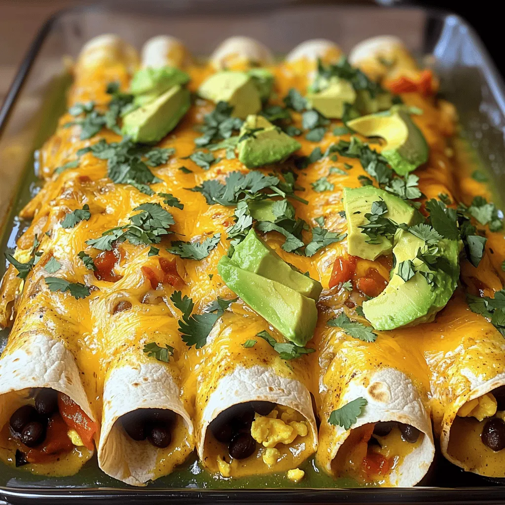 To make breakfast enchiladas, gather these items: - 6 corn tortillas - 4 large eggs - 1 cup black beans, drained and rinsed - 1 cup shredded cheddar cheese - 1 cup diced bell peppers (a mix of red and green for color) - 1/2 cup chopped green onions - 1 teaspoon ground cumin - 1 teaspoon smoked paprika - Salt and pepper to taste - 1 cup salsa verde - 1 avocado, sliced (for topping) - Fresh cilantro, for garnish You can add more fun to your enchiladas with these extras: - Chopped jalapeños for heat - Sour cream for creaminess - Fresh lime juice for a zesty kick - A sprinkle of feta cheese for a salty bite If you need to change some ingredients, try these options: - Use whole wheat tortillas for more fiber. - Swap black beans for pinto or kidney beans. - Replace cheddar with a dairy-free cheese for a vegan dish. - Use egg substitutes like flaxseed meal or tofu for a vegan option. These ingredients help create a tasty meal that everyone will love. Check out the Full Recipe for more details on how to prepare these delicious breakfast enchiladas! Start your prep by gathering all your ingredients. This makes cooking easier. Preheat your oven to 350°F (175°C). Next, lightly grease a 9x13-inch baking dish to stop the enchiladas from sticking. Crack four large eggs into a bowl and whisk them until blended. Season the eggs with ground cumin, smoked paprika, salt, and pepper. Mix well to spread the spices evenly. Heat a splash of oil in a large skillet over medium heat. Add diced bell peppers and sauté them for about 3-4 minutes. You want them to soften and brighten in color. Pour the seasoned eggs into the skillet. Use a spatula to scramble the mixture until the eggs are set. Once cooked, remove the skillet from heat. Gently fold in the drained black beans and half of the shredded cheddar cheese. Now it’s time to assemble the enchiladas! Take one corn tortilla and spoon about 1/4 cup of the egg and bean mix into the center. Roll the tortilla tightly and place it seam-side down in your greased baking dish. Repeat this with the rest of the tortillas. Next, evenly pour the salsa verde over the enchiladas. Make sure each one is well-covered. Finally, sprinkle the remaining shredded cheese on top. Place the baking dish in the oven and bake for 20-25 minutes. You’ll know they’re ready when the cheese is melted and bubbling. After baking, let the enchiladas cool for a few minutes. This helps them set. For serving, top each enchilada with slices of fresh avocado. Add chopped cilantro and green onions for a fresh touch and pretty look. Enjoy your flavorful breakfast enchiladas! For a detailed overview, check the Full Recipe. To get the best breakfast enchiladas, follow these tips: - Use fresh tortillas: Fresh corn tortillas roll better and taste great. - Don’t overfill: Stick to about 1/4 cup of filling per tortilla. This keeps them from bursting. - Cover with salsa: Pour salsa verde evenly to keep the enchiladas moist. - Let them rest: After baking, let them cool for a few minutes. This helps the cheese set. Many people make a few common mistakes: - Skipping seasonings: Always season your eggs and filling well for maximum flavor. - Not greasing the dish: Greasing prevents sticking and helps with easy serving. - Using too much cheese: While cheese is tasty, too much can make them heavy. Aim for balance. - Rushing the cooking: Take your time when scrambling the eggs. Cook them until just set for a fluffier texture. Serving enchiladas is easy and fun. Here are some great ideas: - Top with avocado: Fresh slices of avocado add creaminess. - Add cilantro: Chopped cilantro brings a fresh burst of flavor. - Serve with sides: Pair with fresh fruit or a simple green salad. - Offer extra salsa: Having salsa on the side lets everyone customize their dish. For the full recipe, check out the details above and enjoy your cooking! {{image_4}} For a tasty vegetarian option, skip the eggs. Use tofu instead. Crumble firm tofu in a pan. Season it like the eggs with cumin and paprika. Add black beans, bell peppers, and cheese for a hearty mix. For a vegan twist, swap the cheese for a non-dairy kind. A cashew cheese or nutritional yeast works well. This keeps the dish creamy and flavorful without the animal products. You can easily add protein to your enchiladas. Chopped cooked chicken or turkey adds a nice touch. You can also use breakfast sausage for a savory bite. If you want a unique flavor, try chorizo. Just cook it until browned before mixing it with the eggs. Each protein option changes the taste. You can play with flavors based on what you like. Spice things up by adding your favorite seasonings. A pinch of chili powder makes it hotter. Try adding fresh herbs like cilantro or parsley for a fresh taste. If you love tang, drizzle a lime juice over the top before serving. You can also switch up the salsa. Try mango salsa for a sweet and spicy kick. Each change makes your breakfast enchiladas unique, so don’t hesitate to experiment! Store leftover breakfast enchiladas in an airtight container. Make sure they cool first. Keep them in the fridge for up to three days. This way, they stay fresh and tasty. To reheat, take out the enchiladas and place them on an oven-safe dish. Cover them with foil to keep moisture in. Heat in a preheated oven at 350°F for about 15-20 minutes. This helps the cheese melt and makes them warm throughout. You can freeze breakfast enchiladas for later. Wrap each one tightly in plastic wrap. Then, put them in a freezer-safe bag. They can last up to three months in the freezer. To thaw, place them in the fridge overnight before reheating. This keeps them flavorful and prevents freezer burn. For best results, enjoy them fresh! You can change many parts of Breakfast Enchiladas. Here are some ideas: - Add different veggies: Try spinach, mushrooms, or zucchini for more flavor. - Change the cheese: Use pepper jack for a kick or feta for a tangy taste. - Mix in proteins: Add cooked sausage, bacon, or tofu for extra protein. These changes let you make the dish your own. Be creative with flavors you love! Yes, you can make them ahead! Prepare the enchiladas and place them in the baking dish. Cover the dish with foil and store it in the fridge. Bake them the next morning for a quick breakfast. You can also freeze them for later. Just thaw overnight in the fridge before baking. Breakfast Enchiladas are packed with nutrients. Here is a rough breakdown per serving: - Calories: About 350 - Protein: Around 20 grams - Carbohydrates: About 40 grams - Fat: Roughly 15 grams These values can change based on your ingredient choices. Adjust for your needs! To add spice, you can: - Use hot salsa: Swap regular salsa verde for a spicy version. - Add jalapeños: Mix diced jalapeños into the egg filling or top your dish with fresh slices. - Sprinkle chili powder: Blend chili powder into the eggs for a warm, spicy flavor. Feel free to adjust the heat according to your taste! You learned how to make delicious breakfast enchiladas in simple steps. We covered the ingredients, cooking methods, and pro tips. You can customize these enchiladas to fit your taste. Remember to store leftovers properly to enjoy later. With these ideas and answers to your questions, you can create a great breakfast anytime. Enjoy your cooking and share your tasty results!