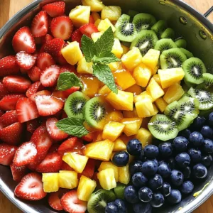 For a great fruit salad, you need fresh fruits. Here are my top picks: - 2 cups strawberries, hulled and quartered - 2 cups pineapple, cubed - 2 cups kiwi, peeled and sliced - 2 cups grapes, halved - 2 cups blueberries - 2 cups watermelon, diced These fruits mix well together. They add color and taste to your salad. Each fruit brings a unique flavor, making it fun to eat. To make the fruit salad sweet, you have a few choices: - Honey - Agave syrup Both options work well. Honey adds richness. Agave syrup is a great vegan choice. Use one cup for a perfect balance of sweetness. Adding some flavor boosts your fruit salad. Here are my favorites: - Juice of 2 fresh limes - Fresh mint leaves for garnish The lime juice gives a zesty kick. Mint leaves add a fresh aroma. Together, they make the salad bright and refreshing. For the full recipe, check out the Rainbow Burst Fruit Salad. Start by washing the fruits well. Rinse strawberries under cool water. Remove the green tops and cut them into quarters. For pineapple, cut off the skin and slice it into cubes. Peel the kiwi and slice it into rounds. Halve the grapes and wash them. Clean the blueberries by gently rinsing them. Lastly, take the watermelon, cut it in half, and scoop out the flesh into cubes. This mix of colors and textures will make your salad pop. Grab a small bowl for the dressing. Pour in the honey or agave syrup. Squeeze the juice of two fresh limes into the bowl. Use a whisk to mix them together. Make sure to whisk until you see a smooth blend. This dressing adds a sweet and tangy kick to your fruit salad. In a large mixing bowl, combine all the prepared fruits. Drizzle the honey-lime dressing over the top. Using a large spoon, toss the fruits gently. Make sure every piece gets coated in the dressing. This step helps all the flavors mix well together. Cover the bowl and chill the salad in the fridge for about 30 minutes. This wait time allows the flavors to blend even more. Serve the salad in a large bowl or individual cups, and add fresh mint leaves on top for a lovely finish. Enjoy your vibrant and refreshing fruit salad for a crowd. For more details, check out the Full Recipe. To make a great fruit salad, pick ripe fruits. Look for strawberries that are bright red and firm. Choose pineapples that smell sweet and feel heavy. For kiwis, press gently; they should give a little. Grapes should be plump and shiny. Blueberries need to be deep blue, and watermelons should feel heavy for their size. You can prepare the fruit salad a few hours ahead. This gives the flavors time to blend. If you make it too early, some fruits might turn brown. I recommend preparing it about two to three hours before serving. This way, it stays fresh and tasty. Get creative when serving your fruit salad! Use hollowed-out watermelons as bowls. This adds a fun touch. Clear cups also work well, letting guests see the colorful layers. For a twist, add a sprinkle of shredded coconut or a few nuts on top. These ideas make your fruit salad stand out at any gathering. {{image_4}} Making fruit salad for everyone is easy! For a vegan version, use agave syrup instead of honey. This keeps it sweet and plant-based. You can also avoid gluten by sticking with fresh fruits, which are naturally gluten-free. Always check labels on dressings if you plan to use them. Fruits change with the seasons, and so can your salad! In spring, add fresh strawberries and cherries. Summer calls for peaches and melons. Autumn brings apples and pears, while winter allows for citrus fruits like oranges and grapefruits. Mixing seasonal fruits keeps the salad fresh and exciting. Want to spice things up? Try adding a pinch of cinnamon or a splash of vanilla to the honey-lime dressing. You can also use yogurt instead of honey. This gives a creamy texture and a new taste. For a tropical flair, add coconut flakes or a splash of coconut milk. Each change adds a unique twist to your fruit salad. To keep your fruit salad fresh, choose a proper storage container. Use an airtight container to prevent air from getting in. This helps keep the fruit from drying out. Store the salad in the fridge right after making it. If you mixed the fruit salad with dressing, eat it within a day or two. If you plan to serve it later, keep the dressing separate until serving time. This will help the fruit stay crisp and vibrant. You can store fruit salad in the fridge for about three days. After that, the fruit may start to lose its color and flavor. If you notice any browning or mushiness, it's time to toss it out. Always check for signs of spoilage before serving. If it looks or smells off, do not eat it. It is not advisable to freeze fruit salad. Freezing can change the texture of the fruits. They may become mushy when thawed. If you want to freeze fruit, consider freezing the individual fruits instead. This way, you can use them later in smoothies or desserts, while preserving their flavor and shape. For the best taste, enjoy your fruit salad fresh! For a delightful recipe, check out the [Full Recipe] for Rainbow Burst Fruit Salad. Yes, you can prepare fruit salad the night before. However, some fruits can lose their crunch. For example, bananas and apples brown quickly. This can affect the look of your dish. To keep the salad fresh, use fruits like berries and melons. They hold their shape well. Store the salad in the fridge in an airtight container. This will help keep it fresh and tasty. You should avoid fruits that brown quickly or spoil fast. Bananas and apples tend to brown when cut. This makes them less appealing. Also, avoid fruits that release a lot of juice, like peaches. They can make your salad watery. Stick with sturdy fruits like strawberries, grapes, and blueberries. These will keep your salad looking bright and fresh. To boost the flavor of your fruit salad, add a few extras. Fresh lime juice brightens the taste and adds zing. You can also mix in a splash of orange juice for sweetness. Adding fresh mint leaves gives a nice, refreshing touch. Try a dash of cinnamon for warmth. These simple additions can make your fruit salad stand out. Don't forget to check the Full Recipe for more tips! In this blog post, we explored how to create a delicious fruit salad. We covered fresh fruits like strawberries and watermelon, sweeteners like honey, and flavor enhancers such as lime juice. I shared tips on preparing, assembling, and storing your salad for the best taste and freshness. Remember, use ripe fruits, and feel free to experiment with variations. Whether for dinner or a picnic, fruit salad can delight your guests. Enjoy your tasty creation and the health benefits it brings!
