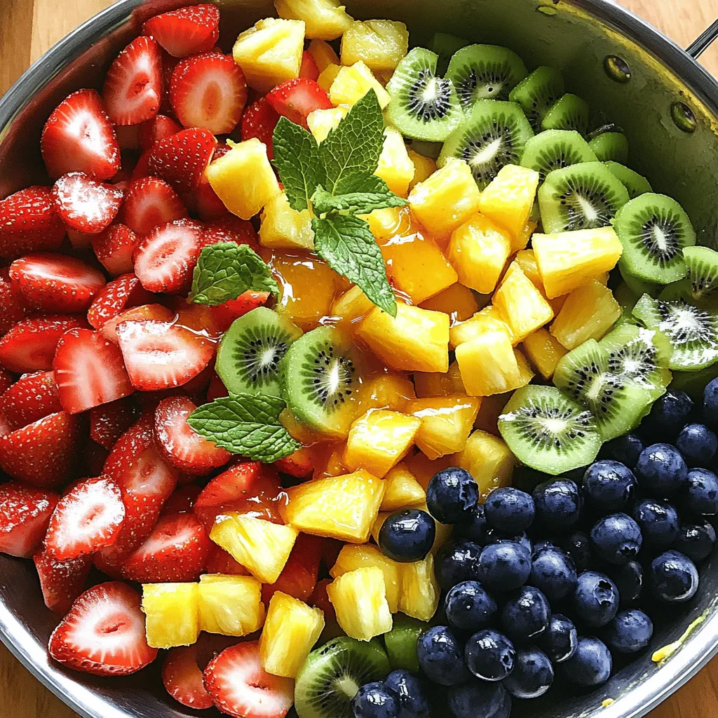 For a great fruit salad, you need fresh fruits. Here are my top picks: - 2 cups strawberries, hulled and quartered - 2 cups pineapple, cubed - 2 cups kiwi, peeled and sliced - 2 cups grapes, halved - 2 cups blueberries - 2 cups watermelon, diced These fruits mix well together. They add color and taste to your salad. Each fruit brings a unique flavor, making it fun to eat. To make the fruit salad sweet, you have a few choices: - Honey - Agave syrup Both options work well. Honey adds richness. Agave syrup is a great vegan choice. Use one cup for a perfect balance of sweetness. Adding some flavor boosts your fruit salad. Here are my favorites: - Juice of 2 fresh limes - Fresh mint leaves for garnish The lime juice gives a zesty kick. Mint leaves add a fresh aroma. Together, they make the salad bright and refreshing. For the full recipe, check out the Rainbow Burst Fruit Salad. Start by washing the fruits well. Rinse strawberries under cool water. Remove the green tops and cut them into quarters. For pineapple, cut off the skin and slice it into cubes. Peel the kiwi and slice it into rounds. Halve the grapes and wash them. Clean the blueberries by gently rinsing them. Lastly, take the watermelon, cut it in half, and scoop out the flesh into cubes. This mix of colors and textures will make your salad pop. Grab a small bowl for the dressing. Pour in the honey or agave syrup. Squeeze the juice of two fresh limes into the bowl. Use a whisk to mix them together. Make sure to whisk until you see a smooth blend. This dressing adds a sweet and tangy kick to your fruit salad. In a large mixing bowl, combine all the prepared fruits. Drizzle the honey-lime dressing over the top. Using a large spoon, toss the fruits gently. Make sure every piece gets coated in the dressing. This step helps all the flavors mix well together. Cover the bowl and chill the salad in the fridge for about 30 minutes. This wait time allows the flavors to blend even more. Serve the salad in a large bowl or individual cups, and add fresh mint leaves on top for a lovely finish. Enjoy your vibrant and refreshing fruit salad for a crowd. For more details, check out the Full Recipe. To make a great fruit salad, pick ripe fruits. Look for strawberries that are bright red and firm. Choose pineapples that smell sweet and feel heavy. For kiwis, press gently; they should give a little. Grapes should be plump and shiny. Blueberries need to be deep blue, and watermelons should feel heavy for their size. You can prepare the fruit salad a few hours ahead. This gives the flavors time to blend. If you make it too early, some fruits might turn brown. I recommend preparing it about two to three hours before serving. This way, it stays fresh and tasty. Get creative when serving your fruit salad! Use hollowed-out watermelons as bowls. This adds a fun touch. Clear cups also work well, letting guests see the colorful layers. For a twist, add a sprinkle of shredded coconut or a few nuts on top. These ideas make your fruit salad stand out at any gathering. {{image_4}} Making fruit salad for everyone is easy! For a vegan version, use agave syrup instead of honey. This keeps it sweet and plant-based. You can also avoid gluten by sticking with fresh fruits, which are naturally gluten-free. Always check labels on dressings if you plan to use them. Fruits change with the seasons, and so can your salad! In spring, add fresh strawberries and cherries. Summer calls for peaches and melons. Autumn brings apples and pears, while winter allows for citrus fruits like oranges and grapefruits. Mixing seasonal fruits keeps the salad fresh and exciting. Want to spice things up? Try adding a pinch of cinnamon or a splash of vanilla to the honey-lime dressing. You can also use yogurt instead of honey. This gives a creamy texture and a new taste. For a tropical flair, add coconut flakes or a splash of coconut milk. Each change adds a unique twist to your fruit salad. To keep your fruit salad fresh, choose a proper storage container. Use an airtight container to prevent air from getting in. This helps keep the fruit from drying out. Store the salad in the fridge right after making it. If you mixed the fruit salad with dressing, eat it within a day or two. If you plan to serve it later, keep the dressing separate until serving time. This will help the fruit stay crisp and vibrant. You can store fruit salad in the fridge for about three days. After that, the fruit may start to lose its color and flavor. If you notice any browning or mushiness, it's time to toss it out. Always check for signs of spoilage before serving. If it looks or smells off, do not eat it. It is not advisable to freeze fruit salad. Freezing can change the texture of the fruits. They may become mushy when thawed. If you want to freeze fruit, consider freezing the individual fruits instead. This way, you can use them later in smoothies or desserts, while preserving their flavor and shape. For the best taste, enjoy your fruit salad fresh! For a delightful recipe, check out the [Full Recipe] for Rainbow Burst Fruit Salad. Yes, you can prepare fruit salad the night before. However, some fruits can lose their crunch. For example, bananas and apples brown quickly. This can affect the look of your dish. To keep the salad fresh, use fruits like berries and melons. They hold their shape well. Store the salad in the fridge in an airtight container. This will help keep it fresh and tasty. You should avoid fruits that brown quickly or spoil fast. Bananas and apples tend to brown when cut. This makes them less appealing. Also, avoid fruits that release a lot of juice, like peaches. They can make your salad watery. Stick with sturdy fruits like strawberries, grapes, and blueberries. These will keep your salad looking bright and fresh. To boost the flavor of your fruit salad, add a few extras. Fresh lime juice brightens the taste and adds zing. You can also mix in a splash of orange juice for sweetness. Adding fresh mint leaves gives a nice, refreshing touch. Try a dash of cinnamon for warmth. These simple additions can make your fruit salad stand out. Don't forget to check the Full Recipe for more tips! In this blog post, we explored how to create a delicious fruit salad. We covered fresh fruits like strawberries and watermelon, sweeteners like honey, and flavor enhancers such as lime juice. I shared tips on preparing, assembling, and storing your salad for the best taste and freshness. Remember, use ripe fruits, and feel free to experiment with variations. Whether for dinner or a picnic, fruit salad can delight your guests. Enjoy your tasty creation and the health benefits it brings!
