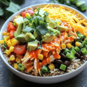 To make Easy Buffalo Chicken Bowls, you will need a few simple ingredients. Here’s a list that will help you gather everything: - 2 cups cooked chicken, shredded (using rotisserie chicken is a quick and tasty option) - 1/2 cup buffalo sauce (feel free to adjust to your desired level of heat) - 1 cup brown rice, cooked according to package instructions - 1 cup corn, drained and rinsed to remove excess sodium - 1 cup black beans, drained and rinsed thoroughly - 1 ripe avocado, diced for creaminess - 1/2 cup diced tomatoes for freshness and color - 1/4 cup green onions, finely sliced - 1/2 cup shredded cheddar cheese, or your cheese of choice - Fresh cilantro, roughly chopped, for garnish - Salt and pepper to taste Each ingredient plays a role in making the dish flavorful and appealing. The chicken gives you a hearty base. The buffalo sauce adds a spicy kick. Brown rice brings fiber and makes it filling. Corn and black beans add texture and nutrition. Avocado and tomatoes offer a fresh taste, while cheese and cilantro finish it off with creaminess and color. For the full recipe, check out the detailed instructions to bring this dish to life! Start by shredding the cooked chicken. I often use rotisserie chicken for ease. Place the shredded chicken in a medium bowl. Pour in the buffalo sauce. Mix well until the chicken is fully coated. If you like it spicier, add more sauce. Adjust the spice to fit your taste. Grab some serving bowls. Place a scoop of cooked brown rice at the bottom of each bowl. This rice will be your hearty base. Then, generously spoon the buffalo chicken mixture on top. Spread it evenly for a good mix of flavors. Now, let’s make these bowls colorful! Add a layer of drained corn and black beans over the chicken. This adds texture and taste. Next, gently nestle diced avocado into the mixture. Then, sprinkle diced tomatoes on top for freshness. Finish by adding a heap of shredded cheddar cheese. Green onions will add crunch and flavor. Season with salt and pepper to taste. For the full recipe, check out the detailed instructions. Enjoy your meal! For the best look, garnish your bowls with lime wedges and fresh cilantro. You can also drizzle extra buffalo sauce for those who crave more heat. Arranging ingredients in layers is key. Start with brown rice, then add buffalo chicken, corn, and black beans. This way, each bite stays colorful and appetizing. To save time, use pre-cooked chicken like rotisserie. It cuts your prep time in half. While the rice cooks, mix the chicken and buffalo sauce. You can chop veggies and prepare toppings at the same time. This multitasking keeps your meal quick and stress-free. Want to elevate your dish? Add spices like garlic powder or smoked paprika for extra depth. You can also try ranch dressing drizzled on top. For a complete meal, serve with a side salad or some crunchy veggies. Each bite can offer a new taste, making it fun and satisfying. {{image_4}} You can change the protein in your buffalo chicken bowls easily. Try using shredded turkey or even tofu for a twist. If you want a vegetarian option, use chickpeas or lentils. Both choices pack protein and flavor. You can also substitute the chicken with seitan for a tasty meat-like texture that fits a plant-based diet. If you want to switch up the base, there are great options. Instead of brown rice, try quinoa for a nutty flavor and good protein. Cauliflower rice is another fantastic choice. It’s low in carbs and adds a nice crunch. Each option gives a different taste and texture to your bowl. Toppings can change your dish completely. Instead of cheddar cheese, try feta or pepper jack for a different kick. You can also add diced bell peppers, jalapeños, or olives. This way, you add color and extra flavor. Mixing and matching toppings keeps your bowls exciting every time you make them. To keep your buffalo chicken bowls fresh, store them in the fridge. Use airtight containers to prevent moisture loss. This method keeps the flavors intact and avoids spoilage. Make sure to cool the bowls completely before sealing them. This helps avoid condensation, which can make your meal soggy. When it's time to enjoy your leftovers, reheat them with care. The microwave is quick and easy. Place the bowl in the microwave and cover it loosely with a paper towel. Heat in short bursts of 30 seconds, stirring in between, until warm. This keeps the chicken moist and the rice fluffy. If you prefer the oven, preheat it to 350°F. Transfer the bowl to an oven-safe dish, cover with foil, and heat for about 15-20 minutes. This method helps revive the texture. Add a splash of buffalo sauce if the chicken seems dry. You can freeze buffalo chicken bowls for later. First, separate the components. Freeze chicken, rice, and veggies in individual bags. This keeps everything fresh and makes it easy to reassemble. When ready to eat, thaw overnight in the fridge. You can also use the microwave's defrost setting. After thawing, reheat as mentioned above. This way, your meal stays tasty and enjoyable. You can easily make Buffalo Chicken Bowls ahead of time. First, cook the chicken and mix it with buffalo sauce. Store this mixture in an airtight container. Prepare the rice and other ingredients separately. When you are ready to eat, just combine everything in a bowl. - Cook chicken and mix with buffalo sauce. - Store chicken mixture in a container. - Cook rice and prepare other ingredients. - Combine ingredients when ready to serve. If you want to swap chicken, there are many options. You can use cooked turkey for a similar flavor. Tofu or tempeh work great for a plant-based choice. Try chickpeas for a hearty, protein-packed option. - Use cooked turkey for a similar taste. - Tofu or tempeh are great plant-based options. - Chickpeas add protein and texture. Absolutely! If you like heat, add more buffalo sauce to the chicken. You can also mix in some hot sauce or diced jalapeños. For extra heat, sprinkle crushed red pepper flakes on top. - Add more buffalo sauce for heat. - Mix in hot sauce or jalapeños. - Sprinkle crushed red pepper flakes on top. To make low-carb Buffalo Chicken Bowls, swap the brown rice for cauliflower rice. You can replace corn with zucchini or bell peppers. Lastly, skip the cheese or use a low-carb cheese option. - Replace brown rice with cauliflower rice. - Use zucchini or bell peppers instead of corn. - Skip cheese or choose a low-carb version. In this article, we covered how to make delicious Buffalo Chicken Bowls. You learned about key ingredients like chicken, brown rice, and fresh toppings. I shared step-by-step instructions to help you build the perfect bowl. You now have tips for great presentation and managing cooking time. By exploring variations, you can customize the bowls to fit your taste and diet. Finally, I provided storage info to keep leftovers fresh. Enjoy making your own bowls that are tasty, fun, and easy to prepare!