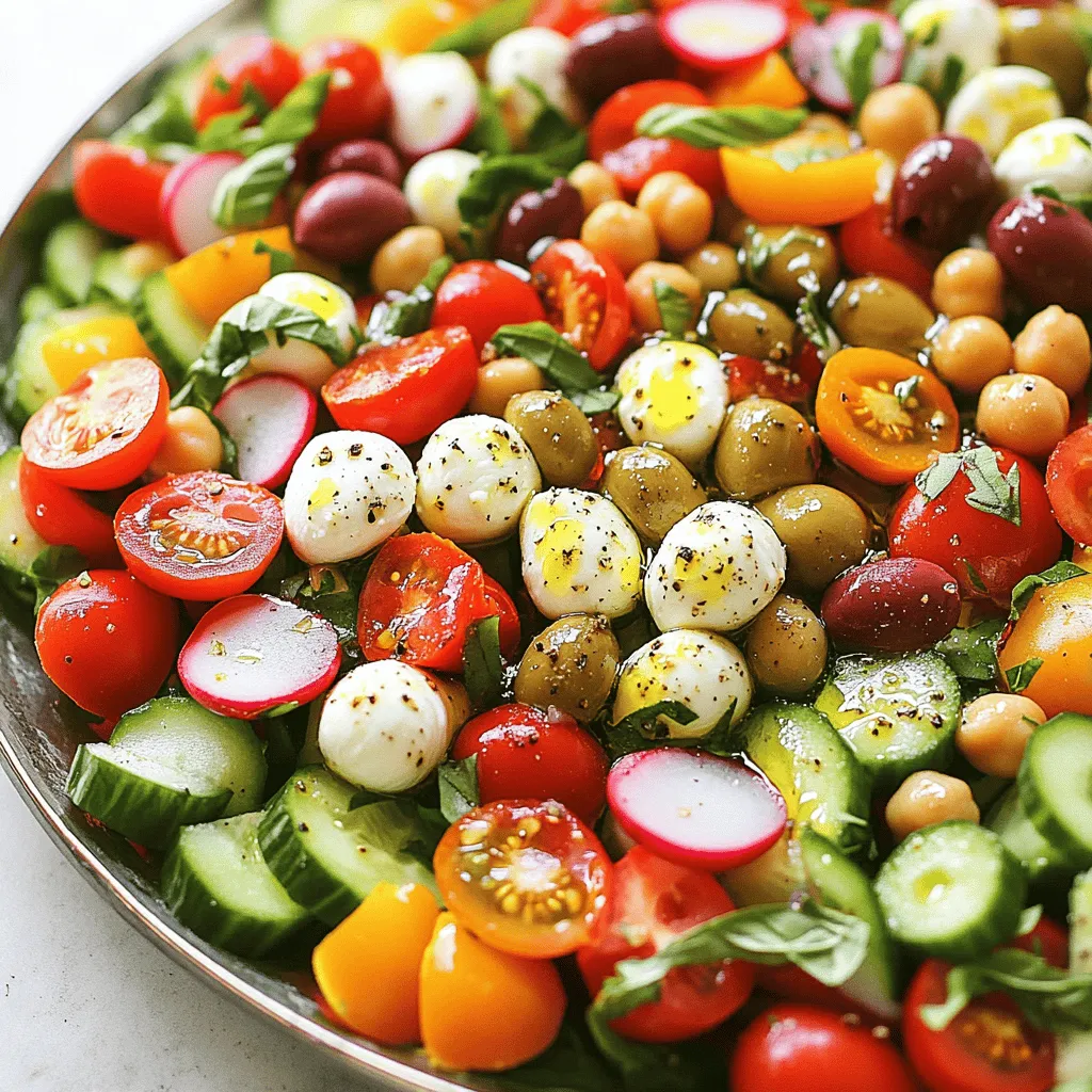 To make a great Italian chopped salad, you will need the following ingredients: - 1 cup cherry tomatoes, halved - 1 cucumber, diced - 1 red bell pepper, diced - 1 cup radishes, thinly sliced - 1 cup garbanzo beans (canned, drained and rinsed) - 1/2 cup Kalamata olives, pitted and halved - 1/4 red onion, finely chopped - 1/2 cup fresh mozzarella balls, halved - 1/4 cup fresh basil, chopped - 1/4 cup extra virgin olive oil - 2 tablespoons red wine vinegar (or substitute with balsamic vinegar for a sweeter note) - 1 teaspoon dried oregano - Salt and freshly cracked pepper to taste To keep your salad fresh, follow these tips: - Use fresh vegetables. Look for bright colors and firm textures. - Rinse greens and herbs just before use. This keeps them crisp. - Store leftovers in an airtight container. This slows down wilting. - Keep the dressing separate until serving. Mix only when ready to eat. Choosing the best ingredients makes a huge difference. Fresh vegetables taste better and add more nutrition. High-quality olive oil adds flavor and richness. Good cheese like fresh mozzarella gives a nice creaminess. Always check for freshness. It enhances the taste of every bite. Trust me, quality matters! For the full recipe, refer to the section above. To start, gather all your fresh ingredients. You will need: - 1 cup cherry tomatoes, halved - 1 cucumber, diced - 1 red bell pepper, diced - 1 cup radishes, thinly sliced - 1 cup garbanzo beans (canned, drained and rinsed) - 1/2 cup Kalamata olives, pitted and halved - 1/4 red onion, finely chopped - 1/2 cup fresh mozzarella balls, halved - 1/4 cup fresh basil, chopped First, wash the vegetables well. Cut the cherry tomatoes and cucumber into bite-sized pieces. Dice the red bell pepper and slice the radishes thinly. Drain and rinse the garbanzo beans. Halve the Kalamata olives and mozzarella balls. Finally, chop the fresh basil. This mix creates a bright and colorful salad. Now, let’s make the dressing. You will need: - 1/4 cup extra virgin olive oil - 2 tablespoons red wine vinegar (or balsamic vinegar) - 1 teaspoon dried oregano - Salt and freshly cracked pepper to taste In a small bowl, whisk the olive oil and vinegar together. Add the oregano, salt, and pepper. Whisk until the dressing is well mixed. This dressing will bring all the flavors together in your salad. In a large mixing bowl, combine all the prepared ingredients. Start with the cherry tomatoes, cucumber, bell pepper, radishes, garbanzo beans, olives, red onion, and mozzarella. Gently mix these together so that everything is evenly spread out. Next, pour the dressing over the salad. Use a large spoon to toss the salad gently. Make sure every piece is coated in dressing. Finally, add the chopped basil and fold it in carefully. Let the salad rest for about 10 minutes. This helps the flavors blend well. For the complete process, check the Full Recipe. Enjoy your fresh and flavorful Italian Chopped Salad! To get the best flavor in your Italian chopped salad, use fresh ingredients. Fresh vegetables make a big difference. I recommend using ripe cherry tomatoes, crisp cucumbers, and bright red bell peppers. The olives bring a salty kick, while the garbanzo beans add a nice texture. Don't skip on the fresh basil; it adds a lovely aroma. When making the dressing, mix it well. This ensures the flavors blend beautifully. Let the salad rest for about 10 minutes before serving. This resting time helps the flavors come alive. Serve your Italian chopped salad in a large shallow bowl. This allows the vibrant colors to shine. You can pair it with grilled chicken or fish for a complete meal. It also works great as a side dish for pasta. If you want to make it a main course, add some protein like chickpeas or diced ham. Enjoy it with crusty bread to soak up the delicious dressing. It’s a perfect dish for warm weather or gatherings. The way you present the salad matters. Start by arranging the ingredients in the bowl. Layer them so each color pops out. Sprinkle some fresh basil on top for a lovely finish. A drizzle of olive oil on the salad can also make it look appetizing. For extra flair, add a few whole olives or cheese balls on the top. This simple touch makes the salad look gourmet. Enjoy your beautiful creation! You can find the Full Recipe for more detailed steps to make this delightful dish. {{image_4}} You can make your Italian chopped salad even better by adding proteins. Grilled chicken adds a nice flavor and makes the salad filling. You can also use shrimp or steak if you like. For a vegetarian option, try adding tofu or hard-boiled eggs. Just chop them into small pieces, and mix them in. This way, you can customize the salad to fit your taste. Seasonal ingredients can change the flavor of your salad. In summer, add sweet corn or fresh peaches for a sweet twist. In fall, try roasted butternut squash for warmth. Winter might call for hearty kale or Brussels sprouts. Just remember to keep the balance of colors and textures. This keeps your salad both beautiful and tasty all year round. The dressing can change the whole vibe of your salad. Instead of the classic vinaigrette, try a creamy dressing, like ranch or blue cheese. For a zesty kick, add lemon juice and Dijon mustard. If you want something sweeter, use honey mustard. Each dressing brings its own taste, making your salad exciting every time. For the complete recipe, check out the Full Recipe. To keep your Italian chopped salad fresh, store it in an airtight container. This helps prevent moisture loss. If you have leftover dressing, keep it separate. This way, your salad stays crisp. You can also layer the ingredients. Place the heavier items at the bottom and the greens on top. This method keeps your salad fresh longer. When stored properly, this salad can last 2 to 3 days in the fridge. If the salad has dressing, it may last only 1 to 2 days. The vegetables can start to wilt after that. Always check for freshness before eating. Look for any signs of spoilage, like a sour smell or slimy texture. You don’t need to reheat this salad since it’s best served cold. If you find it a bit soggy, add fresh greens or herbs. A squeeze of lemon juice can also help brighten the flavors. Toss everything gently to mix. This will help revive the salad’s taste and texture. Enjoy your Italian chopped salad fresh and flavorful! For the full recipe, check the earlier sections. An Italian chopped salad is a mix of fresh veggies and beans. It’s colorful and packed with flavor. You can find tomatoes, cucumbers, olives, and cheese in it. Each bite is crunchy and satisfying. This salad often uses a simple olive oil dressing, making it light and tasty. Yes, you can make this salad ahead of time. It stays fresh for a few hours in the fridge. If you prepare it too early, the veggies may become soggy. To avoid this, add the dressing just before serving. This keeps everything crisp and fresh. You can swap ingredients based on your taste. If you don't like olives, try capers for a salty kick. No fresh mozzarella? Use feta cheese instead. You can also change the beans. Use black beans or kidney beans if you prefer. Be creative and mix in your favorite veggies! You can find the full recipe [Full Recipe]. This will guide you through each step to make this delightful dish! In this article, we explored key ingredients for an Italian chopped salad and their freshness. We discussed step-by-step instructions, from preparing the ingredients to creating the dressing. Tips helped us boost flavor and enhance presentation. We also looked at variations to customize your salad and best storage practices. Quality ingredients and attention to detail make your salad shine. Experiment with flavors and enjoy every bite! For the complete recipe, refer to the full recipe section.
