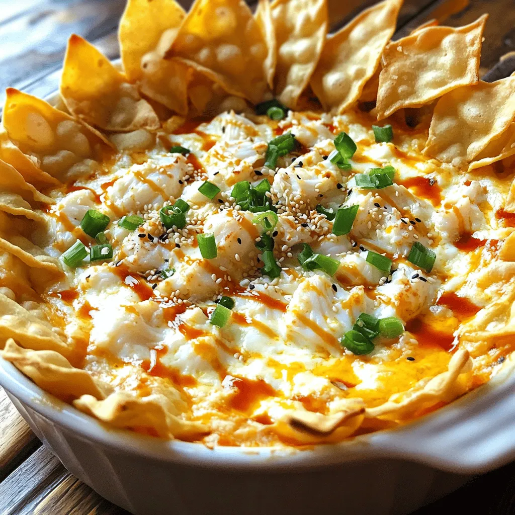 - 8 oz cream cheese, softened at room temperature - ½ cup fresh or canned crab meat, drained - ½ cup shredded mozzarella cheese - ¼ cup green onions, finely chopped - 2 cloves garlic, minced - 1 tsp Worcestershire sauce - 1 tsp soy sauce - ½ tsp sesame oil - Salt and pepper, to taste To create the base of this creamy dip, start with cream cheese. It gives a rich, smooth texture. Next, add crab meat. You can use fresh, or canned if you want. For extra flavor, include shredded mozzarella cheese. The mozzarella melts wonderfully, making the dip gooey and delicious. Chop up green onions and mince garlic for a burst of flavor. Worcestershire sauce and soy sauce bring depth. A dash of sesame oil adds a unique twist. Finally, season with salt and pepper to taste, and you have the perfect blend for your dip. - 12 wonton wrappers - Oil for frying or baking - Optional: Sweet chili sauce for dipping For the wonton chips, you need wrappers. Cut them into triangles for easy snacking. If you want crispy chips, you can choose to fry or bake them. When frying, you need oil that’s hot enough. If baking, brush the chips lightly with oil for crunch. Optional sweet chili sauce adds a nice kick for dipping. This sauce complements the dip nicely, enhancing the flavor experience. For the full recipe, which includes detailed steps, check out the Full Recipe. To start, grab a medium mixing bowl. First, mix the softened cream cheese with the crab meat. I like to use fresh crab for the best taste, but canned works too. Next, add the shredded mozzarella cheese and chopped green onions. Don't forget the minced garlic! It adds great flavor. Then, pour in the Worcestershire sauce, soy sauce, and sesame oil. Season with a pinch of salt and pepper. Use a spatula or fork to combine everything. Mix until smooth and creamy. This dip should be rich and full of flavor. Now, let’s make those crunchy wonton chips! Start by cutting the wonton wrappers into triangles. You can get about four triangles from each wrapper. Decide if you want to bake or fry them. If baking, preheat your oven to 350°F (175°C). For frying, heat oil in a deep pan over medium heat until hot. If baking, arrange the triangles on a lined baking sheet. Lightly brush each with oil and sprinkle some salt. If frying, set the triangles aside without oil. For baking, place the baking sheet in the preheated oven. Bake the wonton chips for 8-10 minutes. Flip them halfway through for even crispiness. For frying, carefully add the wonton triangles to the hot oil. Fry them in batches for 2-3 minutes. They should turn golden brown. Remember to flip them for even cooking. Once done, drain them on paper towels to remove excess oil. While the wonton chips cook, prepare the dip. Transfer the crab dip mixture into a baking dish. Bake it in the oven for 15-20 minutes until it is hot and slightly bubbling on top. When everything is ready, serve the warm dip with the crispy wonton chips. Enjoy this tasty and fun dish! For more ideas, check out the Full Recipe. To create a smooth dip, start by mixing the cream cheese well. Make sure it is softened at room temperature. This helps it blend better with other ingredients. Use a spatula or fork to combine the cream cheese with crab meat, mozzarella, green onions, and garlic. Mix until you see no lumps. For seasoning, add Worcestershire sauce, soy sauce, and sesame oil. Taste as you go to find the right balance. A pinch of salt and pepper can enhance flavors without overpowering. Remember, you can always add more, but you can't take it out! For crispy wonton chips, you can bake or fry them. If you choose to bake, preheat your oven to 350°F (175°C). Cut the wonton wrappers into triangles. Arrange them on a baking sheet and brush with oil. Sprinkle salt on top. Bake for 8-10 minutes, flipping halfway through for even crispiness. If frying, heat oil in a deep pan over medium heat. The oil should be hot but not smoking. Fry the wonton triangles in small batches. Cook for 2-3 minutes until they are golden brown. Flip them occasionally to ensure they cook evenly. After frying, place them on paper towels to remove extra oil. Presentation is key to making your dish inviting. Use a nice baking dish for the dip. Before serving, sprinkle extra chopped green onions on top. This adds a pop of color. You can also add sesame seeds for an extra touch. Arrange the crispy wonton chips around the dip for easy access. For fun, drizzle sweet chili sauce over the dip or serve it on the side. This adds an extra burst of flavor and looks great. {{image_4}} You can add different proteins to your crab rangoon dip. Shrimp or lobster work great, too. These options bring new tastes and textures. You can also play with cheeses. Creamy goat cheese adds a nice tang. A sprinkle of cayenne or smoked paprika can spice things up. Don't be afraid to try out new flavors. If you want a quicker option, store-bought chips or crackers are great. They save time and still taste good. You can also change the seasoning on your wonton chips. Try adding garlic powder or chili flakes before baking. This gives your chips a tasty twist. Pair your dip with sweet chili sauce for a sweet kick. This sauce adds a nice contrast to the creamy dip. You can also serve it with drinks like iced tea or beer. They balance the flavors well. If you're hosting, offer other appetizers like spring rolls or veggie platters. This way, you give your guests more choices. For the full recipe, check the link above. To keep your Crab Rangoon dip fresh, store it in an airtight container. Place it in the fridge. It will stay good for up to three days. Make sure it is cool before sealing. When you're ready to enjoy it again, you can reheat it easily. Preheat your oven to 350°F (175°C). Transfer the dip to a baking dish. Heat it for about 15 minutes or until it's warm and bubbly. Stir it halfway through to ensure even warmth. To keep your wonton chips crispy, store them in a zip-top bag or an airtight container. Make sure they are completely cool before sealing. This will prevent moisture from making them soggy. They can last for up to a week. If your chips lose their crunch, you can revitalize them. Preheat your oven to 350°F (175°C). Spread the chips on a baking sheet in a single layer. Bake for about 5 minutes to restore their crispiness. Enjoy them as if they were fresh! Yes, you can make Crab Rangoon Dip ahead of time. Prepare the dip mixture and store it in the fridge. Use an airtight container to keep it fresh. I suggest making it a day before serving. This way, the flavors will blend nicely. When you are ready to serve, just bake it. Preheat your oven to 350°F (175°C). Place the dip in a baking dish and warm it for 15-20 minutes. It will be hot and bubbly when ready. To store leftover dip, place it in a sealed container. Keep it in the refrigerator for up to three days. When you want to enjoy it again, reheat it in the oven. Set the oven to 350°F (175°C) and bake for about 10-15 minutes. You can also microwave it. Just heat it in short bursts, stirring in between, until warm. Crab Rangoon Dip pairs well with a variety of snacks. Here are some tasty options: - Wonton chips (the classic choice) - Fresh veggies like carrots and celery - Toasted baguette slices - Crackers for a crunchy bite - Rice chips for a gluten-free option You can also serve it with sweet chili sauce for an extra kick of flavor. You now have a simple guide to making crab rangoon dip and wonton chips. We explored the key ingredients, from cream cheese to crab meat, and offered tips for perfecting your dip and chips. You can also try different flavors to suit your taste. Don't forget to store leftovers correctly to enjoy them later. Remember, cooking can be fun and rewarding. Dive in and impress your friends with this tasty, creamy dip!