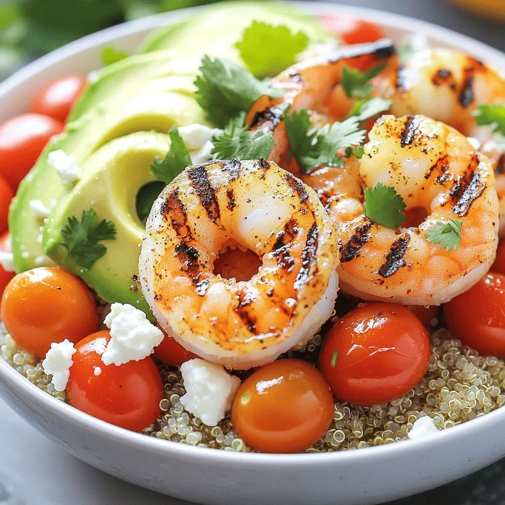 To make a tasty grilled shrimp bowl, you need key ingredients. Here’s what you’ll need: - 1 pound large shrimp, deveined and peeled - 2 tablespoons extra virgin olive oil - 2 teaspoons smoked paprika - 1 teaspoon garlic powder - 1 teaspoon ground cumin - 1/2 teaspoon sea salt - 1/4 teaspoon freshly ground black pepper - 1 cup cooked quinoa - 1 cup cherry tomatoes, halved - 1 ripe avocado, sliced - 1/4 cup fresh cilantro, finely chopped - Juice of 1 fresh lime These ingredients bring great taste and color to your meal. The shrimp gives protein while quinoa adds fiber. For those who want a little more, consider these optional ingredients: - 1/4 cup feta cheese, crumbled Adding feta cheese gives a creamy touch. You can also try different herbs or spices to change the flavor. A grilled shrimp bowl is not just tasty; it’s healthy too. Here’s a quick look at the nutrition: - Calories: About 350 per serving - Protein: 30 grams - Carbohydrates: 40 grams - Fat: 12 grams This meal is rich in protein and healthy fats. It’s a smart choice for a weeknight dinner. You can feel good about what you eat! For the full recipe, check out the details above. To make your grilled shrimp bowl, start by mixing the marinade. In a medium bowl, whisk together: - 2 tablespoons extra virgin olive oil - 2 teaspoons smoked paprika - 1 teaspoon garlic powder - 1 teaspoon ground cumin - 1/2 teaspoon sea salt - 1/4 teaspoon freshly ground black pepper Once mixed, add 1 pound of large shrimp that are deveined and peeled. Stir well to coat the shrimp. Let it sit for 15-20 minutes. This step helps the shrimp soak up the flavors. While the shrimp marinates, heat your grill to medium-high. After it’s hot, thread the shrimp onto skewers. Aim for 5-6 shrimp per skewer with space between them. This space helps them cook evenly. Grill the skewers for 2-3 minutes on each side. Watch closely to avoid overcooking. The shrimp should turn pink and opaque. To ensure your shrimp cook just right, keep these tips in mind: - Preheat the grill: A hot grill gives shrimp nice grill marks and flavor. - Don’t overcrowd the grill: Give shrimp space. This helps them cook evenly. - Use skewers: If using wooden skewers, soak them in water first. This prevents burning. - Watch the time: Shrimp cook fast. Remove them right when they turn pink. Following these tips will help you achieve perfectly grilled shrimp every time. Now it’s time to plate your delicious creation. Start with a base of cooked quinoa. Divide it into four bowls. Next, place the grilled shrimp skewers on top of the quinoa. Add halved cherry tomatoes and sliced avocado around the shrimp for color. To finish, squeeze fresh lime juice over each bowl. Sprinkle chopped cilantro and feta cheese if you like. For an extra touch, garnish with a lime wedge and a sprig of cilantro. This makes for a bright and inviting meal that looks as good as it tastes! One big mistake is not thawing shrimp fully before grilling. If you use frozen shrimp, let them thaw in the fridge. Another mistake is overcooking shrimp. They cook quickly, usually in just a few minutes. Keep an eye on them. They are done when they turn pink and opaque. Avoid using too much oil; a little goes a long way. Lastly, do not crowd the grill. Give each shrimp space to cook evenly. Marinating shrimp is key to great taste. I suggest a mix of olive oil, smoked paprika, garlic powder, and cumin. Let them marinate for at least 15 minutes. This allows the spices to soak in. You can also add a squeeze of lime juice while grilling. It brightens the flavor. Grill over medium-high heat for that perfect char. For extra flavor, consider adding a pinch of cayenne for heat. Serve your grilled shrimp over a bed of quinoa for a filling meal. Add halved cherry tomatoes and sliced avocado for freshness. A sprinkle of feta cheese adds creaminess. Don’t forget fresh cilantro for a burst of flavor. You can also squeeze lime juice over the top for brightness. For a complete meal, pair it with a side salad or roasted veggies. Check out the Full Recipe for more ideas! {{image_4}} You can change the flavor of your grilled shrimp bowl easily. Try using lemon zest instead of lime. This adds a bright, citrus taste. For a spicy kick, mix in chili flakes or sriracha. If you like a sweet flavor, add a touch of honey to the shrimp marinade. You can also explore herbs like basil or dill for a fresh twist. Each option gives you a new way to enjoy this dish. While quinoa is great, you can use other bases. Brown rice or cauliflower rice are both tasty choices. If you want something heartier, try barley or farro. Each base adds its flavor and texture. You can also serve it on a bed of mixed greens for a lighter option. This lets you play with flavors and textures in your bowl. Toppings can make your shrimp bowl unique. Add crunchy veggies like bell peppers or radishes for texture. You can also include nuts like almonds or cashews for crunch. A dollop of Greek yogurt or a drizzle of tahini can bring richness. Don’t forget to sprinkle fresh herbs like parsley or cilantro for color. The options are endless, so have fun creating your perfect shrimp bowl! After enjoying the delicious grilled shrimp bowl, store any leftovers right away. Place the shrimp, quinoa, and toppings in an airtight container. This helps keep the food fresh. Store the container in the fridge. Leftovers stay good for about 2 days. To avoid soggy shrimp or mushy avocado, keep them separate until you eat again. This way, each bite tastes fresh and bright. When it’s time to reheat your grilled shrimp bowl, do it gently. Start by removing any cold toppings, like avocado and tomatoes. You can reheat the shrimp and quinoa in the microwave or on the stove. If using the microwave, heat for 1-2 minutes until warm. Stir halfway to make sure it heats evenly. If using the stove, warm them in a pan over low heat. This keeps the shrimp juicy and flavorful. Add the toppings back after reheating, and enjoy a delicious meal. You can freeze the grilled shrimp bowl for later meals. First, let the shrimp and quinoa cool completely. Place them in freezer bags or airtight containers. Remove as much air as possible to prevent freezer burn. They can last for up to 3 months in the freezer. When ready to eat, thaw the bowl in the fridge overnight. Reheat as described earlier, and you’ll have a tasty meal ready to go. Just remember, fresh avocado does not freeze well, so add that when you reheat! For the full recipe, check here: [Full Recipe]. The best way to season grilled shrimp is to use a mix of spices. I like using smoked paprika, garlic powder, and cumin. These flavors bring out the shrimp's natural taste. For a simple mix, add sea salt and black pepper. You can also try adding lime juice for a fresh twist. Marinate the shrimp for 15-20 minutes to let the flavors soak in. Shrimp should be grilled for about 2-3 minutes on each side. Look for the shrimp to turn pink and opaque. If you overcook them, they can become tough and rubbery. Keep an eye on them while grilling to avoid this. It’s best to grill shrimp on high heat for that nice char. Yes, you can use frozen shrimp! Just thaw them before cooking. The best way to thaw shrimp is to place them in the fridge overnight. If you're short on time, you can put them in cold water for about 15-20 minutes. Make sure to dry them well before seasoning. This helps the spices stick better for grilling. For the full recipe, check out the Sizzling Grilled Shrimp Bowl! This article covered how to make a delicious grilled shrimp bowl. We explored essential and optional ingredients, plus their nutrition. You learned easy steps for preparing, grilling, and plating the shrimp. I shared tips to avoid common mistakes and suggested serving ideas. We discussed flavor variations and best practices for storage. In the end, making this dish can be simple and fun. Your shrimp bowl can taste amazing with just a few changes. Enjoy experimenting with flavors!