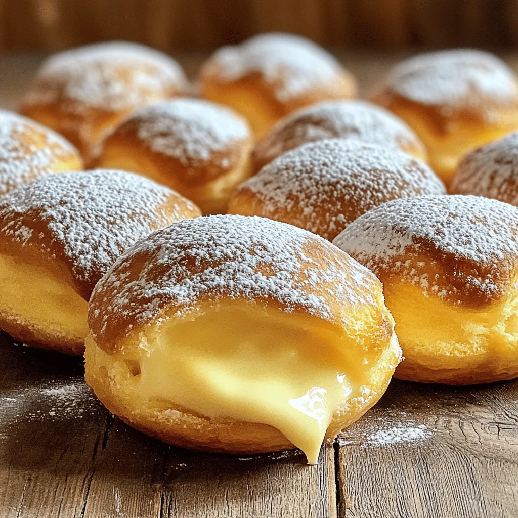 - 500g all-purpose flour - 70g granulated sugar - 10g instant yeast - 250ml whole milk - 2 egg yolks - 50g granulated sugar - 50g unsalted butter - 1/2 teaspoon salt - Vegetable oil for frying - Powdered sugar for dusting In this recipe, the main ingredients create a soft and fluffy dough. The all-purpose flour is the base for the bomboloni. It gives the dough strength and structure. Granulated sugar adds a hint of sweetness to the dough. Instant yeast helps the dough rise, making it light and airy. For the vanilla custard filling, whole milk provides richness. The egg yolks add creaminess and color. Granulated sugar sweetens the custard, balancing the flavors. I also include essential ingredients like unsalted butter and salt. Butter makes the dough richer and more flavorful. Salt enhances the taste of the other ingredients. You will need vegetable oil for frying. This helps the bomboloni become golden and crispy. Lastly, the powdered sugar is a fun touch. It adds sweetness and a nice look to the finished treats. You can find the full recipe in the article for more detailed steps. Enjoy creating these delightful Italian treats! To start, you need to activate the yeast mixture. In a large bowl, combine 250ml of lukewarm milk with 70g of sugar. Next, sprinkle 10g of instant yeast on top. Let it sit for 5-10 minutes. You want it to become frothy and bubbly. This step is key; it helps your bomboloni rise. Once the yeast is frothy, add 1 large egg, 2 egg yolks, 50g of melted butter, and 1/2 teaspoon of salt. Whisk everything together until smooth. This mixture is the base for your dough. Now it’s time to add the flour. Gradually mix in 500g of all-purpose flour. Stir until a soft dough forms. Once combined, knead the dough on a floured surface for about 10 minutes. You want it smooth and elastic. After kneading, shape the dough into a ball. Place it in a greased bowl, cover it with a damp cloth, and let it rise in a warm spot. Wait about 1-2 hours, or until it doubles in size. While the dough rises, prepare the vanilla custard. Begin by heating 250ml of whole milk in a medium saucepan. Use medium heat and watch closely; do not boil the milk. In a separate bowl, whisk together 2 egg yolks, 50g of sugar, and 20g of cornstarch. This should look smooth and pale. Gradually pour the hot milk into this egg mixture, whisking all the time. This helps avoid scrambling the eggs. Pour the mixed ingredients back into the saucepan. Cook over medium heat, stirring constantly. After about 5-7 minutes, the custard should thicken to a creamy texture. Remove it from the heat and stir in 1 tablespoon of vanilla extract. Allow the custard to cool to room temperature. Cover it with plastic wrap to prevent a skin from forming. Once the dough has risen, gently punch it down to release air. Roll it out on a floured surface to about 1.5 cm thick. Use a 7.5 cm cookie cutter to cut out circles. Arrange the circles on a parchment-lined baking sheet. Cover them with a kitchen towel and let them rise again for 30-45 minutes. They should puff up nicely. Meanwhile, heat vegetable oil in a deep fryer to 175°C (350°F). When hot, carefully fry the bomboloni in batches. Fry them for 2-3 minutes on each side until golden brown. After frying, transfer the bomboloni to a plate lined with paper towels. This helps absorb excess oil. Next, fill each bombolone with the cooled vanilla custard. Use a piping bag with a fine nozzle for this. Make sure to fill them generously for that delightful surprise. Lastly, dust the bomboloni with powdered sugar just before serving. This adds sweetness and an elegant touch. Enjoy your homemade Italian custard bomboloni! For the complete recipe, check out the [Full Recipe]. To make the best bomboloni, start with kneading. Knead your dough for about 10 minutes. This helps develop gluten, which gives the dough its chewy texture. Use a floured surface to prevent sticking. I also like to stretch and fold the dough during kneading. For rising, place the dough in a warm spot. Cover it with a damp cloth. A temperature around 75°F (24°C) works great. Let it rise until it doubles in size, which usually takes 1 to 2 hours. A smooth custard is key to perfect bomboloni. To avoid lumps, whisk the egg yolks and sugar well before adding hot milk. Always pour the hot milk slowly while whisking. This helps temper the eggs and keeps your custard smooth. After cooking, let the custard cool in a bowl. Cover it with plastic wrap, touching the surface. This prevents a skin from forming. Allow it to cool to room temperature before filling the bomboloni. Frying bomboloni requires the right oil temperature. Heat your oil to about 350°F (175°C). Use a thermometer for accuracy. If the oil is too hot, the outside burns while the inside remains raw. If it's too cool, your bomboloni will absorb too much oil. Fry the bomboloni in small batches. This keeps the oil temperature steady. Fry each side for about 2-3 minutes until golden brown. Use a slotted spoon to turn them gently for even cooking. Enjoy the crispy outside with the soft, creamy inside! {{image_4}} You can fill bomboloni with different tasty options. One popular choice is chocolate custard. It adds a rich, sweet flavor. Just replace the vanilla custard in the recipe with chocolate. Another fun option is fruit preserves or jams. You might try raspberry or strawberry. These fruity fillings bring a fresh taste. They also add a nice pop of color. You can change the dough for extra flavor. Try adding spices like cinnamon or nutmeg. Zests from oranges or lemons can enhance the taste too. If you prefer gluten-free bomboloni, you can use gluten-free flour. This swap allows more people to enjoy them. Just ensure you follow a gluten-free recipe to keep the right texture. For toppings, crushed nuts are a great choice. They add crunch and flavor. Choose almonds or hazelnuts for a delightful twist. You might also try a decorative chocolate drizzle. Melt chocolate and drizzle it over the filled bomboloni. This adds a touch of elegance and extra sweetness. Feel free to explore these options to create your perfect bomboloni. Each variation makes this treat even more special! To keep bomboloni fresh, store them in an airtight container. This helps prevent them from drying out. A glass or plastic container works well. Avoid stacking them too high, as they may squish each other. Keep them at room temperature for the best taste. If you need to store them longer, consider freezing. To freeze bomboloni, let them cool completely first. Place them in a single layer on a baking sheet. Freeze them for about an hour until firm. Then, transfer them to a freezer-safe bag or container. Be sure to remove as much air as possible. When ready to eat, thaw them in the fridge overnight. Reheat them in an oven at 180°C (350°F) for about 5-10 minutes. When stored properly, bomboloni can last for 2-3 days at room temperature. In the fridge, they may stay fresh for up to a week. Look for signs of spoilage, like a dry texture or off smell. If they feel hard or have an unusual color, it's best to toss them. Enjoy your bomboloni while they are at their best! Bomboloni are Italian doughnuts. They are soft, fluffy, and filled with custard. This treat comes from Italy, often enjoyed during celebrations. You can find them filled with sweet cream or jam too. Their light texture and sweet taste make them a popular dessert. Yes, you can prepare bomboloni ahead of time. Make the dough and let it rise. After that, you can store it in the fridge for a day. Just remember to let it rise again before frying. You can also fry them in advance and freeze them. To enjoy later, thaw and reheat in the oven. To check if your custard is thick enough, look for a creamy texture. It should coat the back of a spoon. Stir continuously while cooking to prevent lumps. If you see bubbles forming, it’s almost ready. The custard will thicken more once it cools. Here are some common mistakes to avoid: - Not activating the yeast properly; always wait for it to foam. - Overworking the dough can make it tough; knead just until smooth. - Frying at the wrong temperature; aim for 175°C (350°F) for the best results. - Not filling enough custard; make sure each bombolone is generous. - Forgetting to dust with powdered sugar; this adds sweetness and charm. You can find bomboloni at many Italian bakeries. Look for shops that specialize in traditional pastries. Some local cafés may also offer them fresh. If you prefer shopping online, check out specialty dessert websites. They often ship delicious bomboloni right to your door. For a full recipe, try making them at home! In this post, we explored bomboloni: a delicious Italian pastry. We covered key ingredients, like flour and sugar, and shared steps to make light, fluffy dough. You learned to create rich vanilla custard and fry perfect bomboloni. Helpful tips ensured your success, and we shared tasty variations to try. With these skills, you can impress friends and family with homemade bomboloni. Enjoy every bite and have fun experimenting with flavors!