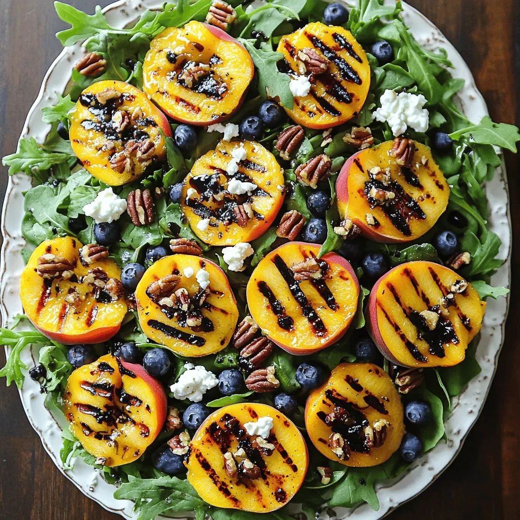 - Ripe peaches - Fresh blueberries - Mixed greens - Goat cheese - Candied pecans or walnuts For this salad, ripe peaches are key. They should feel soft but not mushy. Fresh blueberries add a burst of sweetness. Mixed greens provide a nice crunch. Goat cheese gives a creamy contrast. Candied pecans or walnuts add a delightful crunch. - Olive oil - Balsamic vinegar - Honey - Salt and pepper The dressing makes the salad shine. Olive oil adds richness. Balsamic vinegar gives a tangy kick. Honey adds a touch of sweetness. Salt and pepper balance the flavors well. - Grill or grill pan - Large mixing bowl - Small bowl for dressing - Whisk You need a grill or grill pan for the peaches. A large mixing bowl helps combine all the fresh ingredients. A small bowl is for the dressing. A whisk makes mixing easy. This simple setup helps create the perfect grilled peach blueberry salad. For the full recipe, check out the steps that follow. First, you need to preheat your grill or grill pan. Set it to medium-high heat. This step is key for getting great grill marks on the peaches. While the grill heats up, take your ripe peaches. Cut them in half and remove the pits. Brush the cut sides lightly with olive oil. This helps prevent sticking and adds flavor. Now it’s time to grill the peaches. Place them cut-side down on the hot grill. Cook them for about 3 to 4 minutes. Check for beautiful grill marks. The peaches should soften slightly but still hold their shape. Once done, remove them from the grill and let them cool for a few moments. In a large mixing bowl, combine your mixed greens and fresh blueberries. This creates a colorful base. In a separate small bowl, whisk together olive oil, balsamic vinegar, honey, and a pinch of salt and pepper. This will be your dressing. Once the grilled peaches have cooled enough, slice each half into wedges. Gently add these peach slices to the bowl with greens and blueberries. Drizzle the dressing over the salad and toss it gently. Make sure every piece gets a little dressing. Finally, sprinkle crumbled goat cheese and chopped candied nuts on top. This adds a nice crunch and flavor. For the full recipe, check the details above. Enjoy your fresh and flavorful dish! To get those perfect grill marks, start by heating your grill well. Aim for medium-high heat, around 400°F. This ensures the peaches cook evenly. Place the peaches cut-side down on the grill. Cook them for about 3-4 minutes. Keep an eye on them. You want deep marks without burning. Once grilled, let the peaches cool before adding them to your salad. To boost the sweetness, consider adding a touch of honey. Drizzle it over the peaches or into your dressing. This small addition makes a big difference. For a fresh taste, try using herbs. Basil or mint work well. Chopped fresh herbs add a nice pop to your salad. Presentation matters when serving your salad. Arrange the greens, peaches, and blueberries on a large platter. Layer them so colors stand out. For garnish, sprinkle extra blueberries and nuts on top. Adding fresh mint leaves can make the dish look even more inviting. A beautiful salad not only tastes good but also looks great on your table. {{image_4}} You can change up the fruits in this salad. Strawberries and raspberries work well too. They add a nice sweet note and fresh flavor. You can also swap the cheese. Feta gives a salty kick, while blue cheese adds depth. Each option changes the taste profile, making it exciting. If you want a twist, try using a citrus vinaigrette. This adds brightness to your dish. You can also mix in some yogurt for creaminess. It makes the dressing smooth and rich. Both options enhance the salad's flavor and texture. For a heartier meal, you can add proteins. Grilled chicken or shrimp pair nicely with the fruits. They add protein and make the salad filling. Another option is to mix in quinoa. It’s a healthy grain that adds bulk and nutrition. Both choices make your salad more satisfying. For the complete recipe, check out the Full Recipe section above. To keep your grilled peach blueberry salad fresh, place it in an airtight container. The salad lasts about 2-3 days in the fridge. Make sure to separate the dressing from the salad to avoid sogginess. This way, the greens stay crisp. You can grill the peaches a day ahead. Store them in the fridge until you are ready to use them. Make the dressing ahead too. Whisk together the olive oil, balsamic vinegar, honey, salt, and pepper. Keep it in a sealed jar in the fridge. For best results, store the mixed greens separately. This keeps them fresh and crunchy. I do not recommend freezing the salad. Freezing can change the texture of the peaches and greens. If you want to freeze any components, freeze the grilled peaches only. Wrap them well in plastic wrap or a freezer bag. Thaw them in the fridge before using. Grilling peaches is simple and fun. First, preheat your grill to medium-high heat. Brush the cut sides of halved peaches lightly with olive oil. Place the peaches cut-side down on the grill. Cook for about 3 to 4 minutes. You want to see nice grill marks and the peaches should soften slightly. Remove them and let them cool. This method gives peaches a smoky flavor that enhances your salad. Yes, you can prep this salad ahead. Grilled peaches can stay fresh for a day in the fridge. You can also mix the dressing in advance. Store it in a jar and shake it before using. Keep the greens and blueberries separate until you serve. This way, everything stays crisp and fresh. Meal prepping makes it easy to enjoy this dish anytime. This salad is both tasty and healthy. One serving has about 200 calories. Peaches and blueberries are rich in vitamins. They are full of antioxidants that help your body. Goat cheese adds protein and calcium. Candied nuts give a nice crunch but be mindful of added sugars. Overall, this salad is a smart choice for a light meal. Yes, this salad is gluten-free. The main ingredients, like peaches and blueberries, do not contain gluten. Check any store-bought dressings to ensure they are gluten-free. You can make your own dressing easily, as shown in the Full Recipe. This ensures everything stays gluten-free and safe for those with dietary needs. If you want more sweetness, try adding honey or agave syrup. You can also mix in extra fruits like strawberries or mango. These fruits will add natural sugars and flavor. Drizzle a bit more honey in the dressing too. This makes the salad even more delightful. Adjust the sweetness to fit your taste. If you need a substitute for goat cheese, try feta or blue cheese. For a dairy-free option, use vegan cream cheese or almond cheese. These alternatives can give a similar texture. Each choice will change the flavor a bit, so choose what you like best. Enjoy experimenting with different cheese types! This salad combines fresh, ripe peaches and blueberries with mixed greens. The tangy goat cheese and sweet nuts add crunch and flavor. Grilling the peaches gives a smoky taste. You can customize the recipe with different fruits and dressings. Consider making it ahead to save time. Store leftovers well for fresh meals later. This tasty, colorful salad is not just healthy—it’s fun to make and share. Enjoy experimenting with flavors and ingredients for your perfect dish.