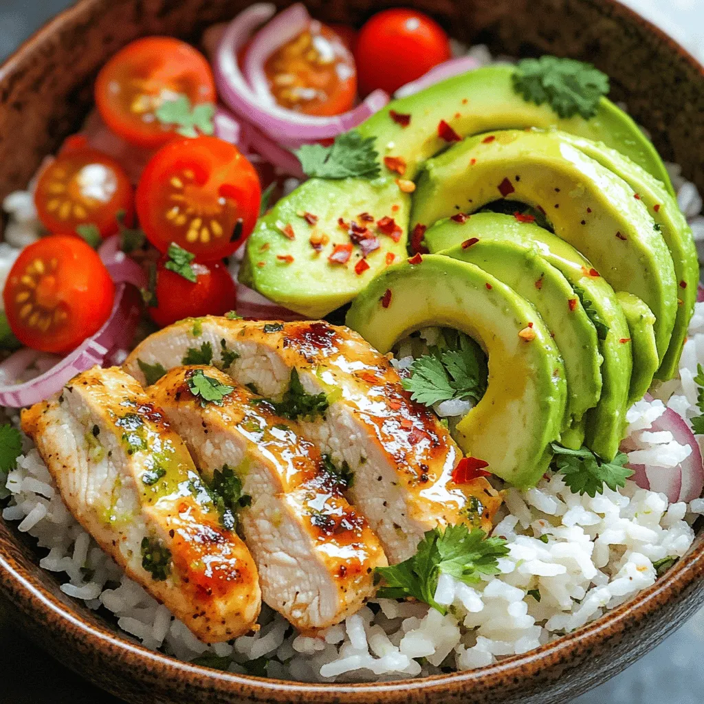 - 2 boneless, skinless chicken breasts - 1 cup uncooked jasmine rice - 2 cups chicken broth - 1/4 cup fresh cilantro, finely chopped - 1 lime (zested and juiced) - 2 tablespoons extra virgin olive oil - 2 cloves garlic, finely minced - 1 teaspoon ground cumin - 1 teaspoon smoked paprika - Salt and freshly ground pepper to taste - 1 ripe avocado, sliced - 1/2 cup cherry tomatoes, halved - 1/4 cup red onion, finely diced - 1/4 teaspoon red pepper flakes (optional) The key to a great Cilantro Lime Chicken & Rice Bowl lies in its fresh ingredients. The chicken provides a juicy base. Jasmine rice adds a lovely texture. Chicken broth enhances the rice's flavor. I love using fresh cilantro for its bright taste. Lime juice gives a zesty kick. Extra virgin olive oil adds richness. Garlic, cumin, and smoked paprika blend well to create depth. For toppings, I suggest ripe avocado. It adds creaminess. Cherry tomatoes bring color and sweetness. Red onions provide a crisp bite. If you like heat, sprinkle red pepper flakes on top for extra spice. You can find the complete list of ingredients in the Full Recipe. 1. Heat olive oil and sauté garlic: In a medium saucepan, heat one tablespoon of olive oil over medium heat. Once the oil is hot, add two cloves of finely minced garlic. Sauté for about one minute until fragrant, being careful not to let it brown. 2. Add rice and coat with oil: Next, add one cup of uncooked jasmine rice to the saucepan. Stir the rice vigorously for one minute. This coats the rice grains in oil and enhances the flavor. 3. Cook with chicken broth: Pour in two cups of chicken broth. Bring the mixture to a rolling boil. Once boiling, reduce the heat to low, cover, and let it simmer for about 15 minutes. The rice should be tender and all liquid absorbed. Use a fork to fluff the rice and set it aside. 1. Prepare the lime seasoning mixture: In a small bowl, mix the zest and juice of one lime with one teaspoon of ground cumin and one teaspoon of smoked paprika. Add salt and pepper to taste. This mixture will give your chicken a bright flavor. 2. Sauté chicken in skillet: Heat the remaining tablespoon of olive oil in a large skillet over medium-high heat. Season both sides of two boneless, skinless chicken breasts with salt and pepper. Carefully place the chicken breasts in the skillet. 3. Brush lime mixture during cooking: Cook each side for about six to seven minutes. Check for doneness; the internal temperature should reach 165°F (75°C). Brush the prepared lime mixture generously over the chicken during the last two minutes of cooking for maximum flavor. 1. Let chicken rest before slicing: Once the chicken is done, remove it from the skillet. Allow it to rest for three to five minutes. This lets the juices redistribute, keeping the chicken moist. 2. Combine rice with cilantro and lime juice: In a separate bowl, combine the cooked rice with a quarter cup of finely chopped fresh cilantro. Add a squeeze of fresh lime juice for an extra zing. Stir gently to mix the flavors well. 3. Layer chicken and toppings in bowls: Start with a generous scoop of the cilantro lime rice as the base in your bowl. Layer on the sliced chicken. Then, add toppings like sliced avocado, halved cherry tomatoes, and diced red onion. For a spicy kick, sprinkle a quarter teaspoon of red pepper flakes on top before serving. Enjoy your delightful Cilantro Lime Chicken & Rice Bowl! For the complete recipe, refer to the Full Recipe section. - To achieve moist chicken, always let it marinate. The lime juice helps tenderize the meat. - For fluffy rice, rinse the jasmine rice under cold water before cooking. This removes excess starch. - Resting the chicken is key. Let it sit for 3-5 minutes after cooking. This keeps juices inside. - Use fresh cilantro for the best taste. Look for bright green leaves without wilting. - For alternative oils, try avocado oil or coconut oil. They add unique flavors. - Adjust spice levels by adding more or fewer red pepper flakes. Taste as you go. - Garnish with extra cilantro or lime wedges for a pop of color. - Arrange the chicken over the rice, then top with avocado and tomatoes. This makes it look appealing. - Add colors and textures by including crunchy radishes or colorful bell peppers. These make the bowl vibrant and fun. For more details, check the Full Recipe. {{image_4}} You can easily change some ingredients in this dish to suit your taste. Here are some ideas: - Brown rice: Swap jasmine rice for brown rice. It adds a nutty flavor and more fiber. - Shrimp or tofu: Instead of chicken, use shrimp or tofu for protein. They both soak up flavors well. - Add vegetables: Toss in bell peppers or corn for extra color and crunch. They make the bowl even more fresh. You can create different flavor profiles with simple swaps. Here are three tasty ideas: - Southwest version: Add black beans and corn for a hearty twist. This version is full of flavor and filling. - Mediterranean twist: Crumble feta cheese and add olives for a salty kick. It pairs well with the lime. - Asian-inspired: Mix in soy sauce or sesame oil for a unique taste. This adds depth and a savory touch. Pair your Cilantro Lime Chicken & Rice Bowl with these fun ideas: - Side dishes: Serve this bowl with a simple salad or tortilla chips. They add texture and balance. - Drink pairings: Enjoy with limeade or iced tea. Both drinks complement the bright flavors of the bowl. - Meal prep tips: Make extra rice and chicken for easy meals during the week. Store them in separate containers for quick assembly. For the full recipe, check out the detailed instructions provided. Enjoy your cooking adventure! To keep leftovers fresh, store the chicken and rice in an airtight container. Make sure to let them cool before sealing. This helps to avoid steam buildup. You can safely refrigerate your leftovers for up to three days. Always check for signs of spoilage before eating. If you want to freeze your bowls, it’s best to separate the components. Freeze the chicken and rice in different containers. This keeps both ingredients tasting fresh. Use freezer-safe bags or containers for best results. Make sure to label them with the date. You can store them for up to three months. To reheat the rice, add a splash of water and cover it. Use the microwave or a stovetop over low heat. For the chicken, use the microwave or skillet until it’s hot. Ensure both reach an internal temperature of 165°F to stay safe. This keeps the flavors intact while making sure your meal is safe to enjoy. How long does cooked chicken last in the fridge? Cooked chicken lasts about 3 to 4 days in the fridge. Store it in an airtight container. This keeps the chicken fresh and safe to eat. Can I use other types of rice for this recipe? Yes, you can use other types of rice. Brown rice or basmati rice work well too. Just adjust the cooking time as needed. What can I substitute for cilantro if I don’t like it? If you don’t like cilantro, try parsley or basil. Both add a fresh taste to your dish. You can also skip herbs for a different flavor. Can I make this dish ahead of time? Yes, you can prepare this dish ahead. Cook the chicken and rice, then store them separately. Reheat them when you are ready to serve. Is it possible to prepare the rice and chicken separately? Absolutely! You can cook the rice and chicken at different times. This allows you to control flavors and freshness. What kitchen tools do I need for this recipe? You will need a medium saucepan, a large skillet, and a cutting board. A sharp knife and measuring cups will also help with prep. Is this dish gluten-free? Yes, this dish is gluten-free. Use gluten-free chicken broth to keep it safe for those with gluten sensitivities. Tips for making a low-carb version To make a low-carb version, swap rice for cauliflower rice. This keeps the meal light yet still very tasty. How can this recipe be made dairy-free? This recipe is naturally dairy-free. Just avoid using any dairy toppings like cheese. Enjoy the fresh flavors as they are! This dish combines simple ingredients with big flavor. You can create a tasty meal with chicken, rice, and fresh toppings easily. From cooking tips to ingredient swaps, I’ve shared ways to make this recipe your own. Remember, taking time to rest the chicken and season well makes a big difference. With these steps, you can impress your family or friends. Enjoy your cooking journey, and feel proud of your flavorful bowls!