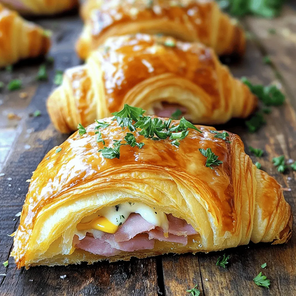 - 4 large, freshly baked buttery croissants - 8 slices of delectable deli ham - 8 slices of creamy Swiss cheese - 2 tablespoons smooth Dijon mustard - 2 tablespoons unsalted butter, melted - 1 teaspoon garlic powder - 1 teaspoon fresh thyme leaves (or ½ teaspoon dried thyme) - Salt and freshly cracked pepper, to taste - Optional: 1 tablespoon chopped fresh parsley for garnish Gather these ingredients before you start cooking. Each one plays a key role in making the croissants delicious. The croissants must be fresh and buttery for the best taste. The deli ham adds a savory element, while Swiss cheese melts beautifully. The Dijon mustard gives a nice zing that pairs well with the ham. I love adding garlic powder for extra flavor. Fresh thyme adds a lovely aroma. Don't forget the salt and pepper to enhance everything. If you want to impress, sprinkle parsley on top before serving. It adds a nice pop of color. For the full recipe, check the details above. It’s easy and fun to make these baked ham and cheese croissants. Enjoy the process and savor the results! - Preheat the oven to 375°F (190°C). - Slice each croissant in half lengthwise. - Spread Dijon mustard on the inner sides. - Layer ham and cheese evenly in each croissant half. - Reassemble croissants for baking. - Combine melted butter, garlic powder, thyme, salt, and pepper. - Brush the mixture over the croissants. - Arrange on a baking sheet and bake for 12-15 minutes. - Check for a golden brown finish and melted cheese. As you work through these steps, you will see how simple it is to create a dish that delights. This recipe is not just a meal; it’s a joy that warms the heart and fills the tummy. For the complete details, check out the Full Recipe. You may want to switch things up a bit. Instead of ham, try turkey or roast beef. If you prefer a meatless option, use a mix of sautéed mushrooms and spinach. For cheese, cheddar or pepper jack adds a nice kick. If you want low-fat choices, opt for turkey ham and reduced-fat cheese. Greek yogurt can replace butter for a lighter touch. Always check the labels for health-conscious swaps. The best croissants for this recipe are fresh, flaky, and buttery. You can buy them from a bakery or make your own if you feel adventurous. Look for croissants that are golden and soft. To ensure gooey cheese, choose a cheese that melts well, like Swiss or mozzarella. Layer the cheese on top of the ham for the best melt. Bake until everything is bubbly and golden. These croissants pair well with a fresh side salad or crispy potato wedges. A small bowl of Dijon mustard makes a great dip. For presentation, serve them on a wooden board for a rustic look. Garnish with parsley for that extra pop of color. For more ideas, you can explore various dips or sides that complement the flavors. Your guests will love the effort you put into serving these treats! {{image_4}} You can make these croissants meat-free by using tasty veggies or meat substitutes. Try adding roasted peppers, spinach, or mushrooms. These ingredients give great flavor and texture. For a protein boost, use plant-based ham or tofu slices. These swaps keep the dish hearty and delicious without meat. Exploring other cheeses can add unique flavors. Try cheddar for a sharp taste or mozzarella for a stretchier bite. Mixing cheeses can create depth. For example, blend Swiss with a bit of Gruyère. This combo will make your croissants even creamier and rich. Adding spices or herbs can take your croissants up a notch. Consider mixing in a pinch of smoked paprika for warmth or some fresh basil for a twist. You can also play with different mustards or sauces. A spicy mustard can give a nice kick, while a honey mustard adds sweetness. These choices let you customize the flavor to your liking. To keep your baked ham and cheese croissants fresh, store them in an airtight container. This helps prevent them from drying out. If you want to keep them longer, you can freeze them. Wrap each croissant tightly in plastic wrap, then place them in a freezer bag. This method keeps them tasty for up to three months. To reheat, I recommend using the oven. Preheat it to 350°F (175°C). Place the croissants on a baking sheet. Heat them for about 10 minutes. This method keeps them crispy and warm. Avoid using the microwave. It can make the croissants soggy and chewy. For a quick fix, you can use a toaster oven, too. Just keep an eye on them to ensure they don't burn. Yes, you can prepare these croissants ahead of time. To do this, follow the steps up to the baking part. Once you fill the croissants, wrap them tightly in plastic wrap or foil. Store them in the fridge for up to 24 hours. When you are ready to bake, just take them out and add a few extra minutes to the baking time. This method keeps them fresh and tasty. I love using large, buttery croissants for this dish. They hold the filling well and become flaky when baked. Store-bought croissants are great for convenience. If you have time, making homemade croissants adds flavor and texture. Either way, choose croissants that are fresh for the best results. Absolutely! If you want to switch things up, turkey or roast beef can work well. Even chicken can be a tasty option. For a vegetarian twist, try using grilled veggies or a meat substitute. This recipe is flexible, so feel free to get creative with your choice of meat. To amp up the flavor, try adding some extras. Sautéed onions or peppers can add a nice touch. You could also mix different cheeses like cheddar or pepper jack for more depth. Adding spices like paprika or even a dash of hot sauce can bring a fun twist to the taste. This article guides you through making delicious baked ham and cheese croissants. You'll learn about the key ingredients, step-by-step instructions, and tasty variations. We covered tips for perfecting texture and serving suggestions too. Try different meats or cheeses for your own twist. Whether for breakfast or a snack, these croissants are sure to impress. Follow these steps, and you’ll make something that delights everyone. Enjoy your cooking adventure and have fun experimenting with flavors!