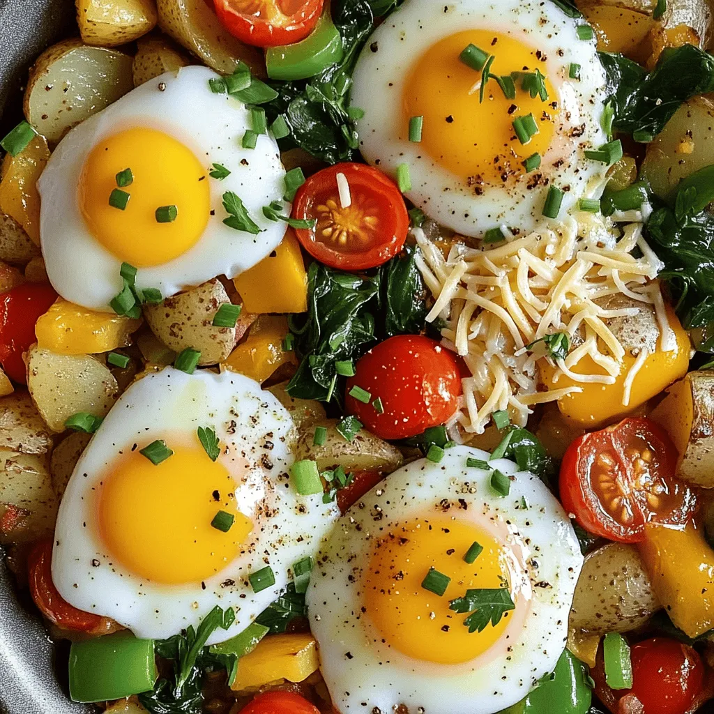 - Diced potatoes - Bell pepper (red or green) - Onion - Cherry tomatoes - Fresh spinach - Large eggs - Seasonings (smoked paprika, garlic powder, salt, black pepper) - Olive oil - Shredded cheese (cheddar or preferred blend) - Fresh herbs for garnish The base of Loaded Breakfast Hash starts with diced potatoes. I love to use Yukon Gold or red potatoes for their creamy texture. Next, you add bell peppers for sweetness and color. Red or green both work well. Adding onion gives a great flavor boost, and cherry tomatoes lend a touch of sweetness. Fresh spinach adds nutrients and a pop of green. You can't forget the eggs! They create a rich, creamy texture. Seasonings like smoked paprika and garlic powder elevate your dish. Olive oil helps cook everything evenly. Finally, shredded cheese adds a gooey finish, making it a real morning treat. Don't skip fresh herbs for garnish. They add brightness and flavor. - Breakfast meats (bacon, sausage, or ham) - Additional vegetables (mushrooms, zucchini) - Different cheese varieties If you want to take it up a notch, add breakfast meats like bacon or sausage. They bring a savory depth. You can also throw in extra veggies like mushrooms or zucchini for more texture and flavor. Feel free to mix up the cheese too. Mozzarella or pepper jack can add different tastes to the dish. Each choice makes this hash your own! For the complete recipe, check out the Full Recipe. Start by heating 1 tablespoon of olive oil in a large skillet over medium heat. Once hot, add 4 medium-sized diced potatoes. Season them with salt, black pepper, smoked paprika, and garlic powder. Stir well to coat the potatoes. Cook for about 10-15 minutes. You want them golden brown and tender when poked with a fork. When your potatoes are ready, add the chopped bell pepper and diced onion to the skillet. Sauté these with the potatoes for about 5 minutes. This will help them soften and release their flavors. Then, fold in 1 cup of halved cherry tomatoes and 1 cup of roughly chopped spinach. Cook for another 2-3 minutes until the spinach wilts and the tomatoes soften. Next, use a spatula to create 4 small wells in the hash mixture. Crack one large egg into each well, making sure not to break the yolks. Cover the skillet with a lid and let it cook for about 5 minutes. This way, the egg whites set while keeping the yolks runny. If you like firmer yolks, cook for a few extra minutes. Now, sprinkle 1/2 cup of shredded cheese over the entire hash. Make sure to cover the eggs as well. Cover the skillet again and cook for about 1 more minute. This lets the cheese melt and bubble beautifully. Once done, take the skillet off the heat. Toss a handful of fresh herbs, like parsley or chives, over the top for extra flavor. You can add more salt and pepper to taste before serving. For a rustic feel, serve the hash directly from the skillet. Alternatively, you can spoon it into bowls. A sprinkle of extra herbs on top adds color. Pair it with crusty bread or avocado slices to complete your meal. To make the best loaded breakfast hash, cook your potatoes evenly. Start with diced potatoes. Aim for 1-inch cubes for uniform cooking. When all pieces are the same size, they cook at the same rate. For crispy edges, use a hot skillet. Heat your oil until it shimmers. Let the potatoes sit without stirring for a few minutes. This helps form a nice crust. Then, stir occasionally to brown all sides. To keep egg yolks runny, crack them gently into the wells. Cover the skillet to help the whites set. Cook for about five minutes, checking often. If you want firmer yolks, add a few minutes to the cooking time. You can also bake or poach the eggs if you prefer. Poaching gives a nice, soft texture, while baking keeps everything in one dish. Just adjust the cooking method to your taste. Fresh herbs can really boost the flavor of your hash. Try parsley or chives for a fresh touch. Add them right before serving to keep them vibrant. You can also vary the spices to create different flavor profiles. Swap smoked paprika for cumin or chili powder for a kick. Each spice brings something unique, so feel free to experiment! {{image_4}} You can easily make this dish vegetarian. One great swap is to use tofu instead of eggs. Tofu absorbs flavors well and adds protein. Just crumble firm tofu and sauté it with the veggies. Adding more plant-based ingredients can also enhance the dish. Consider using mushrooms, zucchini, or kale for extra texture and taste. These veggies add color and nutrients, making your hash even better. To keep this dish gluten-free, check all your ingredients. Some seasonings or store-bought items might contain gluten. Stick to fresh veggies and gluten-free spices to ensure safety. For serving, try gluten-free sides. Fresh fruit or a simple salad pair nicely. You can also serve the hash on gluten-free bread or tortillas for a tasty twist. Changing the veggies based on the season can keep things fresh. In spring, use asparagus or peas. In summer, add corn or bell peppers. Fall brings squash or sweet potatoes, while winter can feature hearty root vegetables. Adjusting flavors for the season can also enhance your hash. Add herbs like dill in spring or sage in fall for a unique taste. This keeps your Loaded Breakfast Hash exciting all year long. You should store Loaded Breakfast Hash in an airtight container. Let it cool to room temperature first. Place the container in the fridge right away. This helps keep it fresh and safe. Loaded Breakfast Hash lasts about 3 to 4 days in the fridge. Be sure to check for any signs of spoilage before eating. If it looks or smells off, toss it out. To reheat Loaded Breakfast Hash, use a skillet on low heat. This method helps keep the texture nice. Stir it often to heat evenly. You can also use a microwave. Just cover the dish and heat in short bursts. Stir between each burst to avoid hot spots. You can remix leftovers too! Try adding some eggs and cheese to make a quick omelet. You can also toss it into a tortilla for a tasty breakfast burrito. The options are endless! Yes, you can make Loaded Breakfast Hash ahead of time. To prep, cook the potatoes and veggies as normal. Let them cool, then store in the fridge. When you are ready to eat, just reheat and add the eggs. You can also cook the eggs in advance. Just warm them in the skillet before serving. For egg substitutes, you can use tofu, chickpea flour, or scrambled silken tofu. These are great for vegan diets. They provide a good texture and can soak up flavors well. To boost protein, add cooked bacon, sausage, or ham. You can also use beans or lentils for a plant-based option. Nuts or seeds can offer a nice crunch too. The best potatoes are Yukon Gold or red potatoes. They cook well and give a nice texture. Russets can also work but may get mushy. Choose what you like best! You can cut calories by using less cheese or olive oil. Add more veggies like kale or zucchini for fiber. Using sweet potatoes instead of regular ones can also add nutrients. You can find the Full Recipe for Loaded Breakfast Hash [here](#). Enjoy making this delicious dish! This article covered how to make a delicious Loaded Breakfast Hash. We discussed key ingredients, prep steps, and tips for perfecting the dish. You can customize it with add-ins or variations to suit your taste. Don't forget to store leftovers properly to keep them fresh. With these insights, you'll enjoy making and sharing this hearty meal any time of day. Now it's your turn to create a tasty version that your family will love. Happy cooking!