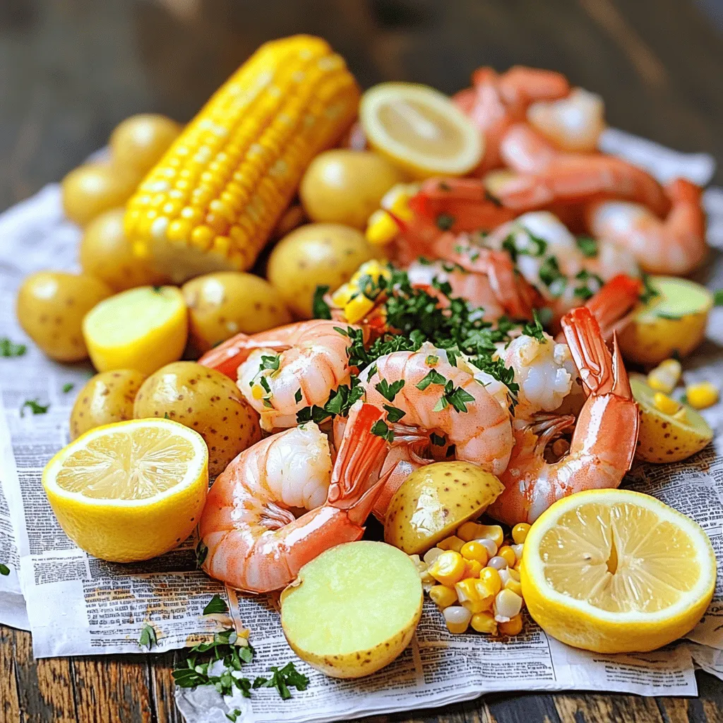 When making a shrimp boil, you need the right mix of ingredients. Here’s what you will use for a tasty feast: - 1 pound raw shrimp, shell-on - 2 ears of corn, cut into thirds - 1 pound baby potatoes, halved - 1 lemon, halved - Fresh parsley for garnish These main ingredients create a colorful and flavorful dish. The shrimp are the star, while the corn and potatoes add heartiness. The lemon gives a bright touch. Fresh parsley adds a pop of color and freshness. - 2 tablespoons Old Bay seasoning - 1 teaspoon cayenne pepper (adjustable) - 3 cloves garlic, minced - 1 small onion, quartered The spices are key to a great shrimp boil. Old Bay seasoning brings a classic taste. Cayenne pepper adds heat, but you can adjust it to your liking. Garlic and onion add depth and aroma. - 4 cups water - 1 tablespoon olive oil Water is the base for your broth. It helps to cook the shrimp and veggies evenly. Olive oil adds richness and enhances flavors at the end. By using these ingredients, you will create a delicious and fun shrimp boil. If you want to explore the full details, check out the Full Recipe. - Combine 4 cups of water with 2 tablespoons of Old Bay seasoning, 1 teaspoon of cayenne pepper, 3 cloves of minced garlic, and 1 small quartered onion. - Stir everything well, then bring the mixture to a rolling boil over medium-high heat. - Add the halved baby potatoes to the boiling broth. - Cook them for about 10 minutes, or until they are tender and easily pierced with a fork. - After 10 minutes, introduce the corn cut into thirds into the pot. - Let the corn cook for 5 minutes, until it is tender yet still crisp. - Next, add in the raw shrimp and the halved lemon. - Cook everything for about 3 to 4 minutes, until the shrimp turn bright pink and opaque. - Carefully remove the pot from the heat. Drain the contents using a colander to get rid of the broth. - Transfer the shrimp and vegetables onto a large serving platter. - Drizzle with 1 tablespoon of olive oil and sprinkle with chopped parsley for a fresh touch. - Enjoy your Southern Style Shrimp Boil with friends and family! For the full recipe, check out the recipe section above. When you pick shrimp for a boil, choose raw shrimp with their shells. The shells keep the shrimp moist and add flavor. Look for shrimp that smell fresh, like the ocean. The best types for boiling are Gulf shrimp or sweet shrimp. Both types cook well and taste great. To ensure freshness, check the shrimp's color. It should be translucent with a slight sheen. Avoid shrimp with black spots or a strong fishy smell. Fresh shrimp should feel firm and springy to the touch. A great shrimp boil needs the right seasoning. Old Bay seasoning is a classic choice, giving a nice mix of spices. You can adjust the cayenne pepper to suit your taste. If you love heat, add more; if not, use less. Think about adding fresh herbs. Dill or parsley can brighten up the dish. Toss in lemon zest for a kick of citrus flavor. These simple additions can take your shrimp boil to the next level. Boiling shrimp is different from steaming. Boiling cooks shrimp quickly and keeps them juicy. Steaming is gentler and can create a more tender bite, but it takes longer. To avoid overcooked shrimp, watch the cooking time. Once they turn bright pink, they are done. Usually, shrimp need just 3 to 4 minutes in boiling water. If you see them curling tightly, it’s a sign they are overcooked. Always remove them from the heat right away. For the full recipe, check out the Southern Style Shrimp Boil. {{image_4}} Shrimp boil is a fun dish with many tasty twists. Different regions have their own styles. In Louisiana, they often use spicy seasonings and add sausage. This style brings bold flavors to the feast. You can enjoy shrimp with corn and potatoes, all cooked together in one pot. New England has its own take. Here, seafood boils often include lobster and clams. They use lighter spices, focusing on the sweet flavors of the seafood. These variations reflect local tastes and traditions in cooking. You can also change the ingredients in your shrimp boil. Adding sausage or crawfish makes it heartier. Try adding seasonal veggies, too. Artichokes work great in the spring. They soak up the delicious broth and add depth to the dish. Different cooking methods can also shake things up. If you want to save time, try an oven-baked shrimp boil. Just layer the shrimp, corn, and potatoes in a pan. Add some broth and bake until done. For a quick option, use an Instant Pot. Just toss in all your ingredients and cook for a fraction of the time. This method keeps the flavors locked in and makes cleanup easy. Each variation keeps the spirit of shrimp boil alive. Enjoy the fun of cooking and tasting new flavors with your family. For the full recipe, check out the Southern Style Shrimp Boil. Store leftover shrimp boil in shallow containers. This helps cool the food faster. Ensure the lid fits tightly to keep air out. I recommend using glass or BPA-free plastic containers. These materials are safe and easy to clean. You can safely keep it in the fridge for up to three days. If you see any shrimp or veggies looking off, it’s time to toss them. To freeze the shrimp boil, first let it cool completely. This helps keep the texture nice. Then, scoop portions into freezer-safe bags or containers. Remove as much air as possible to prevent freezer burn. Label each bag with the date. You can freeze it for up to three months. When you're ready to eat, thaw it overnight in the fridge. Reheat in a pot over low heat. Stir often until heated through. In the fridge, shrimp boil lasts about three days. After that, the taste and texture can change. Always check for signs of spoilage. Look for an off smell or slimy texture. If things seem off, it's best to throw it away. Keeping track of storage time helps you enjoy this dish at its best! Shrimp cook fast, so keep an eye on them. Here are some visual cues: - The color changes from grey to bright pink. - The flesh turns opaque and firm. - The shrimp curl into a C-shape. If you see these signs, your shrimp are ready to eat! Absolutely! You can make the shrimp boil your own. Here are some ideas: - Add smoked sausage for extra flavor. - Toss in some crab or lobster for a seafood feast. - Use different vegetables like green beans or asparagus. - Change the spices to suit your taste. Get creative and make it your own! A shrimp boil is great on its own, but sides can enhance your meal. Consider these popular options: - Coleslaw adds a cool crunch. - Garlic bread is perfect for soaking up juices. - A fresh green salad lightens the meal. - Cornbread gives a nice, sweet touch. These sides will make your shrimp boil even better! A shrimp boil brings fresh flavors and fun together. You learned the right ingredients, seasoning options, and cooking steps. Remember to adjust spices based on your taste. You can also explore variations, like adding sausage or trying different cooking methods. Proper storage will keep leftovers fresh, so use those tips wisely. Enjoy your shrimp boil at your next gathering, knowing it will be a hit. Let's create delicious memories with every bite!