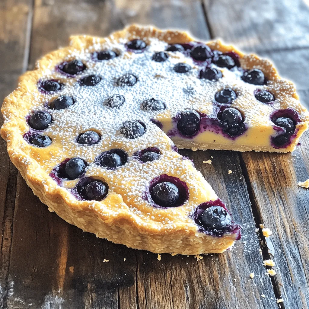 - 2 cups fresh blueberries - Optional: Powdered sugar for dusting - 1/4 cup granulated sugar - 1/4 cup all-purpose flour - 1 teaspoon baking powder - 1/2 teaspoon ground cinnamon - 1/4 teaspoon salt - 2 large eggs - 1/2 cup milk - 1 teaspoon pure vanilla extract - 1 tablespoon melted butter (for greasing) For this crustless blueberry pie, fresh blueberries are key. They give the pie its sweet flavor and juicy texture. The optional powdered sugar adds a nice touch on top. You need some basic pantry items too. Granulated sugar sweetens the mixture. All-purpose flour helps bind it all together. Baking powder makes the pie rise. Ground cinnamon adds warmth and flavor, while salt balances the sweetness. The wet ingredients bring everything to life. Eggs create a rich structure and help the pie set. Milk adds creaminess. Pure vanilla extract gives a lovely aroma. Don't forget melted butter; it greases the pie dish well. Together, these ingredients create a delightful and easy pie that you can enjoy anytime. For the complete list and steps, check the Full Recipe. - Preheat oven to 350°F (175°C). - Grease a 9-inch pie dish with melted butter. - Toss blueberries with sugar in a medium bowl. - Combine flour, baking powder, cinnamon, and salt in another bowl. - Beat eggs in a large bowl and mix in milk and vanilla. - Fold blueberries into the batter gently. - Pour the batter into the pie dish. - Bake for 35-40 minutes until golden brown. This simple pie recipe brings joy with every bite. You will love how easy it is to make. Just follow these steps, and you will have a delightful dessert to share. To make your crustless blueberry pie great, avoid overmixing the batter. This keeps it light and fluffy. Mix just until the ingredients come together. After baking, let the pie cool before slicing. This step helps the pie set properly, making it easier to cut. You can boost the flavor by trying spices like nutmeg. Just a pinch can add warmth. Another idea is to add lemon zest. This brightens the taste and pairs well with blueberries. Feel free to get creative! When it’s time to serve, think about adding whipped cream or ice cream. A scoop of vanilla ice cream goes great with the warm pie. For a nice touch, arrange the slices on individual plates. This makes your dessert look inviting and special. {{image_4}} You can switch out blueberries for other fruits. Raspberries add a tart flavor. Strawberries bring a sweet taste. If you want a mix, try using mixed berries. This will give you a fruit medley pie bursting with flavor. Each fruit brings its own charm to the dish. If you need a gluten-free option, use gluten-free flour. This simple swap works well without losing taste. For a dairy-free version, replace milk with almond or oat milk. Both options keep the pie moist and delicious while catering to different diets. Want to make it sweeter? Add chocolate chips to the batter. They melt and create pockets of joy. For a nutty twist, stir in chopped nuts. Walnuts or almonds add great crunch. These small changes can make your crustless blueberry pie even more delightful. Keep leftover pie covered in the refrigerator. This helps maintain its taste and texture. Store it for up to 3 days for best freshness. After that, it may lose some flavor. To enjoy your pie warm, reheat it in the oven at 350°F for about 10 minutes. This method warms the pie evenly. You can also microwave individual slices for a quick treat. Just heat them for about 30 seconds to 1 minute. Want to save some for later? You can freeze the unbaked batter for future use. Just pour it into a freezer-safe dish. When you're ready to bake, take it out and bake from frozen, adding a few extra minutes to the cooking time. This way, you can enjoy fresh pie anytime! Yes, you can prepare it a day in advance and store it in the refrigerator. This makes it easy for gatherings. Just cover it well to keep it fresh. The pie is done when the top is golden brown and a toothpick comes out clean. This simple test helps you avoid undercooking or overcooking. By using gluten-free flour, this recipe can be made gluten-free. Look for blends that work well in baking for best results. It lasts up to 3 days in the refrigerator when properly stored. Keep it in an airtight container for maximum freshness. You can use raspberries, blackberries, or even peaches for a delicious variation. Each fruit brings its own unique flavor. The complete Crustless Blueberry Bliss Pie recipe can be found on our website, detailing all ingredients and steps. This ensures you have everything you need to create this tasty pie. You now know how to make a crustless blueberry pie from scratch. We covered the fresh and pantry ingredients, plus detailed steps for mixing and baking. I shared tips for texture and flavor, along with fun variations. You can also store, reheat, and freeze your pie for later enjoyment. This recipe is adaptable and easy for anyone to try. Enjoy making and sharing your delicious pie!