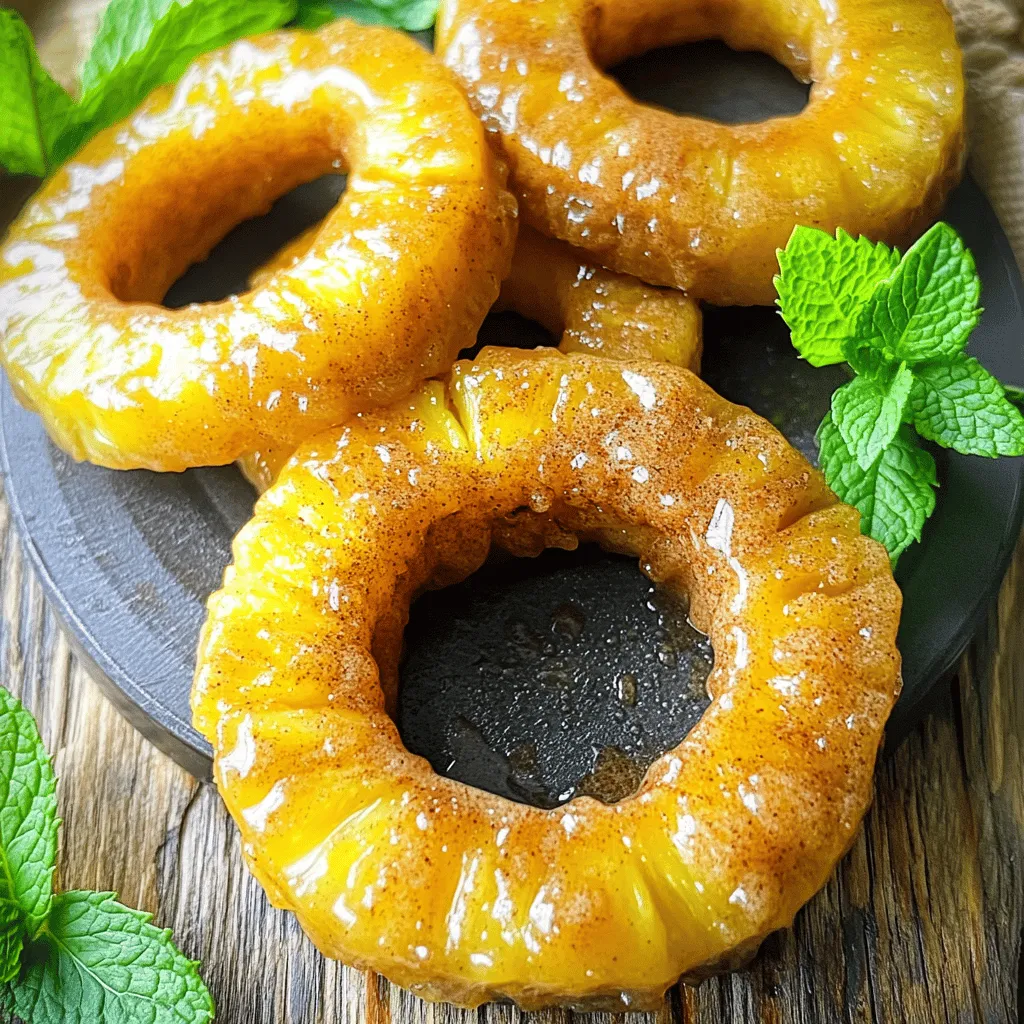 - 1 ripe fresh pineapple, peeled, cored, and sliced into rings - 3 tablespoons packed brown sugar - 1 teaspoon ground cinnamon - 1 tablespoon unsalted butter, melted - A pinch of sea salt - Fresh mint leaves for garnish To make easy air fryer caramelized pineapple, gather these simple ingredients. Start with a ripe fresh pineapple. You want it sweet and juicy. The brown sugar adds sweetness, while cinnamon brings warmth. A little melted butter helps everything stick and adds richness. Finally, a pinch of sea salt enhances all the flavors. For a bright touch, fresh mint leaves can be a lovely garnish. They add color and a refreshing taste. Enjoy this sweet delight as a dessert or snack! For the complete process, check the full recipe provided. - Preheat the air fryer to 375°F (190°C). - Prepare the pineapple by peeling, coring, and slicing it into rings. Start by taking a ripe pineapple. Use a sharp knife to peel off the skin. Make sure to remove all the eyes. Then, cut the pineapple in half. Remove the core from each half. Slice the fruit into thick rings. Each ring should be about half an inch thick. This size helps the pineapple cook evenly. - Combine brown sugar, ground cinnamon, and a pinch of sea salt in a bowl. In a medium bowl, gather your brown sugar. Add one teaspoon of ground cinnamon. Then, mix in a pinch of sea salt. This blend adds sweetness and warmth to the pineapple. It enhances the caramelization process. Mix it well with a spoon. - Coat pineapple rings in melted butter before adding the sugar mixture. - Evenly sprinkle the brown sugar mixture over the buttered pineapple. Next, take your melted butter and brush it on each pineapple ring. Make sure to cover each ring well. This step is key for flavor. After that, take the sugar mixture and sprinkle it over the buttered rings. Make sure each ring gets a good coat for that delicious caramelized effect. - Arrange the rings in the air fryer basket in a single layer. - Cook for 8-10 minutes, flipping halfway through for even caramelization. Now, place the pineapple rings in the air fryer basket. Lay them out in a single layer. This helps them cook evenly. Set your timer for 8-10 minutes. Halfway through, flip the rings. This ensures they caramelize nicely on both sides. Keep an eye on them. You want them golden brown and caramelized. To make your pineapple perfect, coat each ring in butter and sugar. This step helps create a nice caramel crust. You want every ring to shine with that golden glaze. Be careful not to crowd the air fryer basket. If you fill it too much, the air won't circulate. This can lead to uneven cooking. Instead, cook in batches if needed. You want each ring to get its moment in the heat! When you serve your caramelized pineapple, drizzle any leftover juices over the top. This adds a sweet finish that enhances the flavor. Choose a decorative plate to make your dish pop! A nice plate makes the food look even more inviting. For a splash of color, add fresh mint leaves on top. They look pretty and add a nice touch of freshness. Enjoy your sweet delight! {{image_4}} You can make your caramelized pineapple even better. Here are some fun ideas: - Add a splash of vanilla extract to the butter for extra flavor. - Experiment with different spices like nutmeg or ginger. Both will bring warmth to the dish. These small changes can transform the taste. The vanilla will add a sweet note, while spices give a cozy feel. Try them out to find your favorite mix! Why not mix in other fruits? Caramelized pineapple works great with: - Peaches - Bananas These fruits add unique flavors and textures. They caramelize well and create a colorful dish too. You can slice them up and cook them along with the pineapple. This gives you a tasty fruit medley, perfect for any occasion. Enjoy the fun of experimenting with your favorite fruits! Store any leftovers in an airtight container in the fridge for up to 3 days. Keeping the pineapple sealed helps maintain its taste and texture. Always check for freshness before eating. If you notice any off smells or changes in texture, it’s best to toss it. To reheat, use the air fryer at 350°F (175°C) for 3-5 minutes. This will help regain the crispiness of the caramelized edges. You can also use a microwave, but this might make the pineapple soft. The air fryer keeps it delicious and warm for serving. Yes, but fresh pineapple yields better results for caramelization. Fresh fruit has more juice and flavor, making it perfect for this dish. Canned pineapple may be softer and less vibrant in taste. For the best outcome, choose ripe, fresh pineapple. Look for a golden brown color and caramelized edges on the pineapple rings. The rings will soften slightly and develop a rich, sweet flavor. If they are not browned enough, you can cook them for a few extra minutes. Keep an eye on them to avoid burning. It pairs well with ice cream, yogurt, or as a topping for pancakes. The warm, sweet pineapple adds a nice contrast to cold desserts. You can also use it in fruit salads or as a side for grilled meats. Yes, grilling can also give similar caramelized results if done carefully. Use medium heat and place the pineapple on a grill pan. Flip them often to get an even caramelization and avoid burning. Prep Time: 10 minutes | Total Time: 20 minutes | Servings: 4. This makes it a quick and easy treat for any meal or snack. You can enjoy it in no time. Refer to the section labeled “Delightful Air Fryer Caramelized Pineapple ” for the full recipe details. You learned how to make delicious caramelized pineapple in an air fryer. Using fresh pineapple and simple ingredients, you can create a sweet treat in just 20 minutes. Remember to coat each ring well and avoid overcrowding for best results. Experiment with flavors and pairings to suit your taste. With these tips, you will enjoy the sweet, juicy results. Now, gather your ingredients and get cooking!