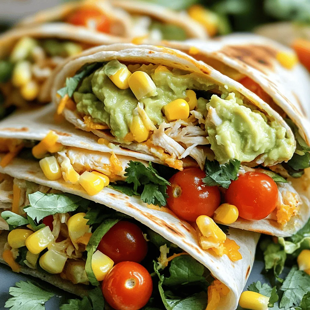 - 2 cups cooked chicken, shredded - 1 ripe avocado, mashed - 1 cup ranch dressing - 1 cup cherry tomatoes, halved - 1 cup shredded lettuce - 1/2 cup corn, canned or frozen (thawed) - 1/2 cup black beans, rinsed and drained - 1/2 cup shredded cheese (cheddar or Monterey Jack) - 4 large flour tortillas - 1 tablespoon lime juice - Salt and pepper to taste - Fresh cilantro, chopped (for garnish) You can tweak this recipe based on what you have. For the chicken, you can use grilled or rotisserie chicken. If you want it vegetarian, swap the chicken for extra beans or veggies. Instead of ranch dressing, try a yogurt-based dressing for a lighter option. Avocados can be replaced with guacamole if you're in a pinch. Use whole wheat tortillas for a healthier choice. Each burrito packs a punch of flavor and nutrients. Here’s a rough breakdown per burrito: - Calories: 450 - Protein: 30g - Carbohydrates: 40g - Fat: 20g - Fiber: 10g This dish offers a good balance of protein and healthy fats, making it a filling meal. Remember to adjust these values based on your ingredient choices and portion sizes. Enjoy making these Chicken Avocado Ranch Burritos with this full recipe. You’ll love the combination of fresh tastes! Start by gathering your ingredients. In a mixing bowl, add the shredded chicken, mashed avocado, ranch dressing, and lime juice. Sprinkle in some salt and pepper to taste. Use a fork to mix everything together well. You want a creamy texture that holds all the flavors. Make sure the chicken is fully coated in the avocado and ranch. This blend gives your burrito a rich taste. Next, lay out your flour tortillas on a clean surface. Take about 1/2 to 3/4 cup of your chicken-avocado mixture and place it in the center of each tortilla. This is where the fun begins! Now, evenly add the cherry tomatoes, shredded lettuce, corn, black beans, and shredded cheese on top of the chicken mix. This extra filling adds color and crunch. To wrap your burrito, fold the sides of the tortilla inwards. Then, start from the bottom and roll it up tightly. Make sure all the filling is secure inside. A good roll keeps everything in place when you cook. Heat a non-stick skillet over medium heat. Carefully place the burritos seam-side down in the skillet. Cook for 2-3 minutes on each side until they turn golden brown. This step adds a nice crisp to the outside. Once cooked, remove them from the skillet and let them rest for a minute. To serve, cut each burrito in half with a sharp knife to reveal the colorful filling. Place them on a plate and garnish with freshly chopped cilantro. For an extra treat, serve with more ranch dressing on the side for dipping. Enjoy your Chicken Avocado Ranch Burritos! To get tender, shredded chicken, use cooked chicken breasts or thighs. Let the chicken cool for a few minutes before shredding. I find that two forks work well for shredding. Hold one fork steady and pull the chicken apart with the other fork. This method gives you nice, even shreds. If you have a stand mixer, you can use it! Just put the chicken in the bowl and turn it on low for a few seconds. The chicken will shred easily. Correctly wrapping your burrito is key for a tasty meal. Start with a warm tortilla; this makes it more flexible. Spoon the filling into the center, leaving space at the edges. Fold the sides in first, then roll from the bottom up. Press gently to seal. If you want to ensure it stays closed, you can use a toothpick. Wrapping tightly helps keep all the flavors inside. You can make your burritos even better with garnishes. Fresh cilantro adds a nice touch. Lime wedges give a zesty flavor. You might also enjoy serving them with extra ranch dressing for dipping. Other good sides include chips or a light salad. This way, you can create a full meal that is both fun and tasty. {{image_4}} If you want a vegetarian twist, swap the chicken for beans or tofu. Black beans work great for protein. You can also use chickpeas for a different taste. For a creamy texture, try mashed avocado or a mix of both. This makes the burrito filling rich and tasty. Ranch dressing is delicious, but you can try other dressings too. A spicy chipotle sauce adds a nice kick. For a zesty twist, use cilantro lime dressing. You can even mix in some salsa for a fresh flavor. Each dressing changes the taste and makes your burrito unique. If you're watching carbs, use lettuce wraps instead of tortillas. This keeps the taste but cuts the carbs. For dairy-free options, choose vegan cheese or skip the cheese entirely. You can also use gluten-free tortillas if needed. These swaps help everyone enjoy the burritos without worry. For the full recipe, check out Chicken Avocado Ranch Burritos. To keep your leftover burritos fresh, wrap each one tightly. Use plastic wrap or aluminum foil for best results. Place the wrapped burritos in an airtight container. This helps them stay moist and tasty. Store your burritos in the fridge for up to three days. If you leave them out, they could spoil quickly. You can freeze burritos for later meals. First, wrap each burrito in plastic wrap. Then, place them in a freezer bag or airtight container. Make sure to remove as much air as possible to prevent freezer burn. Frozen burritos can last for up to three months. When you are ready to eat, thaw them in the fridge overnight. To reheat, you can use the oven or microwave. For the oven, preheat it to 350°F (175°C). Unwrap the burrito and place it on a baking sheet. Heat for about 15-20 minutes, or until warm. The oven keeps the burrito crispy. If you use the microwave, place the burrito on a plate. Heat it for 1-2 minutes on high. Check if it’s hot all the way through. Enjoy these Chicken Avocado Ranch Burritos warm for the best taste! Yes, you can make these burritos ahead of time. Prepare the filling and store it in the fridge. You can fill the tortillas when you are ready to eat. This keeps the tortillas fresh and avoids sogginess. If you want, you can also wrap the fully made burritos in foil or plastic wrap. Store them in the fridge for up to two days. Just reheat before serving. These burritos go well with many sides. Here are a few ideas: - Guacamole: Adds creaminess and flavor. - Salsa: A spicy kick can enhance the taste. - Rice: Serve with cilantro-lime rice for a fresh touch. - Chips: Tortilla chips add crunch and fun. - Salad: A light salad gives a nice contrast. You can mix and match these sides to fit your taste! To adjust the spice level, consider these options: - Add jalapeños: Fresh or pickled for a nice heat. - Use spicy ranch: This can make the burritos zing. - Include hot sauce: Drizzle some inside the burrito or serve it on the side. - Use mild ingredients: If you want less spice, skip the hot options. Feel free to play with these ideas to make it just right for you! In this blog post, we explored how to make Chicken Avocado Ranch Burritos. I shared essential ingredients, measurements, and nutritional info to guide you. You learned step-by-step instructions for preparation, assembly, and cooking. We discussed tips for shredding chicken and wrapping burritos tightly. I also offered variations for dietary needs and how to store leftovers. Enjoy making these burritos any way you like, and don’t hesitate to get creative!