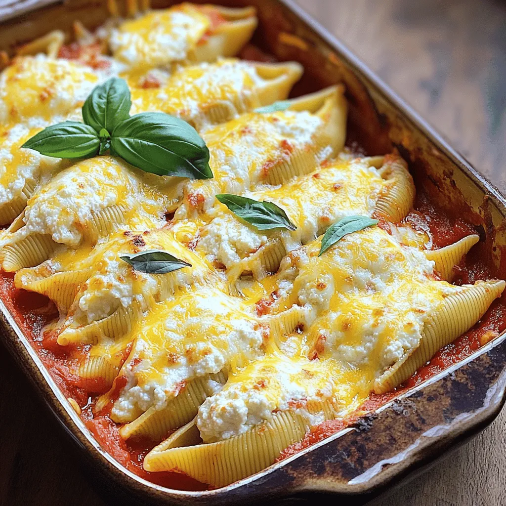 - 20 large pasta shells - 2 cups ricotta cheese - 1 cup shredded mozzarella cheese - 1/2 cup grated Parmesan cheese - Fresh basil leaves for garnish - Additional mozzarella cheese for topping - 1 tablespoon fresh basil, finely chopped - 1 teaspoon Italian seasoning blend - 2 cups marinara sauce - Salt and freshly ground black pepper The right ingredients make all the difference in stuffed shells. First, choose large pasta shells. They hold the creamy filling well. You’ll need ricotta cheese, a key player in this dish. It adds a rich, smooth texture. Mozzarella cheese brings a stretchy, gooey factor. Parmesan cheese adds a sharp flavor that rounds it all out. For extra flavor, I love using fresh basil. It gives a lovely aroma and taste. You can also add more mozzarella on top for a cheesy crust. Marinara sauce is a must. It ties everything together. Use a good quality sauce for the best taste. Season with salt and black pepper to enhance all the flavors. Feel free to experiment with herbs and spices. You can adjust them to fit your taste. This flexibility allows you to create your perfect dish. For the full recipe, check out the detailed instructions. Enjoy making these delightful ricotta stuffed shells! - Preheat the oven to 375°F (190°C). - Cook the pasta shells in boiling salted water until al dente. First, I always make sure my oven is preheated. This helps the shells bake evenly. Next, I boil the pasta shells. I add salt to the water for flavor. Cook them just a little underdone, as they will bake more later. Drain them well and spread them out on a baking sheet. This keeps them from sticking together. - Combine ricotta, mozzarella, Parmesan, and seasonings. - Mix until creamy and well incorporated. In a large bowl, I mix the ricotta, mozzarella, and Parmesan. I add a large egg for binding. Then, I sprinkle in some fresh basil and Italian seasoning. A pinch of salt and pepper adds flavor. I stir it all together until it’s creamy and smooth. This filling brings a rich taste to the shells. - Fill each pasta shell with the ricotta mixture. - Layer marinara sauce in the baking dish. Now comes the fun part! I take a spoon and fill each shell with the ricotta mix. I make sure they are packed well. Then, I spread some marinara sauce on the bottom of the baking dish. This keeps the shells moist. After that, I place each stuffed shell seam-side up in the dish. Finally, I pour more marinara sauce over the top. - Bake covered with aluminum foil for the first 25 minutes. - Uncover and bake for an additional 10 minutes. I cover the dish with aluminum foil to trap the steam. This helps the shells cook through. After 25 minutes, I remove the foil and bake for another 10 minutes. The cheese should bubble and turn golden brown. The smell is amazing! Once done, I let the dish rest for a few minutes. This makes serving easier and helps the flavors settle. For the full recipe, be sure to check the details above. To make great stuffed shells, cook your pasta to al dente. This means the pasta should be firm when bitten. If you overcook the shells, they may break when you fill them. Use boiling salted water for cooking. This adds flavor to the pasta. To avoid a stuffing mess-up, use a spoon or a piping bag. A piping bag makes filling the shells easy and clean. Fill each shell generously, but don’t overstuff. Place them seam-side up in the dish. For a tasty homemade marinara sauce, start with fresh tomatoes. Crush them and cook on low heat with garlic and olive oil. Add salt, pepper, and basil for extra flavor. When it comes to cheese flavors that complement ricotta, try mixing in some mozzarella or Parmesan. These cheeses add creaminess and depth to your dish. You can even sprinkle them on top for a cheesy crust. For an appealing dish, serve the shells straight from the baking dish. This gives a rustic look. You can also plate them individually. Drizzle with extra marinara sauce for a beautiful finish. Recommended sides to pair with stuffed shells include a simple green salad or garlic bread. These sides balance the richness of the dish and add freshness. For the full recipe, check out the instructions above. Enjoy! {{image_4}} You can make the ricotta stuffed shells even better by adding veggies. Spinach is a great choice. Just sauté it first to remove excess water. Mushrooms also work well. They add a nice, earthy flavor. You can even mix various cheeses. Try goat cheese for a tangy twist or use a blend of mozzarella and Parmesan. For those who want a heartier meal, add cooked ground beef or sausage. Just brown the meat before mixing it in with your ricotta filling. You can also use chicken or turkey. Shredded rotisserie chicken makes this process quick and easy. If you need gluten-free options, look for gluten-free pasta shells. Many brands offer good choices that hold up well. For vegan substitutes, use a plant-based ricotta. You can make it from blended tofu, nutritional yeast, and lemon juice. This way, everyone can enjoy these stuffed shells! For the full recipe, check out the main section. To store leftover ricotta stuffed shells, place them in an airtight container. This helps keep them fresh. Store them in the fridge and eat them within three days for best taste. For reheating, preheat your oven to 350°F (175°C). Place the shells in a baking dish. Add a splash of marinara sauce to keep them moist. Cover with foil and heat for about 20 minutes until warm. You can also microwave them in a microwave-safe dish. Heat for two to three minutes, checking to avoid overheating. You can freeze stuffed shells either before or after baking. If you freeze them raw, assemble the dish and cover tightly with foil. This keeps air out and preserves flavor. They can last up to three months in the freezer. To freeze baked shells, let them cool completely. Then, place them in a suitable container and freeze. When you’re ready to eat them, thaw in the fridge overnight. To cook frozen shells, preheat your oven to 375°F (190°C). Bake covered for 40 minutes. After that, remove the foil and bake for an additional 10 minutes until hot and bubbly. Enjoy your delicious meal! It takes about 20 minutes to prep and 40 minutes to cook. So, the total time is roughly 1 hour. This time gives you a warm, cheesy dish ready to enjoy. Yes, you can! Prepare the stuffed shells a day in advance. Store them in the fridge before baking. Just cover your dish tightly with plastic wrap or foil. When you're ready to bake, remove the cover and adjust the cooking time as needed. If you need a substitute for ricotta, try cottage cheese. You can also use cream cheese for a rich taste. For a dairy-free option, consider using tofu blended with a bit of lemon juice. These work well in your stuffed shells. Yes, there are gluten-free pasta shells available. Look for brands that use rice or corn. These gluten-free options taste great and work well in this dish. Absolutely! Just pick a high-quality marinara sauce. Look for options with simple, fresh ingredients. This can save time and still give your stuffed shells a great flavor. If you want, you can even add some herbs to enhance the taste. For the full recipe, check out the details above. Ricotta stuffed shells are a tasty and easy dish. We covered key ingredients and steps to prepare them. You learned how to make a creamy filling and layer the dish for the oven. Remember the tips for cooking pasta and enhancing flavors. Variations allow everyone to enjoy this dish, plus good storage info keeps it fresh. Now, gather your ingredients and give it a try. Enjoying a homemade meal can bring joy. Happy cooking!