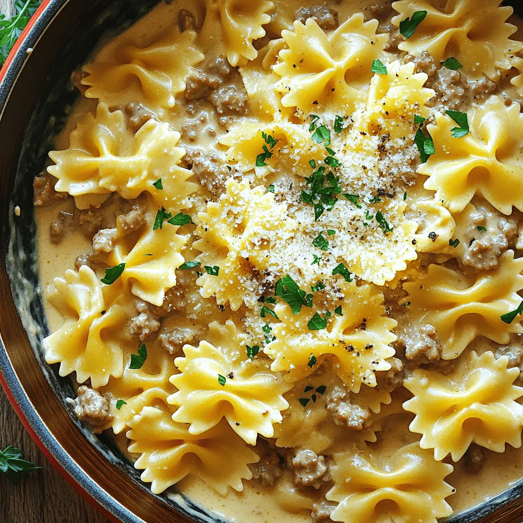 To make Creamy Parmesan Garlic Beef Bowtie Pasta, you need: - 8 oz bowtie pasta - 1 lb ground beef - 4 cloves garlic, minced - 1 cup heavy cream - 1 cup freshly grated Parmesan cheese - 1 cup beef broth - 1 teaspoon Italian seasoning - Salt and freshly ground pepper to taste - 2 tablespoons extra virgin olive oil - 1 tablespoon fresh parsley, finely chopped (for garnish) These ingredients blend well to create a rich and creamy meal. The garlic adds a strong flavor, while the Parmesan gives it a nice, cheesy finish. If you want to switch things up, consider these options: - Use ground turkey or chicken instead of beef for a lighter dish. - Swap heavy cream with half-and-half for a lower-fat version. - Try using gluten-free pasta if you need a gluten-free meal. - Replace beef broth with vegetable broth for a vegetarian touch. These swaps can change the taste and texture but will still keep the dish delicious. To make your dish look even better, try these garnishes: - A sprinkle of extra Parmesan cheese adds a nice touch. - Red pepper flakes can give it a little heat. - Fresh basil or thyme can enhance the flavor and add color. Adding a simple garnish can elevate the dish and impress your guests. For the full recipe, you can refer back to the instructions provided earlier. Start by boiling water in a large pot. Add a good amount of salt to the water. This helps flavor the pasta. Once the water reaches a rolling boil, add the bowtie pasta. Cook it as directed on the package, usually around 8-10 minutes. You want it to be al dente, meaning it should feel firm yet tender. After cooking, drain the pasta and set it aside. Remember to save a little pasta water for later. Next, heat a large skillet over medium heat. Pour in the extra virgin olive oil. Add the ground beef to the skillet. Season it with salt and pepper to taste. Cook the beef for about 5-7 minutes. Use a wooden spoon to break it apart as it cooks. You want it to be nicely browned with no pink bits left. Once the beef is browned, add the minced garlic. Sauté it with the beef for 1-2 minutes. Watch it closely so it doesn’t burn. Now, it's time to make the creamy sauce. Pour the beef broth into the skillet with the beef and garlic. Stir well to combine. Bring the mixture to a gentle simmer. Lower the heat and slowly whisk in the heavy cream. Let the sauce simmer for about 2-3 minutes. This will help it thicken up slightly. Add the grated Parmesan cheese into the skillet. Stir until the cheese melts and the sauce is creamy. Then add the Italian seasoning. Taste the sauce and adjust with more salt and pepper if needed. Now, add the cooked bowtie pasta directly into the creamy sauce. Toss the pasta gently in the sauce. If it seems too thick, add a splash of the reserved pasta water to reach your desired consistency. Serve the creamy pasta in bowls. For a pop of color, sprinkle freshly chopped parsley on top. This adds a fresh touch. Enjoy your meal warm. Each bite is a delightful mix of flavors. You can find the full recipe in another section, if needed. To boost the creaminess of your sauce, use full-fat heavy cream. This adds richness. You can also add more cheese for a thicker texture. A sprinkle of cream cheese can help too. Stir it in until melted for extra smoothness. If your sauce feels thick, add some pasta water. Just a little can make a big difference. Timing is key when cooking pasta. Always salt your water before boiling. This adds flavor to the pasta. Cook your bowtie pasta for about 8-10 minutes. Test a piece to ensure it's al dente, or firm to bite. Drain it but save a bit of water. You may need this for your sauce later. Store any leftovers in an airtight container. This keeps them fresh for up to three days. If you want to reheat, add a splash of broth or cream. This helps revive the creamy texture. Always cover your dish to prevent it from drying out. Enjoy your creamy Parmesan garlic beef bowtie pasta delight later! For the full recipe, check the main article. {{image_4}} To make this dish vegetarian, swap the ground beef for plant-based meat. You can also use lentils for a hearty texture. Tofu works well too. Just make sure to season it well. Use the same garlic and cream sauce. This will keep the rich flavor but add a lovely twist. Adding veggies can boost nutrition and flavor. Spinach or kale adds color and nutrients. You can also toss in some cherry tomatoes for sweetness. Peas or bell peppers bring a nice crunch. Sauté them with garlic for extra taste. Just mix them into the creamy sauce. This makes the dish even heartier and more delightful. Bowtie pasta is fun, but you can try other shapes too! Penne or fusilli works great with creamy sauces. They hold the sauce well. If you want something smaller, try orzo or macaroni. Each shape brings a unique texture to your meal. Don’t hesitate to experiment to find your favorite! For the full recipe, check out Creamy Parmesan Garlic Beef Bowtie Pasta Delight. This dish is rich and filling. A serving of creamy Parmesan garlic beef bowtie pasta has around 550 calories. The pasta and beef provide most of the calories. The creamy sauce and cheese add extra richness. Keep this in mind if you watch your calorie intake. This meal offers a balance of nutrients. Here’s the breakdown per serving: - Protein: About 30 grams, mainly from ground beef and cheese. - Carbohydrates: Roughly 60 grams, mainly from the bowtie pasta. - Fats: Approximately 25 grams, primarily from heavy cream and olive oil. This mix of protein, carbs, and fats helps keep you satisfied. Each part plays a role in making the dish hearty and delicious. Switching ingredients can change nutrition. For example, using turkey instead of beef cuts calories and fat. Almond milk can replace heavy cream for a lighter option, but it changes the creaminess. Whole wheat pasta increases fiber, making it more filling. Each swap can make the dish healthier or adjust its taste, so choose according to your needs. For more detailed guidance, check the Full Recipe for nutritional tips. You can use ground turkey, chicken, or pork. Each option adds its own flavor. Ground turkey is leaner, while pork adds richness. Yes! Use gluten-free bowtie pasta made from rice or corn. It will taste great in this dish. Always check labels to ensure all ingredients are gluten-free. Reheat leftovers gently on the stove. Add a splash of beef broth or cream. This keeps the pasta creamy and prevents it from drying out. Serve a simple green salad or steamed veggies. Garlic bread also pairs nicely. These sides balance the creamy pasta well. It lasts about 3-4 days in the fridge. Store it in an airtight container. Always check for freshness before enjoying leftovers. For the full recipe, check out the Creamy Parmesan Garlic Beef Bowtie Pasta Delight. We covered the key ingredients, step-by-step cooking methods, and tips for great pasta. You learned about variations, like vegetarian options, and how to store leftovers well. Remember, cooking should be fun and flexible! You can adjust ingredients to suit your taste. Enjoy your creamy Parmesan garlic beef bowtie pasta, and make it your own. Happy cooking!