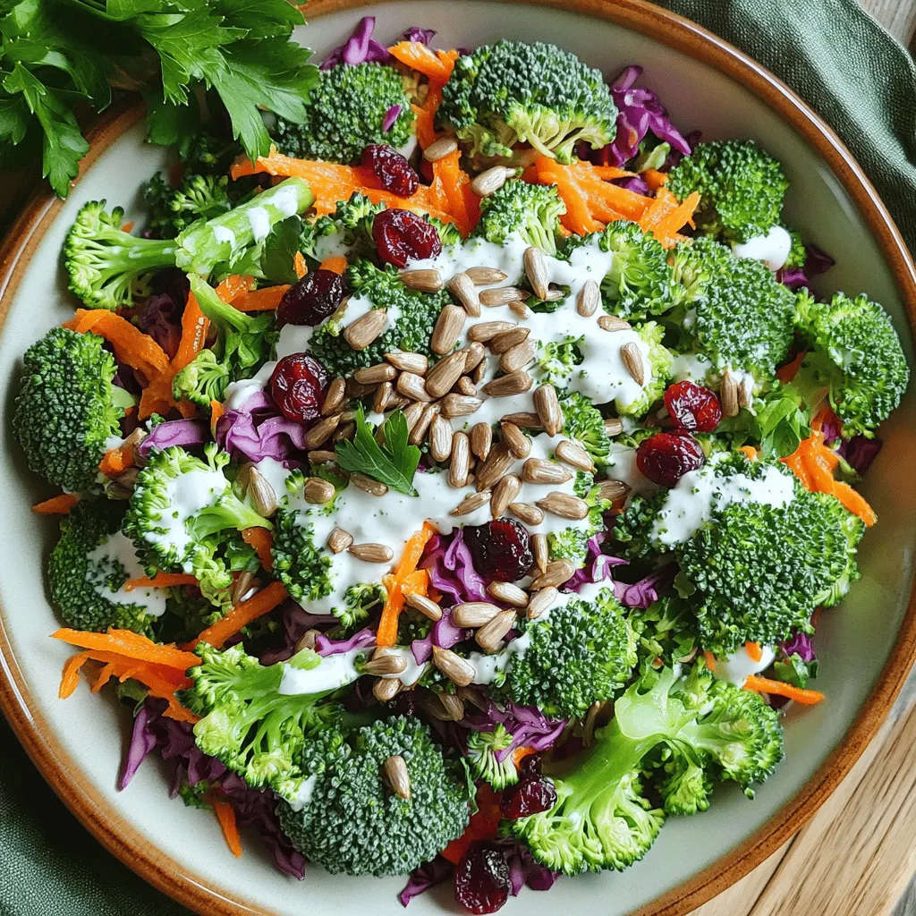 - 4 cups fresh broccoli florets - 1 cup shredded carrots - 1 cup red cabbage - 1/2 cup roasted sunflower seeds - 1/3 cup dried cranberries - 1 tablespoon natural honey - 1/2 cup creamy Greek yogurt - 2 tablespoons apple cider vinegar - Salt and freshly cracked pepper Each ingredient in this salad plays a key role. Broccoli is the star. It gives a crunchy texture and bright green color. The shredded carrots add sweetness. They also bring a nice orange hue. Red cabbage adds a beautiful purple shade and crunch. Now, let's talk about the nuts and seeds. Roasted sunflower seeds add a nutty flavor and extra crunch. They make the salad even more fun to eat. Sweet additions like dried cranberries bring a burst of flavor. They balance the salad's crunch with their sweetness. A touch of natural honey in the dressing enhances this sweetness, making every bite delightful. For the dressing, creamy Greek yogurt provides a rich base. It makes the salad creamy without being heavy. Apple cider vinegar adds tanginess, balancing the sweetness. Be sure to season with salt and freshly cracked pepper for the best taste. For the full recipe, check out the details. Each ingredient shines in this colorful dish, making every bite a fresh, flavorful delight. First, rinse the broccoli florets under cold water. This helps remove dirt and chemicals. After rinsing, pat them dry with a clean towel. Cut the florets into bite-sized pieces. This makes them easy to mix and eat. Next, take your carrots and shred them. Use a box grater or a food processor for this. Then, slice the red cabbage thinly. The colors will make your salad look great. In a large mixing bowl, toss the broccoli, shredded carrots, and sliced red cabbage together. Make sure they blend well. This step is key to enjoying all the flavors. Now, add the roasted sunflower seeds, dried cranberries, and finely diced red onion. These ingredients add a nice crunch and sweetness to the salad. In a small bowl, whisk together the creamy Greek yogurt, apple cider vinegar, and honey. This dressing is simple but tasty. Add a pinch of salt and freshly cracked pepper. Mix until the dressing is smooth. Taste it to ensure it’s just right for your salad. Drizzle the dressing over the vegetable mixture. Gently toss everything together. Use a spatula or tongs for this. Your goal is to coat all the veggies evenly with the dressing. This step ensures that every bite is packed with flavor. Now, it’s time to chill the salad. Place it in the refrigerator for at least 30 minutes. This resting time melds the flavors together. You’ll find that the salad tastes even better after chilling. Before serving, give the salad another gentle stir. This helps redistribute the dressing. Taste it again and adjust the seasoning with extra salt or pepper if needed. For presentation, serve the salad in a large bowl. Top it with extra sunflower seeds and herbs for a lovely look. This makes the dish inviting and fun! For the full recipe, check the details above. Use fresh ingredients for optimal flavor. Fresh broccoli should be bright green and firm. Check for any yellow spots. Carrots should be crisp and vibrant. Red cabbage should feel crunchy and not wilted. Freshness makes a big difference in taste. Always rinse and dry your veggies well before use. This step helps remove dirt and pesticides. Experiment with additional herbs or spices. Fresh herbs like parsley or cilantro can brighten the salad. Try adding a pinch of garlic powder for a kick. A sprinkle of red pepper flakes can add heat if you like it spicy. You can also mix in some lemon zest for extra zest. Play around with flavors to find what you love. Pair with grilled proteins for a complete meal. Chicken, shrimp, or tofu work well here. The salad adds a nice crunch and freshness to your plate. You can also serve it alongside grilled fish. This makes a great lunch or dinner option. Enjoy it at barbecues or picnics for a colorful side. For the full recipe, check out the [Full Recipe]. {{image_4}} You can change this salad to fit your taste. If you want, swap broccoli for kale. Kale adds a hearty texture and works well with the other ingredients. You can also replace grains with quinoa. Quinoa adds protein and a nice crunch. These swaps keep the salad fresh and exciting. Dressing can change everything. I love using balsamic vinaigrette for a sweet and tangy twist. It brightens up the salad and goes well with the veggies. You could also try a sesame dressing for an Asian flair. Each dressing brings a new flavor, so don't hesitate to experiment. Seasonal fruits can make your salad shine. Try adding fresh apples or juicy pears. They add sweetness and a crisp bite. In summer, throw in some berries like strawberries or blueberries. These fruits make the salad colorful and fun. You can enjoy a new taste with each season. For the complete recipe, check out the Full Recipe. To keep your Broccoli Crunch Salad fresh, store leftovers in the fridge. Use an airtight container. This will help keep the salad crisp and tasty. Make sure to put it in the fridge within two hours of serving. It’s best to eat it within three days for optimal flavor. If you want to save the salad for later, freezing is an option. However, freezing can change the texture of the veggies. I recommend freezing only the dressing separately. Store it in a tight container. You can freeze the dressing for up to three months. Just thaw it in the fridge before using. For the best taste, eat the salad within three days. After that, the veggies may lose their crunch. If you notice any off smells or changes in color, it’s best to toss it. Always trust your senses when it comes to food freshness. Yes, you can make this salad ahead of time. Here are some tips: - Prepare the vegetables and store them in an airtight container. - Keep the dressing separate until you are ready to serve. - This way, the veggies stay crisp and fresh. - The salad can last in the fridge for about 3 days. - Just remember to mix the salad again before serving. If you need a dairy-free option, here are some alternatives: - Use silken tofu, blended smooth. - Try vegan mayonnaise for a creamy texture. - You can also use coconut yogurt for a unique flavor. - Each option has a different taste, so pick what you like best. Yes, Broccoli Crunch Salad is very healthy! Here’s why: - Broccoli is packed with vitamins and fiber. - Carrots add extra beta-carotene, which is good for your eyes. - Sunflower seeds provide healthy fats and protein. - Dried cranberries offer antioxidants and a touch of sweetness. - Overall, this salad is low in calories and high in nutrients. Absolutely! Adding protein makes the salad heartier. Here are some suggestions: - Grilled chicken adds a nice flavor and texture. - Tofu is a great plant-based option. - You can also mix in chickpeas or black beans for extra fiber. - Cooked quinoa or edamame can also boost the protein content. - These additions make the salad a filling meal! You can find the full recipe for this Broccoli Crunch Salad above. This blog post explores a fresh and healthy Broccoli Crunch Salad. We covered key ingredients, step-by-step instructions, and smart tips. Using fresh produce and nuts enhances the flavor and crunch. Explore variations to keep it exciting and focus on proper storage for freshness. In short, this salad is versatile, tasty, and easy to make. Enjoy creating your own version and share it with friends!