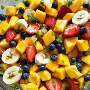 To make a delicious fruit salad, gather these fresh ingredients: - 1 cup fresh pineapple, diced into bite-sized pieces - 1 cup ripe mango, diced - 1 cup strawberries, hulled and cut in half - 1 cup plump blueberries - 1 ripe banana, sliced into rounds - 1 tablespoon fresh mint leaves, finely chopped - 2 tablespoons honey (or agave syrup for a vegan option) - 2 tablespoons freshly squeezed lime juice - Zest of 1 lime for an extra citrusy kick You can swap fruits based on your taste. Here are some fun ideas: - Use kiwi instead of mango for a tart twist. - Try oranges or grapefruit for a citrus boost. - Add pomegranate seeds for crunch and color. - If you want a tropical vibe, include papaya or watermelon. These changes keep the salad fresh and exciting! Fresh ingredients make a big difference in your fruit salad. They provide bright flavors and vibrant colors. Fresh fruit also has better texture. When fruits are in season, they taste the best. Using ripe fruit ensures sweetness and juiciness, enhancing your dish. When you bite into a fresh strawberry or juicy pineapple, it adds joy to your meal. Always choose quality over quantity. This way, your fruit salad will shine, making it perfect for any gathering. For the full recipe, check the Tropical Paradise Fruit Salad section. Start with clean, fresh fruit. I like to use pineapple, mango, strawberries, blueberries, and banana. Here’s how: - Pineapple: Cut it into bite-sized pieces. - Mango: Dice it into small cubes. - Strawberries: Hull them and cut in half. - Blueberries: Use them whole. They add nice color. - Banana: Slice it into rounds. Once you cut all the fruit, place them in a big mixing bowl. Gently stir to mix the fruit. Make sure you don’t mash or bruise any pieces. The goal is to keep everything looking bright and fresh. Now, let’s make the honey lime dressing. This adds a sweet and tangy flavor. - In a small bowl, add 2 tablespoons of honey. You can use agave syrup if you want a vegan option. - Squeeze the juice from a fresh lime into the bowl. - Add the zest of one lime for extra zing. - Whisk it all together until it blends well. This dressing brings all the flavors together. Next, it’s time to combine everything. Drizzle the honey lime dressing over the fruit mixture. - Add 1 tablespoon of finely chopped mint leaves. This gives a nice aroma. - Carefully toss the salad. Use a spatula or your hands to mix it gently. Make sure every piece gets a taste of the dressing. Let the salad chill in the fridge for at least 15 minutes. This helps the flavors blend even better. When you serve it, you’ll have a refreshing and vibrant tropical paradise fruit salad. For a beautiful touch, serve in a nice bowl and add some mint leaves on top. Enjoy! For the complete recipe, check out the Full Recipe. When selecting fruits, look for bright colors and a slight give when you press them. Ripe fruits have a sweet smell. For bananas, choose ones with a few brown spots for peak sweetness. For mangoes, check for softness near the stem. Strawberries should be bright red with no white tops. Blueberries should be plump and firm. Fresh pineapple should smell sweet at the base and have a golden color. This will ensure your fruit salad tastes fresh and sweet. You can boost the taste of your fruit salad with simple extras. Consider adding a splash of coconut water for a tropical feel. A sprinkle of chia seeds adds crunch and nutrition. You can also use a dash of cinnamon for warmth. If you like nuts, try adding chopped almonds or walnuts for texture. These additions will make the salad even more interesting and flavorful. Presentation matters when serving fruit salad. Use a clear glass bowl to show off the colorful fruits. You can also serve the salad in individual cups for fun. Garnish with extra mint leaves and lime zest for an eye-catching touch. A drizzle of honey on top adds a nice shine. This will make your fruit salad not only tasty but also a feast for the eyes. For the full recipe, check out [Full Recipe]. {{image_4}} You can make your fruit salad even more exciting by adding extra fruits. Consider adding kiwi or papaya for a tropical twist. You might also try some fresh coconut or passion fruit. Adding nuts like almonds or walnuts gives a nice crunch. Dried fruits like raisins or cranberries can add sweetness too. Each of these options can change the flavor and texture of your salad. If you want a vegan option for the dressing, use agave syrup instead of honey. This keeps all the sweetness while being plant-based. You can also try maple syrup for a different flavor. For a creamier dressing, blend avocado with lime juice and agave syrup. This will add richness without dairy. Each of these choices keeps the salad fresh and tasty. Using seasonal fruits can enhance your fruit salad. In spring, strawberries and cherries are perfect. Summer brings juicy peaches and nectarines. In fall, you can add apples and pears. Winter fruits like citrus are great for a bright touch. Choose fruits that are in season for the best taste and texture. This not only makes your salad delicious but also supports local farmers. To keep your fruit salad fresh, store it in an airtight container. This helps keep moisture out. You can use glass or plastic containers with tight lids. Avoid metal containers, as they can react with the fruit. If you have extra dressing, store it separately. This prevents the salad from getting soggy. Your fruit salad will stay fresh in the fridge for about 3 days. After that, the fruit may lose its texture and flavor. Always check for any signs of spoilage before eating. If the fruit looks mushy or smells off, it’s best to toss it. Freezing fruit salad is not ideal. The fruit can turn mushy when thawed. However, if you want to freeze some, do it before adding the honey lime dressing. Place the fruit in a freezer-safe container. Use it within 2 months for the best taste. When you're ready to eat, thaw in the fridge overnight. You can use the thawed fruit in smoothies or baking. For the full recipe, refer back to the details shared earlier. Yes, you can make this fruit salad ahead of time. However, I suggest adding the bananas and dressing just before serving. This keeps the salad fresh and colorful. If you mix everything too early, the fruits may lose their texture. Store it in an airtight container in the fridge for up to four hours. You can get creative with dressings! Try a yogurt-based dressing for a creamy touch. A splash of orange juice works well too. For a zesty kick, consider using balsamic vinegar mixed with a bit of honey. Each dressing will give the salad a unique twist. To keep bananas from browning, coat them in lemon or lime juice. The acid slows down the browning process. You can also add them last, right before serving. This way, they stay bright and appealing. Enjoy your colorful fruit salad with all its vibrant flavors! In this blog post, we explored how to make a delicious fruit salad. We covered essential ingredients, including fresh options and alternatives. You learned step-by-step instructions for preparation and mixing. I shared tips for choosing ripe fruits and enhancing flavor. We also looked at fun variations and how to store your salad. Remember, fresh ingredients make the best dish. Enjoy experimenting with flavors and presentations to suit your taste! You can create a salad that impresses your friends and family. Let's get mixing!
