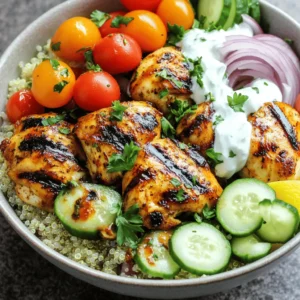 - 2 boneless, skinless chicken thighs - 1 cup cooked quinoa or rice - Fresh vegetables: cherry tomatoes, cucumber, red onion - Sauce options: plain yogurt or tahini The chicken thighs are the star here. They bring rich flavor and juiciness. You can use either quinoa or rice as the base. I prefer quinoa for its nutty taste and added protein. Fresh veggies add crunch and color. Cherry tomatoes burst with sweetness, while cucumber and red onion provide a refreshing bite. For the sauce, choose either plain yogurt for creaminess or tahini for a nutty twist. - Ground cumin - Ground coriander - Smoked paprika - Turmeric - Cinnamon - Garlic - Salt and pepper - Extra virgin olive oil The spices are key to making this dish shine. Ground cumin and coriander create warmth. Smoked paprika gives a subtle smokiness. Turmeric adds a vibrant color and a hint of earthiness. Cinnamon lends a warm sweetness, while garlic packs a punch. Extra virgin olive oil helps the spices cling to the chicken and adds healthy fat. - Fresh parsley - Lemon juice for zest Garnishing your bowl is simple yet effective. Fresh parsley adds a pop of green and freshness. A squeeze of lemon juice brightens the flavors and adds zest. It’s these little touches that make your Chicken Shawarma Bowl look and taste gourmet. For the full recipe, check out the detailed steps to create this delightful dish! To start, I make the marinade. In a mixing bowl, I whisk together the following: - 2 tablespoons extra virgin olive oil - 1 teaspoon ground cumin - 1 teaspoon ground coriander - 1 teaspoon smoked paprika - 1/2 teaspoon ground turmeric - 1/2 teaspoon ground cinnamon - 2 cloves garlic, finely minced - Salt and pepper, to taste Once mixed, I coat the chicken thighs well in this marinade. Then, I cover the bowl and place it in the fridge. I let it marinate for at least 30 minutes. This step really boosts the flavor. Next, I move on to cooking the chicken. I preheat my grill or skillet over medium-high heat. Once hot, I add the marinated chicken thighs. I cook them for about 5-7 minutes on each side. I check to make sure they are fully cooked. The chicken should be golden brown and juicy. After cooking, I take it off heat and let it rest for about 5 minutes. This helps keep the juices in. While the chicken cooks, I prepare the base. If I'm using quinoa, I rinse it under cold water first. This removes any bitterness. Then, I cook it according to the package instructions. If I choose rice, I cook it until it's fluffy and well done. Either way, this base adds a nice texture to the bowl. For the full recipe, you can refer to the earlier section. To get the perfect char on your chicken, heat your grill or skillet until it's hot. This helps create a nice sear. Cook the chicken thighs for about 5-7 minutes on each side. Look for a golden-brown crust. This adds flavor and texture. Resting your chicken after cooking is key. Let it sit for 5 minutes. This keeps the juices inside, making it tender and juicy. It’s a simple step, but it makes a big difference. When cutting vegetables, use a sharp knife for clean cuts. Halve the cherry tomatoes, dice the cucumber, and slice the red onion thinly. Arrange them on your plate in a colorful way. This makes your bowl look fresh and inviting. For extra freshness, choose ripe tomatoes and crisp cucumbers. Wash all vegetables thoroughly to remove dirt and pesticides. Fresh ingredients add taste and nutrition to your dish. You can customize your yogurt or tahini sauce easily. For a yogurt sauce, mix plain yogurt with lemon juice and a pinch of salt. For tahini, whisk tahini with lemon juice and a bit of water until smooth. Want to spice things up? Try adding a pinch of cayenne or smoked paprika to your sauce. These small tweaks can elevate the flavor of your Chicken Shawarma Bowl. Feel free to experiment and find what you love best. For the full recipe, check out the Chicken Shawarma Bowl. {{image_4}} For those of you seeking a meat-free meal, there are great substitutes. You can swap chicken for grilled vegetables. Think zucchini, bell peppers, or eggplant. These veggies bring a nice char and flavor. Another option is falafel. These tasty chickpea balls add crunch and protein. You could also try tempeh or tofu for more plant-based protein. Each option offers a unique twist on a classic dish. Let’s explore how to change up the flavors. You can try different marinades or spice mixes. For a zesty kick, add lemon zest or a pinch of cayenne. Want a smoky flavor? Use smoked paprika or chipotle. You can also enhance your bowl with toppings. Feta cheese adds creaminess, while olives bring a salty punch. Pickled vegetables offer a tangy contrast to the rich chicken. Mixing these flavors keeps each meal exciting and fresh. A Chicken Shawarma Bowl pairs well with tasty sides. Hummus is always a hit. It’s smooth, creamy, and full of flavor. Tabbouleh is another great choice. This fresh salad adds a burst of herbs and lemon. If you want something heartier, serve pita bread on the side. It’s perfect for scooping up the bowl's goodness. For drinks, try a refreshing mint lemonade or a light herbal tea. These beverages enhance the flavors and create a complete meal experience. To store your chicken shawarma bowl, first, let it cool down. Place leftovers in an airtight container. This keeps the flavors fresh. You can store it in the fridge for up to three days. After three days, the taste and texture might change. When you want to enjoy leftovers, reheating is key. You can use the microwave or stovetop. If using a microwave, heat in short bursts to avoid overcooking the chicken. Stir the grains to heat evenly. For stovetop reheating, add a splash of water in a pan and cover. This keeps the chicken moist. If you want to save the chicken shawarma bowl for later, freezing is a good option. Use freezer-safe containers to store it. Be sure to label the containers with the date. For best quality, eat within three months. To thaw, move the bowl to the fridge overnight. Reheat as mentioned above to enjoy the flavors again. Remember, proper storage keeps your meal tasty and safe to eat! For more details, check the Full Recipe. Chicken shawarma is a Middle Eastern dish. It features marinated chicken cooked on a rotating spit. As it cooks, the chicken becomes tender and full of flavor. You can often find this dish wrapped in pita or served with rice. Shawarma has roots in Levantine cuisine, which includes countries like Lebanon and Syria. It reflects a mix of spices, herbs, and a rich history of street food. Yes, you can prepare parts of the chicken shawarma bowl ahead. Marinate the chicken in advance to save time. You can chop the veggies and cook your grains too. Store them separately in the fridge. When you're ready to eat, just assemble the bowl. This makes it easy to enjoy a healthy meal. If you don’t have quinoa or rice, try couscous or cauliflower rice. Couscous cooks quickly and adds a nice texture. Cauliflower rice is a low-carb option with a light flavor. You can also use bulgur or farro for a different taste. These alternatives keep the dish exciting and flavorful. Yes, the chicken shawarma bowl is healthy. It has lean protein from the chicken. The veggies add fiber, vitamins, and minerals. Quinoa or rice gives you healthy carbs to fuel your body. The yogurt or tahini sauce adds healthy fats. Together, they make a balanced meal. It’s also low in calories if you manage portion sizes. To find the best chicken shawarma bowl, check local Middle Eastern restaurants. Many offer authentic shawarma with fresh ingredients. You can also look for food trucks that serve Middle Eastern dishes. Online reviews can help you find popular spots nearby. Don't hesitate to ask friends for their favorites too! In this article, we explored the Chicken Shawarma Bowl's essential ingredients, cooking tips, and variations. You learned how to marinade chicken, prepare quinoa or rice, and enhance flavors with sauces. Remember to adjust spices and garnishes to suit your taste. The Chicken Shawarma Bowl is versatile and can be tailored for any diet. This meal is not just tasty; it can also be healthy. Enjoy making this dish, and feel free to get creative with it.