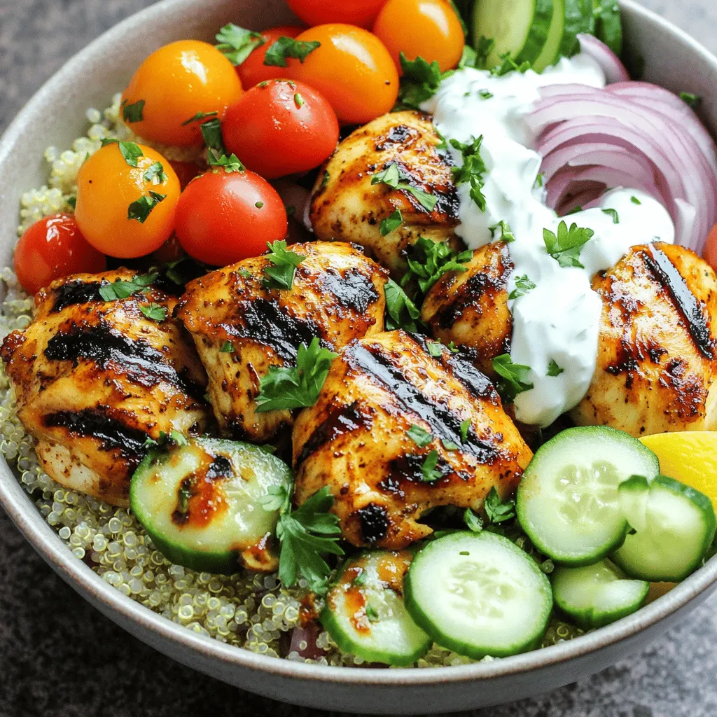 - 2 boneless, skinless chicken thighs - 1 cup cooked quinoa or rice - Fresh vegetables: cherry tomatoes, cucumber, red onion - Sauce options: plain yogurt or tahini The chicken thighs are the star here. They bring rich flavor and juiciness. You can use either quinoa or rice as the base. I prefer quinoa for its nutty taste and added protein. Fresh veggies add crunch and color. Cherry tomatoes burst with sweetness, while cucumber and red onion provide a refreshing bite. For the sauce, choose either plain yogurt for creaminess or tahini for a nutty twist. - Ground cumin - Ground coriander - Smoked paprika - Turmeric - Cinnamon - Garlic - Salt and pepper - Extra virgin olive oil The spices are key to making this dish shine. Ground cumin and coriander create warmth. Smoked paprika gives a subtle smokiness. Turmeric adds a vibrant color and a hint of earthiness. Cinnamon lends a warm sweetness, while garlic packs a punch. Extra virgin olive oil helps the spices cling to the chicken and adds healthy fat. - Fresh parsley - Lemon juice for zest Garnishing your bowl is simple yet effective. Fresh parsley adds a pop of green and freshness. A squeeze of lemon juice brightens the flavors and adds zest. It’s these little touches that make your Chicken Shawarma Bowl look and taste gourmet. For the full recipe, check out the detailed steps to create this delightful dish! To start, I make the marinade. In a mixing bowl, I whisk together the following: - 2 tablespoons extra virgin olive oil - 1 teaspoon ground cumin - 1 teaspoon ground coriander - 1 teaspoon smoked paprika - 1/2 teaspoon ground turmeric - 1/2 teaspoon ground cinnamon - 2 cloves garlic, finely minced - Salt and pepper, to taste Once mixed, I coat the chicken thighs well in this marinade. Then, I cover the bowl and place it in the fridge. I let it marinate for at least 30 minutes. This step really boosts the flavor. Next, I move on to cooking the chicken. I preheat my grill or skillet over medium-high heat. Once hot, I add the marinated chicken thighs. I cook them for about 5-7 minutes on each side. I check to make sure they are fully cooked. The chicken should be golden brown and juicy. After cooking, I take it off heat and let it rest for about 5 minutes. This helps keep the juices in. While the chicken cooks, I prepare the base. If I'm using quinoa, I rinse it under cold water first. This removes any bitterness. Then, I cook it according to the package instructions. If I choose rice, I cook it until it's fluffy and well done. Either way, this base adds a nice texture to the bowl. For the full recipe, you can refer to the earlier section. To get the perfect char on your chicken, heat your grill or skillet until it's hot. This helps create a nice sear. Cook the chicken thighs for about 5-7 minutes on each side. Look for a golden-brown crust. This adds flavor and texture. Resting your chicken after cooking is key. Let it sit for 5 minutes. This keeps the juices inside, making it tender and juicy. It’s a simple step, but it makes a big difference. When cutting vegetables, use a sharp knife for clean cuts. Halve the cherry tomatoes, dice the cucumber, and slice the red onion thinly. Arrange them on your plate in a colorful way. This makes your bowl look fresh and inviting. For extra freshness, choose ripe tomatoes and crisp cucumbers. Wash all vegetables thoroughly to remove dirt and pesticides. Fresh ingredients add taste and nutrition to your dish. You can customize your yogurt or tahini sauce easily. For a yogurt sauce, mix plain yogurt with lemon juice and a pinch of salt. For tahini, whisk tahini with lemon juice and a bit of water until smooth. Want to spice things up? Try adding a pinch of cayenne or smoked paprika to your sauce. These small tweaks can elevate the flavor of your Chicken Shawarma Bowl. Feel free to experiment and find what you love best. For the full recipe, check out the Chicken Shawarma Bowl. {{image_4}} For those of you seeking a meat-free meal, there are great substitutes. You can swap chicken for grilled vegetables. Think zucchini, bell peppers, or eggplant. These veggies bring a nice char and flavor. Another option is falafel. These tasty chickpea balls add crunch and protein. You could also try tempeh or tofu for more plant-based protein. Each option offers a unique twist on a classic dish. Let’s explore how to change up the flavors. You can try different marinades or spice mixes. For a zesty kick, add lemon zest or a pinch of cayenne. Want a smoky flavor? Use smoked paprika or chipotle. You can also enhance your bowl with toppings. Feta cheese adds creaminess, while olives bring a salty punch. Pickled vegetables offer a tangy contrast to the rich chicken. Mixing these flavors keeps each meal exciting and fresh. A Chicken Shawarma Bowl pairs well with tasty sides. Hummus is always a hit. It’s smooth, creamy, and full of flavor. Tabbouleh is another great choice. This fresh salad adds a burst of herbs and lemon. If you want something heartier, serve pita bread on the side. It’s perfect for scooping up the bowl's goodness. For drinks, try a refreshing mint lemonade or a light herbal tea. These beverages enhance the flavors and create a complete meal experience. To store your chicken shawarma bowl, first, let it cool down. Place leftovers in an airtight container. This keeps the flavors fresh. You can store it in the fridge for up to three days. After three days, the taste and texture might change. When you want to enjoy leftovers, reheating is key. You can use the microwave or stovetop. If using a microwave, heat in short bursts to avoid overcooking the chicken. Stir the grains to heat evenly. For stovetop reheating, add a splash of water in a pan and cover. This keeps the chicken moist. If you want to save the chicken shawarma bowl for later, freezing is a good option. Use freezer-safe containers to store it. Be sure to label the containers with the date. For best quality, eat within three months. To thaw, move the bowl to the fridge overnight. Reheat as mentioned above to enjoy the flavors again. Remember, proper storage keeps your meal tasty and safe to eat! For more details, check the Full Recipe. Chicken shawarma is a Middle Eastern dish. It features marinated chicken cooked on a rotating spit. As it cooks, the chicken becomes tender and full of flavor. You can often find this dish wrapped in pita or served with rice. Shawarma has roots in Levantine cuisine, which includes countries like Lebanon and Syria. It reflects a mix of spices, herbs, and a rich history of street food. Yes, you can prepare parts of the chicken shawarma bowl ahead. Marinate the chicken in advance to save time. You can chop the veggies and cook your grains too. Store them separately in the fridge. When you're ready to eat, just assemble the bowl. This makes it easy to enjoy a healthy meal. If you don’t have quinoa or rice, try couscous or cauliflower rice. Couscous cooks quickly and adds a nice texture. Cauliflower rice is a low-carb option with a light flavor. You can also use bulgur or farro for a different taste. These alternatives keep the dish exciting and flavorful. Yes, the chicken shawarma bowl is healthy. It has lean protein from the chicken. The veggies add fiber, vitamins, and minerals. Quinoa or rice gives you healthy carbs to fuel your body. The yogurt or tahini sauce adds healthy fats. Together, they make a balanced meal. It’s also low in calories if you manage portion sizes. To find the best chicken shawarma bowl, check local Middle Eastern restaurants. Many offer authentic shawarma with fresh ingredients. You can also look for food trucks that serve Middle Eastern dishes. Online reviews can help you find popular spots nearby. Don't hesitate to ask friends for their favorites too! In this article, we explored the Chicken Shawarma Bowl's essential ingredients, cooking tips, and variations. You learned how to marinade chicken, prepare quinoa or rice, and enhance flavors with sauces. Remember to adjust spices and garnishes to suit your taste. The Chicken Shawarma Bowl is versatile and can be tailored for any diet. This meal is not just tasty; it can also be healthy. Enjoy making this dish, and feel free to get creative with it.